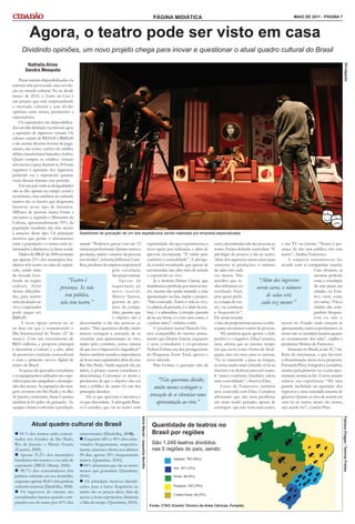 PÁGINA MIDIÁTICA                                        MAIO DE 2011 - PÁGINA 7



          Agora, o teatro pode ser visto em casa
     Dividindo opiniões, um novo projeto chega para inovar e questionar o atual quadro cultural do Brasil
        Nathalia Alves




                                                                                                                                                                                                                 Divulgação
       Sandra Mesquita

     Peças teatrais disponibilizadas via
internet têm provocado uma revolu-
ção no mundo cultural. No ar, desde
março de 2010, o Teatro em Casa é
um projeto que está surpreendendo
o mercado cultural e tem divido
opiniões entre atores, produtores e
espectadores.
     Os espetáculos são disponibiliza-
dos em alta definição via internet após
a aquisição de ingressos virtuais. Os
valores variam de R$10,00 a R$40,00
e são aceitas diversas formas de paga-
mento, tais como: cartões de crédito,
débito, transferência bancária e boleto.
Quem compra os créditos virtuais
tem acesso à peça durante as 24 horas
seguintes à aquisição dos ingressos,
podendo ver o espetáculo quantas
vezes desejar durante esse período.
     Em um país onde as desigualdades
não se dão apenas no campo social e
econômico, mas também no cultural,
muitos são os fatores que despertam
interesse nesse tipo de iniciativa.
Milhares de pessoas nunca foram a
um teatro e, segundo o Ministério da
Cultura, aproximadamente 95% da
população brasileira não têm acesso
a atrações desse tipo. Os principais Bastidores de gravação de um dos espetáculos sendo realizada por empresa especializada
motivos que geram o afastamento
entre a população e o teatro estão re- teatral. “Podemos gravar com até 12 regularidade, diz que experimentou a certo, desestimula a ida das pessoas ao e sim TV ou cinema. “Teatro é pre-
lacionados à distância e à classe social. câmeras profissionais. Quanto maior a nova opção por indicação, e além de teatro. Freitas defende outra ideia. “É sença. Se não tem público, não tem
     Dados do IBGE de 2006 mostram produção, maior o número de pessoas aprovar, recomenda. “É válido pelo privilégio de poucos a ida ao teatro. teatro”, finaliza Francesco.
que apenas 21% dos municípios bra- envolvidas”, informa Jefferson Casti- conforto e comodidade”. A advoga- Além dos ingressos serem caros para                          A empresa transmissora fez
sileiros têm teatro ou salas de espetá- lhos, produtor da empresa responsável da conclui ressaltando que apesar de sustentar as produções, o número acordo com as companhias teatrais.
culo, sendo mais                                              pela veiculação recomendar, não abre mão de assistir de salas está cada                                                   Caso desejem, as
da metade loca-                                               das peças teatrais. o espetáculo ao vivo.                     vez menor. Não                                              mesmas poderão
lizada na região                    “Teatro é                     Apesar da                Já a dentista Denise Garcia, que acredito que te-            “Além dos ingressos             vetar a veiculação
sudeste. Além                   presença. Se não              inquietação no abandonou a profissão por amor ao tea- nha influência no                 serem caros, o número             de suas peças nas
dessas dificulda-                                             m e i o t e a t r a l , tro, mesmo não tendo assistido a uma resultado final,                                             cidades ou Esta-
des, para assistir                 tem público,               Márcio Santos, apresentação on line, rejeita o projeto: pois quem prefe-                      de salas está               dos onde estão
uma produção ao                 não tem teatro.”              gerente de pro- “Não concordo. Teatro é vida ao vivo, re a magia do tea-                   cada vez menor.”               em cartaz. “Fica a
vivo, o espectador                                            jetos da compa- é a plateia ali presente, é o abrir da cor- tro, vai continuar                                            critério das com-
pode pagar até                                                nhia, garante que tina, é a adrenalina, a emoção passada a frequentá-lo”.                                                 panhias bloquea-
R$80,00.                                                      o objetivo não é ali na sua frente, é o erro sem cortes, é Ele ainda ressalta                                             rem ou não o
      A nova opção entrou no ar desestimular a ida das pessoas ao o pulsar único”, enfatiza a atriz.                        o fato de proporcionar acesso à cultu- acesso no Estado onde estejam se
na data em que é comemorado o teatro: “Não queremos dividir, muito                         O produtor teatral Marcelo Go- ra para um número maior de pessoas. apresentando, assim as produtoras e os
Dia Internacional do Teatro (27 de menos extinguir a sensação de se mes compartilha do mesmo pensa-                             Há também quem aponte o lado atores não se sentiriam lesados quanto
março). Com um investimento de vivenciar uma apresentação ao vivo, mento que Denise Garcia, enquanto positivo e o negativo. Elisa Carneiro, ao esvaziamento dos salas”, explica a
R$10 milhões, a proposta principal muito pelo contrário, temos ciência o ator, comediante e co-produtor atriz, afirma que ao mesmo tempo produtora Mônica de Francesco.
é incentivar a cultura e a arte, além de que isso é impossível e inigualável.” Nelson Freitas, um dos protagonistas em que serve como forma de divul-                   Somente no Brasil, já são 41,7 mi-
de promover a inclusão sociocultural Santos também ressalta a importância do Programa Zorra Total, aprova o gação, traz um risco para os artistas. lhões de internautas, o que favorece
e criar o primeiro acervo digital de de levar esses espetáculos além do eixo novo método.                                   “Ao se transmitir a peça na íntegra, a disseminação dessa nova proposta.
teatro do Brasil.                         Rio-São Paulo. Ainda segundo ele, no             Para Gomes, a gravação não dá se torna muito mais cômodo vê-la na Fernanda Pires, fotógrafa e jornalista,
     As peças são gravadas com plateia início, o projeto causou estranheza e                                                internet a se deslocar para um teatro. assistiu pela primeira vez a uma apre-
e os equipamentos utilizados são espe- desconfiança. Convencer os atores e                                                  E vamos combinar, brasileiro adora sentação teatral on line. A nova usuária
cíficos para não atrapalhar o desempe- produtores de que o objetivo não era                   “Não queremos dividir,        uma comodidade”, observa Elisa.         relatou sua experiência: “Há uma
nho dos atores. As captações das ima- tirar o público do teatro foi um dos                 muito menos extinguir a              Lucas de Francesco, também grande facilidade na aquisição dos
gens ocorrem em São Paulo e no Rio principais desafios.                                                                     ator, concorda com Elisa. Completa ingressos e uma variedade enorme de
de Janeiro, entretanto, Santa Catarina       Há os que aprovam a iniciativa e           sensação de se vivenciar uma afirmando que não teria problema gêneros. Quanto ao fato de assistir em
também já foi palco de gravação. As os que discordam. A advogada Bian-                       apresentação ao vivo.”         em atuar sendo gravado, apesar de casa ou no teatro, atores são atores,
equipes variam conforme a produção ca Coutinho, que vai ao teatro com                                                       contrapor que não seria mais teatro, seja aonde for”, conclui Pires.
                                                                                Aline Maciel / Jaqueline Bonfim




                                                                                                                                                                                                             Fabiana Chagas / Tamires Freitas




           Atual quadro cultural do Brasil                                                                         Quantidade de teatros no
  54 % dos teatros estão concen-        entrevistados (Datafolha, 2008).                                          Brasil por regiões
 trados nos Estados de São Paulo,         Enquanto 68% e 40% dos entre-
 Rio de Janeiro e Minais Gerais          vistados frequentaram, respectiva-                                        São 1.249 teatros divididos
 (Funarte, 2009).                        mente, cinemas e shows nos últimos                                        nas 5 regiões do país, sendo:
  Apenas 21,2% dos municípios           90 dias, apenas 25% frequentaram
 brasileiros têm teatros e/ou salas de   teatros (Quantinet, 2010).
 espetáculo (IBGE/Munic, 2006).           84% afirmaram que vão ao teatro
  98,7% dos consumidores têm            menos que gostariam (Quantinet,
 práticas culturais em seu domícilio,    2010).
 enquanto apenas 40,6% têm práticas       Os principais motivos identifi-
 culturais externas (Datafolha, 2008).   cados para a baixa frequência ao
  Os ingressos de cinema são            teatro são os preços altos, falta de
 considerados baratos quando com-        acesso a bons espetáculos, distância
 parados aos do teatro por 41% dos       e falta de tempo (Quantinet, 2010).
                                                                                                                  Fonte: CTAC (Centro Técnico de Artes Cênicas, Funarte)
 