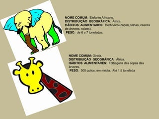 NOME COMUM:  Elefante Africano.DISTRIBUIÇÃO  GEOGRÁFICA:  África.HÁBITOS  ALIMENTARES:  Herbívoro (capim, folhas, cascas de árvores, raízes). PESO:  de 6 a 7 toneladas.NOME COMUM: Girafa.DISTRIBUIÇÃO  GEOGRÁFICA:  África.HÁBITOS  ALIMENTARES:  Folhagens das copas das árvores. PESO:  500 quilos, em média.  Até 1,9 tonelada.