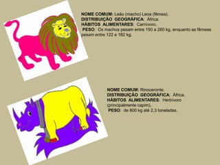 NOME COMUM: Leão (macho) Leoa (fêmea).DISTRIBUIÇÃO  GEOGRÁFICA:  África.HÁBITOS  ALIMENTARES:  Carnívoro. PESO:  Os machos pesam entre 150 a 260 kg, enquanto as fêmeas pesam entre 122 e 182 kg.NOME COMUM: Rinoceronte.DISTRIBUIÇÃO  GEOGRÁFICA:  África.HÁBITOS  ALIMENTARES:  Herbívoro (principalmente capim). PESO:  de 800 kg até 2,3 toneladas.