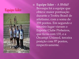 Equipe líder
 Equipe líder – A BM&F
Bovespa foi a equipe que
obteve maior pontuação
durante o Troféu Brasil de
atletismo, com a soma de
359 pontos. Em segundo e
terceiro lugar vieram o
Esporte Clube Pinheiros,
que ficou com 135, e a
Orcampi Unimed, terceira
posição com 97 pontos,
respectivamente.
 