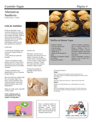 Cantinho Veggie                                                                                                                 Página 4
Alternativas
Saudáveis
by Marta Dias, 12º HLH




Leite de Amêndoa
O leite de amêndoas é uma
excelente alternativa ao leite de
vaca e um componente saudável
para qualquer smoothie, shake ou
até no cereais da manhã. As
amêndoas são livres de glúten,
possuem baixo teor de                                                      Muffins de Banana Vegan
carboidratos e promovem um
bom equilíbrio do colesterol.
                                                                           3 bananas maduras                         Tritura as bananas. Adiciona o
Como fazer:                                                                1/4 de um copo de óleo                    óleo e o açucar. Mistura bem.
                                                                           1 copo de açucar                          Peneira a farinha, o sal, e a
1.5 chavena de Amendoas cruas       Leite de coco                          2 copos de farinha                        bicarbonato e juntar a mistura
4 chavenas de água filtrada ou                                             1 pitada de sal                           de banana. Misturar tudo muito
mineral                             Para fazer o leite de coco é           1 pitada de bicarbonato de                bem até a farinha desaparecer
1/2 de essência ou extrato de       necessário uma chavena de coco         sódio                                     (não bater).
baunilha.                           ralado e 4 chávenas de água            Manteiga ou margarina vegetal             Untar as forminhas e colocar a
                                    mineral. Não é necessário deixar       (ex: Planta)                              mistura. Levar ao forno até o
- Deixa as amendoas em água         o coco em água e a partir daqui o      Formas para muffins                       palito sair seco.
durante cerca de 12 horas. Isto é   processo é o mesmo. Triturar.
opcional pois serve apenas para     Coar tudo muito bem, juntar a
amaciá-las para haver um melhor     baunilha e adoçar a gosto.
resultado.
                                    O leite de coco pode ser
 Tritura as amêndoas num            guardado até dois dias no                   Condicionador Orgânico
liquidificador com as 4 chavenas    frigorífico.                                Step 1
de água mineral.                                                                Mete 1/2 chávena de mel orgânico numa taça que possa ir ao
                                                                                microondas. Aquece o mel durante alguns segundos de modo a torná-lo
Para coar utiliza um coador muito                                               mais maleável.
fino ou um pano limpo. Este                                                     Step 2
passo é muito importante, pois                                                  Adiciona 1 chávena de azeite extra– virgem ao mel e mexe bem.
evitará que bebas o leite com a                                                 Step 3
polpa da amêndoa, algo muito                                                    Massaja o teu cabelo húmido com o condicionador, da raiz até ás
desagradável.                                                                   pontas.
                                                                                Step 4
                                                                                Allow the conditioner to remain on your hair for an hour. Rinse your
Depois de coado, junta a baunilha                                               hair and wash it lightly with organic shampoo to remove all traces of
e adoça a gosto.                                                                oil and honey.

O leite amêndoa pode ser
armazenado de 4 a 7 dias,
tapado e no frigorifico.



                                                       Esta é a primeira edição do
                                                       nosso Jornal. Se quiseres
                                                       participar, podes enviar
                                                       artigos ou ideias que tenhas
                                                       para o mail da associação (ae
                                                       -listag@ hotmail.com).
 