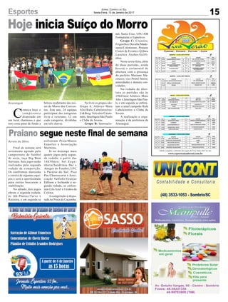 Hoje inicia Suíço do Morro
15Esportes Jornal Correio do Sul
Sexta-Feira, 13 de Janeiro de 2017
Final de semana será
novamente agitado pelo
campeonato de futebol
de areia, taça Big Bom
Sorvetes. Seis jogos serão
realizados pela segunda
rodada da competição.
Os confrontos marcarão
a estreia de algumas equi-
pes e será a oportunidade
para outras buscarem a
reabilitação.
No sábado, dois jogos
abrem a segunda rodada,
às 16h Plantec/Turvo x
Raizeira, e em seguida se
C
omeça hoje o
c a m p e o n a t o
disputado em
um local charmoso e que
tem como pano de fundo a
Arroio do Silva
Araranguá
enfrentam Praia/Manos
Esportes x Associação
Marítimo.
Já no domingo mais
quatro jogos pela segun-
da rodada, a partir das
14h30min: Sel Enge-
nharia/Sandrinos Bar x
Amigos do Futebol; UFC
x Paraíso do Sul; Pica
Pau Churrascaria x Asso-
ciação Tubinho/Granjas
Edilson e fechando a se-
gunda rodada, se enfren-
tam Céu Azul x Unidos da
Colona.
A competição é dispu-
tada na Praia da Caçamba.
Praiano segue neste final de semana
beleza exuberante das noi-
tes do Morro dos Conven-
tos. Este ano, 24 equipes
participam das categorias
livre e veterano, 12 em
cada categoria, divididas
em três chaves.
Na livre os grupos são:
Grupo A: Atlético Mato
Alto/Rafa Cabeleireiros/
LukBerg Veículos/Carmi-
natti, Interlagos/São Paulo
e Clube de Jovens.
Grupo B: Internacio-
Tabela completa e cobertura dos jogos do Viva Verâo 2017 no site:
www.esporteamadorsul.com.br
nal, Santa Cruz, UFC/AM
Formaturas e Esportivo.
Grupo C: Cruzeiro,
Frigorífico Duvalle/Made-
sasso/Coloniense, Praiano
Centro de Evento e Q.Bara
Lanches Árabes/Golfi-
nhos.
Nesta sexta-feira, além
de duas partidas, ainda
haverá o cerimonial de
abertura com a presença
do prefeito Mariano Ma-
zzucco, vice Primo Júnior,
autoridades e demais con-
vidados.
Na rodada de aber-
tura as partidas são às
19h45min Atlético Mato
Alto x Interlagos/São Pau-
lo e em seguida se enfren-
tam o atual campeão Rafa
Cabeleireiros x Clube de
Jovens.
A realização e orga-
nização é da prefeitura de
Araranguá.
 
