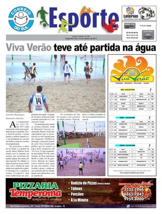 Viva Verão teve até partida na água
Jornal Correio do Sul
Segunda-Feira, 16 de Janeiro de 2017
Leandro Rodrigues
Balneário Gaivota
A
s competições
do Viva Ve-
rão 2017 estão
mostrando ainda mais quali-
dade do que o esperado. Nes-
te final de semana, o tempo
ajudou a prática esportiva e
o sol estampado no céu deu
um brilho a mais aos eventos
da programação.
Na sexta-feira, o show
foi no futsal, e o ginásio da
escola Darcy Ribeiro ficou
lotado com os amantes do
esporte que assistiram em
quadra alguns dos atletas de
liga nacional. No sábado, os
jogos foram na arena a beira
mar, com o futebol de areia
dando um espetáculo a parte.
O destaque foi a partida 6
Caneco x Coruja E.C., dois
times tradicionais nos cam-
peonatos da região.Aequipe
do 6 Caneco acabou levando
a melhor marcando 4 x 1 em
cima do Coruja.
No domingo pela manhã
os ciclistas tomaram conta
de Balneário Gaivota, ar-
rancando olhares e fotos dos
espectadores que os encon-
travam na rota traçada para
três categorias. Também no
domingo, a arena do futebol
de areia ficou lotada pelo
público que foi assistir os
jogos pelas categorias sub
16 e livre. O jogo transmiti-
do pela Rádio 93 FM, entre
Amigos da Boa esperança/
Brasil x Latão, foi de guer-
reiros. Metade do campo
estava coberto pela água
do mar, isso mesmo, o mar
invadiu a arena, e ainda as-
sim a partida não foi adiada,
dando uma adrenalina extra
ao espetáculo.
Os resultados do fim
de semana você encontra
na tabela abaixo. Notícias,
Tabela completa e cobertura dos jogos do Viva Verâo 2017 no site:
www.esporteamadorsul.com.br
11-21-31-49-65CONCURSO
4.284
QUINA 13/01
02-04-05-06-09
10-11-15-17-18
19-21-23-24-25
CONCURSO
1.461
LOTO FÁCIL
13/01
fotos e a tabela completa no
site www.esporteamadorsul.
com.br.
 