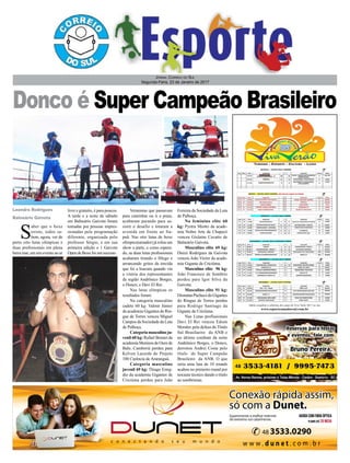 Donco é Super Campeão Brasileiro
Jornal Correio do Sul
Segunda-Feira, 23 de Janeiro de 2017
Leandro Rodrigues
Balneário Gaivota
S
aber que o boxe
existe, todos sa-
bem, agora, ver de
perto oito lutas olímpicas e
duas profissionais em plena
beira mar, em um evento ao ar
livre e gratuito, é para poucos.
A tarde e a noite de sábado
em Balneário Gaivota foram
tomadas por pessoas impres-
sionadas pela programação
diferente, organizada pelo
professor Sérgio, e em sua
primeira edição o 1 Gaivota
Open de Boxe foi um sucesso .
Veranistas que passavam
para caminhar ou ir a praia,
acabaram parando para as-
sistir o desafio e lotaram a
avenida em frente ao Ita-
puã. Nas oito lutas de boxe
olímpico(amador) já rolou um
show a parte, e como espera-
do, as duas lutas profissionais
acabaram tirando o fôlego e
arrancando gritos da torcida
que foi a loucura quando viu
a vitória dos representantes
da região Andrônico Borges,
o Donco, e Davi El Rei.
Nas lutas olímpicas os
resultados foram:
Na categoria masculino
cadete 60 kg: Valmir Júnior
da academia Gigantes do Rin-
gue de Torres venceu Miguel
Campos da Sociedade da Luta
de Palhoça.
Categoria masculino ju-
venil 60 kg: Rafael Bennet da
academia Meninos de Ouro de
Baln. Camboriú perdeu para
Kelven Lacerda do Projeto
100 Carência de Araranguá.
Categoria masculino
juvenil 69 kg: Thiago Emig-
dio da academia Gigantes de
Criciúma perdeu para João
Tabela completa e cobertura dos jogos do Viva Verâo 2017 no site:
www.esporteamadorsul.com.br
Ferreira da Sociedade da Luta
de Palhoça.
No feminino elite 60
kg: Pyetra Miotto da acade-
mia Nobre Arte de Chapecó
venceu Gislaine Cecatto de
Balneário Gaivota.
Masculino elite 69 kg:
Dieizi Rodrigues da Gaivota
venceu João Victor da acade-
mia Gigante de Criciúma.
Masculino elite 96 kg:
João Francisco de Sombrio
perdeu para Igor Silva da
Gaivota.
Masculino elite 91 kg:
DionatanPachecodoGigantes
do Ringue de Torres perdeu
para Rodrigo Santiago da
Gigante de Criciúma.
Nas Lutas profissionais
Davi El Rei venceu Edson
Morales pela defesa do Titulo
Sul Brasilaeiro da ANB e
no último combate da noite
Andrônico Borges, o Donco,
derrotou Andrei Costa pelo
título de Super Campeão
Brasileiro da ANB. O que
seria uma luta de 10 rounds
acabou no primeiro round por
nocaute técnico dando o título
ao sombriense.
 