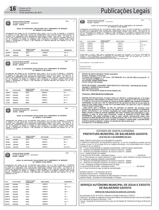 Publicações Legais16 CORREIO DO SUL
Quinta-feira,
18 de dezembro de 2014
LEI Nº 830, DE 17 DE DEZEMBRO DE 2014.
ABRE CRÉDITO ADICIONAL AO ORÇAMENTO VIGENTE.
O PREFEITO MUNICIPAL DE BALNEÁRIO GAIVOTA, no uso da competência privativa que lhe
confere o inciso V e VII do artigo 58 da Lei Orgânica Municipal, e em conformidade com o inciso II
do artigo 6º da Lei 759/2012,
Art. 1º Ficam suplementadas as dotações orçamentárias, conforme abaixo especiﬁcado:
15 – SERVIÇO AUTÔNOMO MUNICIP. DE ÁGUA E ESGOTO - SAMAE
01 – SERVIÇO AUTÔNOMO MUNICIP. DE ÁGUA E ESGOTO - SAMAE
2.031 – MANUTENÇÃO DO SAMAE
3.3.90.00.00.00.00.00.0080 – Aplicações Diretas...................................................190.000,00
Art. 2º Para atender ao crédito adicional no artigo anterior serão utilizados recursos oriundos de
anulações das seguintes dotações orçamentárias:
15 – SERVIÇO AUTÔNOMO MUNICIP. DE ÁGUA E ESGOTO - SAMAE
01 – SERVIÇO AUTÔNOMO MUNICIP. DE ÁGUA E ESGOTO - SAMAE
1.018 – Ampliação da Rede de Abastecimento de Água
4.4.90.00.00.00.00.00.0080 – Aplicações Diretas.................................................190.000,00
Art. 3º Esta Lei entra em vigor na data de sua publicação.
Balneário Gaivota, 17 de dezembro de 2014
Ronaldo Pereira da Silva - Prefeito Municipal
Publicada e registrada na Secretaria de Administração e Finanças na data supra.
Jeferson Raupp - Secretário de Administração e Finanças
ESTADO DE SANTA CATARINA
PREFEITURA MUNICIPAL DE BALNEÁRIO GAIVOTA
SERVIÇO AUTÔNOMO MUNICIPAL DE ÁGUA E ESGOTO
DE BALNEÁRIO GAIVOTA
ERRATA DE PUBLICAÇÃO DO AVISO DE LICITAÇÃO
Na publicação do dia 16/12/2014, referente ao Pregão Presencial nº 05/2014,
Onde se lê: “aquisição de reagentes químicos para análise da qualidade de água, para uso da Estação
de Tratamento de Água do Município – ETA”
Leia-se: “aquisição de produtos químicos, para uso da Estação de Tratamento de Água do Município
– ETA”.
 