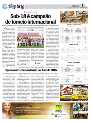é a permanência do Argel,
que segue com a gente, pois
dependiadaminhareeleição
– explicou Wilfredo.
Argel e Brillinger, ami-
gos pessoais também fora
de campo, seguem à frente
do futebol do Figueirense.A
expectativapassapelareno-
vação de atletas e também
pela chegada de reforços. O
mandatário, na última ter-
ça,quandoreeleito,garantiu
ao torcedor alvinegro uma
equipeforteparadefendero
título do Catarinense.
- O futebol tem pressa,
essa frase é do Argel, então
do júnior e Sub-17. O Tigre
conquistou o campeonato
de forma invicta. Foram
cincojogoscomquatrovitó-
rias e um empate. O clube
marcou nove gols e sofreu
apenas dois durante todo
torneio.
Na primeira fase, o
Criciúma derrotou de vi-
rada a Seleção do Para-
guai Sub-20 por 2 a 1,
venceu pelo placar de 1 a
0 o Lanus da Colômbia e
Sub-18écampeão
detorneiointernacional
Política 3CORREIO DO SUL
Quinta-feira,
18 de dezembro de 2014
OSub-18 do Crici-
úma conquistou
o Torneio Internacional
CentenárioGranate–Taça
Diamante, que foi disputa-
do na Argentina. A equipe
venceu na Final o Lanús
peloplacarde1a0nanoite
desta terça-feira. O gol da
vitóriaeotítuloparaoscri-
ciumenses foi do zagueiro
Alisson.Odueloocorreuno
estádio Ciudad de Lanús-
-Néstor Díaz Pére
Os jogadores de Tigre
lutaram durante toda a
partida e mais uma vez
tiveram um grande de-
sempenho. A conquista é
inédita para o clube, sendo
o primeiro título inter-
nacional da história do
Criciúma. O torneio foi or-
ganizado pelo Lanús, para
comemorarocentenáriodo
time argentino.
A competição foi Sub-
20 e a equipe criciumense
era formada por jogadores
Criciúma
O jogo
Geninho está em San-
toCom a reeleição de Wil-
fredo Brillinger, o técnico
Argel Fucks deve ﬁrmar,
nos próximos dias, a re-
novação de contrato com o
Figueirense. O treinador,
que havia demonstrado
o interesse em seguir no
time alvinegro para 2015
somente com a permanên-
cia do mandatário, como
previamente anunciado no
site do clube, agora poderá
dar continuidade ao traba-
lho de montagem de grupo
dotimeparaopróximoano.
- O que posso garantir
Figueiracorrecontraotempoportimede2015
Quadra poliesportiva está em fase final de conclusão e será entregue em janeiro a alunos e professores
Período eleitoral travou negócios da formulação da equipe. Clube conversa com atletas
temos que correr. Temos
que aportar recursos signi-
ﬁcativos para poder manter
algunsatletas,trazeroutros
e para fazer um grande Ca-
tarinense, Copa do Brasil,
a Sul-Americana deve cair
para a gente também e tem
o Brasileiro. Então são de-
saﬁos imensos. Temos que
ter um elenco qualiﬁcado, é
preciso o recurso ﬁnanceiro.
Vamos trabalhar – explicou
o presidente.
Agora,omomentodoFi-
gueirense é de correr contra
o tempo para poder seguir
comalgunsatletasqueestão
Praiano
Tabelas
Balneário Gaivota
goleou o Renato Cesarini,
da Argentina, por 4 a 0.
Na Semiﬁnal, venceu nos
pênaltisoF.C.Midtjylland,
da Dinamarca, por 4 a 3,
depois de ter empatado no
tempo normal em 1 a 1.
Na decisão, vitoria de 1 a
0 sobre os donos da casa.
No primeiro tempo o
jogo foi bem movimentado.
As duas equipes criaram
algumas chances de gols. O
Tigre quase abriu o placar
aos 12 minutos. O atacante
Luiz Eduardo recebeu na
entrada da área e arriscou
um chute, mas a bola bateu
no travessão e em cima da
linha.Nasequênciaogoleiro
defendeu.Noﬁnaldaetapa,
o lateral esquerdo Marlon
cobrouescanteioeozagueiro
Alisson cabeceou no canto
esquerdo do goleiro, que
espalmou para o lado.
OgoldoTigresaiulogo
aos 10 minutos da segun-
da etapa. Marlon cobrou
falta na direita e Alisson
cabeceou para o fundo das
redes.Aos 28 o Lanus qua-
seempatouoduelo.Depois
de chute no canto direito,
David defendeu para es-
canteio. Na reta final do
jogo, a equipe criciumense
conseguiu segurar o resul-
tado com muito empenho
dosjogadoresnamarcação.
em término de contrato ou
têm alguma proposta para
deixar o Alvinegro. Nomes
como Tiago Volpi, Thiago
Heleno, Roberto Cerece-
da, França, Paulo Roberto,
Rivaldo estão na pauta da
diretoria para renovação ou
então dispensa.
- Temos dois atletas
que saíram oficialmente,
o Marco Antônio, que teve
umapropostairrecusáveldo
mundo árabe, e o Giovanni
Augusto, que oAtlético-MG
quis ele de volta. De resto,
estamos negociando – res-
saltou.
 