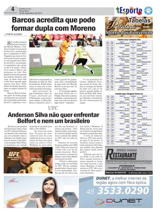 > PORTO ALEGRE
Sem receber proposta
oﬁcialatéomomento
por Marcelo Moreno, o Grê-
miosevêcadavezmaisperto
de ﬁcar com o centroavante
para a temporada de 2015.
O jogador, que atuou no Cru-
zeiro neste ano que se encer-
ra, tem contrato com o Trico-
lor até 2016 e, em princípio,
se reapresenta com o grupo
no dia 8 de janeiro. Assim,
irá se juntar a Barcos, que
permanece no clube. Dois
jogadores da mesma posição
que poderão disputar uma
vaga, ou então atuar lado
a lado. Essa segunda opção
aparece com força. Tanto
dentro da direção gremista,
como na própria opinião do
Pirata.
Barcos e Moreno já ﬁze-
ram parte do mesmo grupo
noGrêmioporumcurtoperí-
odo.Contratadoemfevereiro
de 2013, o argentino e viu o
4 CORREIO DO SUL
Terça-feira,
30 de dezembro de 2014
UFC
Barcosacreditaquepode
formarduplacomMoreno
boliviano ser emprestado ao
Flamengo no ﬁnal de abril
domesmoano.Porém,foram
raras as vezes que os dois
estiveram juntos em campo.
Após participar do
jogo beneficente Lance de
Craque, idealizado por
D’Alessandro, e que ocorreu
neste sábado, no Beira-Rio,
Barcos comentava sobre o
Praiano
Tabelas
Morro dos Conventos
Futebol suíço Categoria livre
Data Hora Equipe “A” Resultado Equipe “B”
09.01 20:00 Coloniense/Madesasso/Duvall X Inter/Lojas Fátima
09.01 21:00 Interlagos X Golfinhos
Data Hora Equipe “A” Resultado Equipe “B”
14.01 20:00 Cruzeiro X Areti/Duvalle
14.01 21:00 Innal/Esportivo X Rafa Cabel/Centro Eventos Praiano
Data Hora Equipe “A” Resultado Equipe “B”
16.01 20:00 Z’Féras Pinturas X Independente
16.01 21:00 Santa Cruz/Cia do Sapato X Catarinense/Imbrasilos
Data Hora Equipe “A” Resultado Equipe “B”
21.01 20:00 Inter/Lojas Fátima X Interlagos
21.01 21:00 Golfinhos X Coloniense/Madesasso/Duvalle
Data Hora Equipe “A” Resultado Equipe “B”
23.01 20:00 Rafa Cabel/Centro Eventos Praiano X Areti/Duvalle
23.01 21:00 Innal/Esportivo X Cruzeiro
Data Hora Equipe “A” Resultado Equipe “B”
28.01 20:00 Catarinense/Imbrasilos X Z’Féras Pinturas
28.01 21:00 Independente X Santa Cruz/Cia do Sapato
Data Hora Equipe “A” Resultado Equipe “B”
30.01 20:00 Inter/Lojas Fátima X Golfinhos
30.01 21:00 Coloniense/Madesasso/Duvall X Interlagos
Data Hora Equipe “A” Resultado Equipe “B”
04.02 20:00 Rafa Cabel/Centro Eventos Praiano X Cruzeiro
04.02 21:00 Areti/Duvalle X Innal/Esportivo
Data Hora Equipe “A” Resultado Equipe “B”
06.02 20:00 Catarinense/Imbrasilos X Independente
06.02 21:00 Santa Cruz/Cia do Sapato X Z’Féras Pinturas
Futebol suíço Categoria Veteranos
Data Hora Equipe “A” Resultado Equipe “B”
13.01 20:00 Bom Jesus X Bola Faceira
13.01 21:00 Santiago X Unidos Coloninha
Data Hora Equipe “A” Resultado Equipe “B”
15.01 20:00 Amigos Barranca/Tia Vena/Arabrinde X Sapiranga
15.01 21:00 Areti X Interlagos
Data Hora Equipe “A” Resultado Equipe “B”
20.01 20:00 Céu Azul X União
20.01 21:00 Ponta de Estoque/JVJ Segurança X Amigos
Data Hora Equipe “A” Resultado Equipe “B”
22.01 20:00 Bola Faceira X Santiago
22.01 21:00 Unidos Coloninha X Bom Jesus
Data Hora Equipe “A” Resultado Equipe “B”
27.01 20:00 Interlagos X Amigos Barranca/Tia Vena/Arabrindes
27.01 21:00 Sapiranga X Areti
Data Hora Equipe “A” Resultado Equipe “B”
29.01 20:00 União X Ponta de Estoque/JVJ Segurança
29.01 21:00 Amigos X Céu Azul
Data Hora Equipe “A” Resultado Equipe “B”
03.02 20:00 Santiago X Bom Jesus
03.02 21:00 Bola Faceira X Unidos Coloninha
Data Hora Equipe “A” Resultado Equipe “B”
05.02 20:00 Areti X Amigos Barranca/Tia Vena/Arabrindes
05.02 21:00 Interlagos X Sapiranga
Data Hora Equipe “A” Resultado Equipe “B”
10.02 20:00 Ponta de Estoque/JVJ Segurança X Céu Azul
10.02 21:00 União X Amigos
Emmeioaoseuprocesso
de treinos para voltar a lutar
no UFC,Anderson Silvacon-
tou durante uma entrevista
que não pretende voltar a
enfrentar um lutador brasi-
leiro do circuito. O presiden-
te da entidade, Dana White,
já manifestou sua vontade
AndersonSilvanãoquerenfrentar
Belfortenemumbrasileiro
de promover um duelo entre
Silva e Vitor Belfort.
- Eu estou em outra
fase. Eu quero me reen-
contrar de novo. Se eu me
credenciar de novo e tiver a
chance de lutar pelo título
outra vez contra o Chris
Weidman, ou outro atleta
que não seja brasileiro, eu
lutaria com certeza - disse
Anderson Silva, mencionan-
do o nome do lutador que lhe
tirou o cinturão dos médios
no UFC 162, em julho de
2013.
Detentor do cinturão
dos pesos médios entre 2006
e 2013, Silva torce para que
o título volte a ser de um
lutador brasileiro. Weid-
man colocará o cinturão em
disputa contra Vitor Belfort
em fevereiro de 2015.
- O Vitor é o atleta mais
antigo ainda em atividade
no UFC. Ele foi campeão
quando tinha 19 anos, mere-
ce essa oportunidade. Acre-
dito que ele vai vencer essa
evento quando foi questio-
nado sobre a possibilidade
de jogar junto com Marcelo
Moreno no ano que vem. Vê
com bons olhos.
- É um grande jogador,
mas quem decide isso é o
Felipão.Nãotemosamesma
qualidade,amesmaformade
jogar, mas acho que dá para
jogar (junto) - respondeu.
O vice-presidente do
Grêmio, Adalberto Preis,
que assume de forma inte-
rina os encargos de futebol
do clube até o dia 21 de
janeiro, quando ﬁndam as
férias de Fábio Koff, decla-
rou em entrevista recente
que defendia a manutenção
dos dois centroavantes na
equipe.
luta contra o Weidman. O
Brasil precisa torcer para
ele. O título é um patrimônio
brasileiro, precisa ﬁcar aqui.
A volta de Anderson
Silva ao UFC está marca-
da para 31 de janeiro. O
brasileiro lutará contra o
norte-americano Nick Diaz,
que também está afastado
dos ringues desde março
de 2013.
Anderson está sem lu-
tar desde 12 de julho de
2013, quando fraturou a
perna esquerda ao tentar
um chute durante a luta
contra Weidman. O duelo
ocorreu no UFC 168 e era a
revanche de Silva contra o
norte-americano.
 