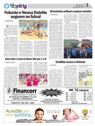 Silva, o Zé Fininho, sagra-
ram-se pentacampeões do
Jesc municipal ao vencer
a equipe da EEB Isabel
FloresHubbe,treinadapela
professora Consuelo pelo
placar de 3 a 0. Todos os jo-
goscontaramcomexcelente
participação das torcidas
organizadas pelas escolas
das equipes participantes.
Política 3Correio do Sul
Segunda-feira,
18 de maio de 2015
> ARARANGUÁ
Encerrou com suces-
so na sexta-feira,
na quadra do Ginásio de
Esportes Mário Canela, o
Bolha, a fase municipal dos
Jogos Escolares de Santa
Catarina, Jesc, modalidade
futsal.
Com 23 equipes repre-
sentando as entidades esco-
lares de Araranguá, sendo
12 do naipe masculino e 11
no feminino, a fase organi-
zada pela Subsecretaria de
Esportes do Governo Muni-
cipal revelou novos talentos
nacategoriade12a14anos.
“Vivenciamos grandes jogos
e isso nos leva a acreditar
que os vencedores farão
bonito na fase microrregio-
nal”, disse o diretor técnico
FuturãoeNeusaOstetto
seguemnofutsal
professor Joelso Matias.
Na primeira decisão
de sexta, pelo feminino, o
time do Colégio Futurão
aplicou uma goleada na
equipe do EBM. Otávio
Manoel Anastácio por 5 a
1. Na decisão do masculino,
os meninos da EEB Neusa
Ostetto Cardoso, sob o co-
mando do professor José da
> ARARANGUÁ
Pelo quinto ano conse-
cutivo, uma alusão ao pen-
tacampeonatogaúchodefu-
tebolconquistadopeloSport
Club Internacional, os gre-
mistas puxaram a carroça
dos colorados.Abrincadeira
mobilizou crianças, jovens,
adultos, homens e mulhe-
res e acabou contagiando
a população que circulava
pelo Centro de Araranguá
na manhã desse sábado.
Muitaspessoassaudarama
carreata,outrosregistraram
fotografias, fizeram buzina-
ço ou acenaram. Também
teveaquelesquedecoraram
suassacadascombandeiras
esímbolosdoInternacional.
Acarreata,queinicioue
encerrou em frente à Rádio
AraranguáAM1290contor-
nou à quadra situada entre
as avenidas 15 de Novem-
bro, 7 de Setembro, Coronel
João Fernandes e Getúlio
Vargas. Durante o trajeto
Gremistasvoltamapuxarcarreta
um "carro de som" repetia o
Hino Colorado, a narração
dos gols que garantiram a
vitórianosgrenaisdecisivos
e brincadeiras gozando o
rival tricolor.
Entre os presentes, o
vereadorecoloradoJacinto
Dassoler (PP), o gremista
e suplente de vereador
Márcio Scarssanela (Már-
cio Tubinho- PP), além
do suplente Edir Clésio
Gomes Batista (PP), este
inclusive exercendo man-
dato legislativo desde o
licenciamento de João
Abílio Pereira (PSD), que
assumiu a secretaria mu-
nicipal do Interior. O se-
cretário deAssistência So-
cial e Habitação, Eduardo
Chico Merêncio, Chico
(PT), que licenciou-se da
Câmara para ocupar à
pasta municipal também
prestigiou o evento. Não
faltou alegria e confrater-
nização na festa. Como
parte da aposta, alguns
gremistas doaram cestas
básicas que serão doadas
para entidades carentes
do município.
> PORTO ALEGRE
Foi preciso um toque
paraVitinhofazervalersua
entrada. Neste domingo,
no Beira-Rio, o atacante do
Intermarcouogoldavitória
dos reservas do Colorado
sobre o Avaí, pela segunda
rodadadoBrasileirão.O1a
0 faz os gaúchos se recupe-
rarem na tabela após uma
estreiaruimesubirempara
a 12ª colocação. O Leão da
Ilha continua sem vencer,
soma um ponto, e é o 16º.
> CURITIBA
O Coritiba venceu o
Grêmio por 2 a 0 na noite
deste sábado, no Couto
Pereira,econquistouasua
primeira vitória no Cam-
peonato Brasileiro. Com
gols de Thiago Galhardo e
Erazo(contra),aequipeal-
viverde subiu na tabela de
classificação, enquanto o
time gaúcho se aproximou
da zona de rebaixamento.
InterbateoAvaínoBeira-Riopor1a0
CoritibavenceoGrêmioCom o grupo conside-
rado titular, o Inter entra
em campo na quarta-feira,
pelas quartas de final da
Libertadores. O adversário
é o Santa Fé, na Colômbia,
às22h.Pelaterceirarodada
do Brasileirão, o Colorado
A partida válida pela
segunda rodada do Brasi-
leirão foi movimentada e
cercada de oportunidades,
principalmente para o
time da casa. Superior, o
Coxa abriu o placar com
Thiago Galhardo e au-
mentou com gol contra de
Erazo ainda no primeiro
tempo. O segundo tempo
foi de domínio dos gremis-
tas, porém, as jogadas de
ataque pararam nas mãos
do goleiro Bruno, que fez
encara o Vasco, no próximo
sábado, às 18h30, também
fora de casa. O Avaí, eli-
minado da Copa do Brasil
na última semana, joga no
domingopelaSérieA,contra
oFlamengo,às16h.Oduelo
acontece na Ressacada.
sua melhor partida com a
camisa alviverde.
 