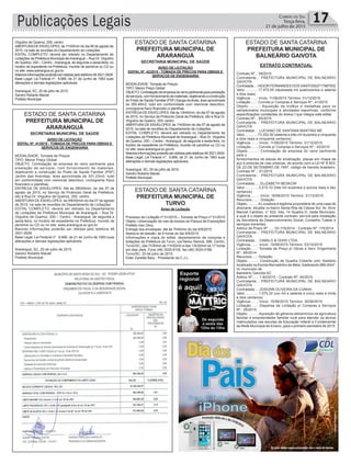 Publicações Legais 17Correio do Sul
Terça-feira,
21 de julho de 2015
Virgulino de Queiroz, 200, centro.
ABERTURADE ENVELOPES: às 11h00min do dia 06 de agosto de
2015, na sala de reuniões do Departamento de Licitações.
EDITAL COMPLETO: deverá ser retirado no Departamento de
Licitações da Prefeitura Municipal de Araranguá – Rua Dr. Virgulino
de Queiroz, 200 – Centro - Araranguá, de segunda a sexta-feira, no
horário de expediente na Prefeitura, munido de pendrive ou CD ou
no site: www.ararangua.sc.gov.br.
Maioresinformaçõespoderãoserobtidaspelotelefone483521.0929.
Base Legal: Lei Federal nº. 8.666, de 21 de Junho de 1993 suas
alterações e demais legislações aplicáveis.
Araranguá, SC, 20 de julho de 2015.
Sandro Roberto Maciel
Prefeito Municipal
AVISO DE LICITAÇÃO
EDITAL Nº. 41/2015 - TOMADA DE PREÇOS PARA OBRAS E
SERVIÇOS DE ENGENHARIA
MODALIDADE: Tomada de Preços
TIPO: Menor Preço Global
OBJETO: Contratação de empresa do ramo pertinente para
prestação de serviços, com fornecimento de materiais,
objetivando a construção do Posto de Saúde Familiar (PSF)
Jardim das Avenidas, área aproximada de 301,23m2, tudo
em conformidade com memorial descritivo, cronograma físico
financeiro e planilhas.
ENTREGA DE ENVELOPES: Até às 08h45min; do dia 07 de
agosto de 2015, no Serviço de Protocolo Geral da Prefeitura,
sito à Rua Dr. Virgulino de Queiroz, 200, centro.
ABERTURA DE ENVELOPES: às 09h00min do dia 07 de agosto
de 2015, na sala de reuniões do Departamento de Licitações.
EDITAL COMPLETO: deverá ser retirado no Departamento
de Licitações da Prefeitura Municipal de Araranguá – Rua Dr.
Virgulino de Queiroz, 200 – Centro - Araranguá, de segunda a
sexta-feira, no horário de expediente na Prefeitura, munido de
pendrive ou CD ou no site: www.ararangua.sc.gov.br.
Maiores informações poderão ser obtidas pelo telefone 48
3521.0929.
Base Legal: Lei Federal nº. 8.666, de 21 de Junho de 1993 suas
alterações e demais legislações aplicáveis.
Araranguá, SC, 20 de julho de 2015.
Sandro Roberto Maciel
Prefeito Municipal
AVISO DE LICITAÇÃO
EDITAL Nº. 42/2015 - TOMADA DE PREÇOS PARA OBRAS E
SERVIÇOS DE ENGENHARIA
MODALIDADE: Tomada de Preços
TIPO: Menor Preço Global
OBJETO:Contrataçãodeempresadoramopertinenteparaprestação
deserviços,comfornecimentodemateriais,objetivandoaconstrução
do Posto de Saúde Familiar (PSF) Sanga daAreia, área aproximada
de 285,48m2, tudo em conformidade com memorial descritivo,
cronograma físico financeiro e planilhas.
ENTREGADE ENVELOPES:Até às 10h45min; do dia 07 de agosto
de 2015, no Serviço de Protocolo Geral da Prefeitura, sito à Rua Dr.
Virgulino de Queiroz, 200, centro.
ABERTURADE ENVELOPES: às 11h00min do dia 07 de agosto de
2015, na sala de reuniões do Departamento de Licitações.
EDITAL COMPLETO: deverá ser retirado no Departamento de
Licitações da Prefeitura Municipal de Araranguá – Rua Dr. Virgulino
de Queiroz, 200 – Centro - Araranguá, de segunda a sexta-feira, no
horário de expediente na Prefeitura, munido de pendrive ou CD ou
no site: www.ararangua.sc.gov.br.
Maioresinformaçõespoderãoserobtidaspelotelefone483521.0929.
Base Legal: Lei Federal nº. 8.666, de 21 de Junho de 1993 suas
alterações e demais legislações aplicáveis.
Araranguá, SC, 20 de julho de 2015.
Sandro Roberto Maciel
Prefeito Municipal
Aviso de Licitação
Processo de Licitação nº 51/2015 – Tomada de Preço nº 51/2015
Objeto: Urbanização de vias de acesso ao Parque de Exposições
Prefeito Ires Olivo.
Entrega dos envelopes: até às 7h45min do dia 6/8/2015
Abertura da sessão: às 8 horas do dia 6/8/2015
Informações e cópia do edital: departamento de compras e
licitações da Prefeitura de Turvo, rua Nereu Ramos, 588, Centro,
Turvo/SC, das 7h30min as 11h30min e das 13h30min as 17 horas
em dias úteis. Fone (48) 3525-8100, fax (48) 3525-0186.
Turvo/SC, 20 de julho de 2015.
Ester Zanette Barp - Presidente da C.J.L.
ESTADO DE SANTA CATARINA
PREFEITURA MUNICIPAL DE
ARARANGUÁ
ESTADO DE SANTA CATARINA
PREFEITURA MUNICIPAL DE
ARARANGUÁ
ESTADO DE SANTA CATARINA
PREFEITURA MUNICIPAL DE
TURVO
SECRETARIA MUNICIPAL DE SAÚDE
SECRETARIA MUNICIPAL DE SAÚDE
ESTADO DE SANTA CATARINA
PREFEITURA MUNICIPAL DE
BALNEÁRIO GAIVOTA
EXTRATO CONTRATUAL
Contrato Nº..: 59/2015
Contratante..: PREFEITURA MUNICIPAL DE BALNEARIO
GAIVOTA
Contratada...: HIGOR FERNANDES DOS SANTOS02717987932
Valor............: 17.472,00 (dezessete mil quatrocentos e setenta
e dois reais)
Vigência.......: Início: 11/06/2015 Término: 01/12/2015
Licitação......: Convite p/ Compras e Serviços Nº.: 41/2015
Objeto..........: Aquisição de troféus e medalhas para os
campeonatos municipais e atividades esportivas, conforme
especificações constantes do Anexo I que integra este edital.
Contrato Nº..: 60/2015
Contratante..: PREFEITURA MUNICIPAL DE BALNEARIO
GAIVOTA
Contratada...: LUCIANO DE SANTANA MARTINS ME
Valor............: 73.252,50 (setenta e três mil duzentos e cinquenta
e dois reais e cinquenta centavos)
Vigência.......: Início: 11/06/2015 Término: 31/12/2015
Licitação......: Convite p/ Compras e Serviços Nº.: 42/2015
Objeto..........: Contratação de empresa do ramo pertinente
para o
fornecimentos de placas de sinalização, placas em chapa de
aço e pinturas de vias urbanas, de acordo com a LEI Nº 9.503,
DE 23 DE SETEMBRO DE 1997, código de transito brasileiro
Contrato Nº..: 61/2015
Contratante..: PREFEITURA MUNICIPAL DE BALNEARIO
GAIVOTA
Contratada....: ELIZABETH BESKOW
Valor............: 3.215,10 (três mil duzentos e quinze reais e dez
centavos)
Vigência........: Início: 16/06/2015 Término: 31/12/2015
Recursos.......: Dotação:
Objeto..........: A Locadora é legitima proprietária de uma casa de
alvenaria, situada no bairro Santa Rita de Cássia Sul, Av. Alvin
Manoel Cardoso, n° 522, lote. 14 Quadra D, neste Município,
a qual é o objeto do presente contrato, servirá para instalação
da Secretaria de Desenvolvimento Social, Conselho Tutelar e
serviços inerentes.
Aditivo de Prazo Nº.....: 03-115/2014 - Contrato Nº: 115/2014
Contratante..: PREFEITURA MUNICIPAL DE BALNEARIO
GAIVOTA
Contratada...: CAMILO & GHISI LTDA.
Vigência.......: Início: 19/06/2015 Término: 03/10/2015
Licitação......: Tomada de Preço p/ Obras e Serv. Engenharia
Nº.: 69/2014
Recursos.....: Dotação:
Objeto..........: Construção de Quadra Coberta com Vestiário
localizada na Escola Bernadinho de Melo, totalizando 980,40m²,
no município de
Balneário Gaivota-SC.
Aditivo Nº.....: 1-40/2015 - Contrato Nº: 40/2015
Contratante..: PREFEITURA MUNICIPAL DE BALNEARIO
GAIVOTA
Contratada...: JOSIVAN OLIVEIRA DA CUNHA
Valor............: 1.075,32 (um mil e setenta e cinco reais e trinta
e dois centavos)
Vigência.......: Início: 15/06/2015 Término: 30/06/2015
Licitação......: Dispensa de Licitação p/ Compras e Serviços
Nº.: 29/2015
Objeto..........: Aquisição de gêneros alimentícios da agricultura
familiar e empreendedor familiar rural para atender os alunos
matriculados nas escolas de Educação Infantil e Fundamental
da Rede Municipal de Ensino, para o primeiro semestre de 2015.
 