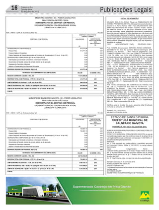 16 Correio do Sul
Quinta-feira,
30 de julho de 2015 Publicações Legais
ESTADO DE SANTA CATARINA
PREFEITURA MUNICIPAL DE
BALNEÁRIO GAIVOTA
EDITAL DE INTIMAÇÃO
ARLINDO EDÍLIO DA ROSA, Titular do TABELIONATO DE
NOTAS E PROTESTOS DE TÍTULOS desta Comarca de Sombrio,
situado na Av. Nereu Ramos, 1300 - Fone (48) 3533-0318 - CEP
88960-000, atendimento das 08:00h - 12:00h e 14:00h - 18:00h,
faz saber na forma da Lei aos que o presente EDITAL virem,
que se encontram nesse tabelionato para serem protestados,
decorrido o prazo legal de 03 (três) dias úteis, por não terem sido
encontrados nos endereços fornecidos, ou por se recusarem a
tomar conhecimento, os títulos cujos responsáveis estão abaixo
discriminados. Ficam esclarecidos, também, de que nesse mesmo
prazo poderão apresentar resposta escrita, que não impedirá a
lavratura do protesto.
PROT. APRESENTANTE / CNPJ DEVEDOR / CNPJ
Prot: 137276; Devedor(es): ADRIANA ROSA CARDOSO -
028.429.819-01, End: Av. Quintino Manoel Domingos, 279,
Sombrio; Tip: Normal; Mot: Falta de pagamento; Ced:
CONFECCOES MATTRIC LTDA; Sac: CONFECCOES MATTRIC
LTDA; Tit: 18984 ; Apr: FCDL; VEN: 27/06/2014; Esp: Duplicata
de Venda Mercantil por Indicação; Val: R$ 307,98 + Juros Legais
(1% a.m.); Emol.: R$ 46,96. Apontamento R$ 13,75 - Selo R$
1,55 - Distribuição R$ 0,00 - Diligência R$ 27,50 - Condução
R$ 5,71 - Digitalização R$ 0,00- Total Emolumentos R$ 46,96.
Prot: 137259; Devedor(es): ALBINO&SILVA CHOPERIA
LTDA - 20.385.925/0001-05, End: Av. Nereu Ramos, 482,
Sombrio; Tip: Normal; Mot: Falta de pagamento; Ced:
WMS SUPERMERCADOS DO BRASIL LTDA; Sac: WMS
SUPERMERCADOS DO BRASIL LTDA; Tit: 0559043901 ; Apr:
BANCO BRADESCO S A ; VEN: 18/06/2015; Esp:
Duplicata de Venda Mercantil por Indicação; Val: R$ 1.785,00
+ Juros Legais (1% a.m.); Emol.: R$ 46,96. Apontamento R$
13,75 - Selo R$ 1,55 - Distribuição R$ 0,00 - Diligência R$ 27,50
- Condução R$ 5,71 - Digitalização R$ 0,00- Total Emolumentos
R$ 46,96.
Prot: 137283; Devedor(es): EB COMERCIO DE TINTAS LTDA
ME - 09.172.774/0001-74, End: Rod. Br 101 Km 437, 1173,
SOMBRIO; Tip: Normal; Mot: Falta de pagamento; Ced:
JSX PISOS INDUSTRIAIS EIRELI - ME; Sac: JSX PISOS
INDUSTRIAIS EIRELI - ME; Tit: 102 ; Apr: CAIXA ECONÔMICA
FEDERAL; VEN: 19/07/2015; Esp: Duplicata de Venda Mercantil
por Indicação; Val: R$ 2.500,00 + Juros Legais (1% a.m.); Emol.:
R$ 46,96. Apontamento R$ 13,75 - Selo R$ 1,55 - Distribuição R$
0,00 - Diligência R$ 27,50 - Condução R$ 5,71 - Digitalização
R$ 0,00- Total Emolumentos R$ 46,96.
Certifico, para os devidos fins, que o presente edital foi afixado
no mural da serventia em: 30/07/2015.
Sombrio - SC, 30/07/2015
ARLINDO EDÍLIO DA ROSA
PORTARIA N. 101, DE 24 DE JULHO DE 2015.
NOMEIASERVIDORAPROVADO PELO CONCURSO PÚBLICO
EDITAL N. 001/2015.
O PREFEITO MUNICIPAL DE BALNEÁRIO GAIVOTA, no uso da
competência privativa que lhe confere o inciso IX do artigo 58 da
Lei Orgânica Municipal combinado com as Leis n° 045/1997 e n°
341/2003 e alterações posteriores,
RESOLVE:
Art. 1º Fica nomeado em caráter efetivo o candidato aprovado
no Concurso Público Edital n° 001/2015, no cargo abaixo
discriminado:
Cargo Carga Horária Nome
Operador de Equipamentos II 40 horas Thiago Fidelis de Souza
Art. 2º A posse deverá ser feita no prazo máximo de 30 (trinta)
dias de acordo com o Art. 16, § 1º, incisos I e II da Lei 045 de 24
de julho de 1997.
Art. 3º Esta Portaria entra em vigor na data de sua publicação.
Balneário Gaivota, 24 de Julho de 2015.
RONALDO PEREIRA DA SILVA
PREFEITO MUNICIPAL
Publicada e Registrada na Secretaria deAdministração e Finanças
na data supra.
JEFERSON RAUPP
SECRETARIO DE ADMINISTRAÇÃO E FINANÇAS
 