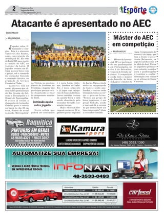 2 Correio do Sul
Segunda-feira,
17 de agosto de 2015
Atacante é apresentado no AEC
> ARARANGUÁ
Jogador veloz, fi-
nalizador e sim-
ples. Este é o atacante
Vanderlei dos Santos,
nova contratação do
Araranguá EC. Ele vem
de Imbé/ RS para vestir
a camisa do AEC no
regional da Larm. O
jogador treinou na úl-
tima quinta-feira com
o grupo, sob o comando
do treinador Geraldo
e comissão técnica, no
gramado do Grêmio
Fronteira Clube.
Vanderlei tem 23
anos e já passou por vá-
rios clubes profissionais
do Rio Grande do Sul,
como o Veranópolis e o
Brasil de Farroupilha.
O atleta já estará a
disposição do treinador
Geraldo para a estreia
na Larm no dia 23 em
casa, diante do atual
campeão Metropolita-
no. Ontem, no amistoso
diante do Juniores do
Criciúma, o jogador não
participou porque esta-
va disputando a final
do campeonato amador
de Imbé.
Outro atleta que
poderá ser contratado
Máster do AEC
em competição
> ARARANGUÁ
Máster do Araran-
guá EC vai participar
de um quadrangular
em Florianópolis, no
dia 6 de Setembro,
véspera de feriado na-
cional. A competição
ainda terá o máster
do Joinville, do Inter
de Lages e o máster da
Agap. A organização do
evento é da Agap, que
tem a frente o presi-
dente Belmonte, ex
jogador profissional e
ex ídolo do Avaí. Vários
ex jogadores profissio-
nais estarão reunidos
para o quadrangular
e também a confra-
ternização com outros
os ex atletas de Santa
Catarina.
Cleder Maciel
é o meia Lucas Antu-
nes, também de Imbé.
Ele é meia atacante
e já jogou nas catego-
rias de base do Grêmio.
Lucas também treinou
na quinta-feira e está
sendo observado pelo
treinador Geraldo e co-
missão técnica.
Hoje o elenco do Ara-
ranguá conta com 33 jo-
gadores para o regional
da Larm. Alguns ainda
estão se recuperando
de lesão e sendo ana-
lisados, e outros estão
treinando todas as ter-
ças e quintas-feiras.
“Temos um grupo de
bons jogadores, é um
grupo fechado, unido
e isso nos dá a certeza
de que iremos fazer um
bom campeonato", disse
o treinador Geraldo.
Comissão avalia
outro jogador
 