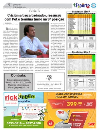 de jovem, quando jogava
na extinta Iugoslávia, o
Criciúma fechou o turno
da Série B com 47,4% de
aproveitamento – somado
os sete jogos sob a batuta
de Moacir Júnior. Com o
revés por 3 a 1 para o CRB,
4 Correio do Sul
Segunda-feira,
17 de agosto de 2015
Série B
Brasileirão Série B
Brasileirão Série A
Criciúma troca treinador, ressurge
com Pet e termina turno na 9ª posição
> CRICIÚMA
Depois de um co-
meço irregular na
Série B do Campeonato
Brasileiro, o Criciúma
encontrou o seu caminho
na competição com a che-
gada de Dejan Petkovic.
O Dia dos Namorados, 12
de junho, coincidiu com o
anúncio da contratação do
sérvio pelo departamento
de futebol do Tigre, após
o pedido de demissão de
técnico Moacir Júnior.
E, desde então, a torcida
que veste preto, branco
e amarelo comemora os
bons números alcançados
dentro ou fora do Heriber-
to Hülse.
OCarvoeiroconseguiu
a incrível série de 11 jogos
sem perder desde quan-
do Pet assumiu a tarefa.
Por pouco não fechou o
primeiro turno com a in-
vencibilidade ainda em
aberto. Sob o comando
do Rambo, apelido des-
na tarde do último sábado,
são sete vitórias, seis em-
pates e seis derrotas.
A campanha de 2012,
último ano que o Criciúma
disputou a segunda divi-
são e conquistou o acesso,
pode servir de exemplo.
Contrata:
Empregada doméstica.
Salário de R$1500,00/mês.
Maiores informações
Fone:(48) 9960-2116
Há três anos, os números
eram bem melhores, a
posição também mais con-
fortável. Em 19 rodadas, o
Carvoeiro havia conquis-
tado 42 pontos e estava
na vice-liderança, a dois
pontos do líder Vitória.
No fim da competição, a
boa colocação na tabela de
classificaçãodemanteve,e
o time chegou à SérieAdo
Campeonato Brasileiro de
2013 com 73 pontos.
Um ano antes, em
2011, também na cami-
nhadaparasubiràprimei-
ra divisão, o desempenho
foi um pouco melhor que
o da atual temporada.
Foram 28 pontos somados
em 19 jogos, com sete vitó-
rias, sete empates e cinco
derrotas e a 9ª colocação
na tabela – a mesma que
a de agora. O caminho
no segundo turno não foi
nadapositivo.Otimecata-
rinenseterminouatempo-
rada bem longe do objetivo
pretendido: 51 pontos e a
14ª posição.
 