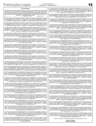 15Publicações Legais Jornal Correio do Sul
Quarta-Feira, 1° de Março de 2017
EDITAL DE INTIMAÇÃO
ARLINDOEDÍLIODAROSA,TitulardoTABELIONATODENOTASEPROTESTOSDETÍTULOSdestaComarcadeSombrio,situado
na Av. Nereu Ramos, 1300 - Fone (48) 3533-0318 - CEP 88960-000, atendimento das 08:00h - 12:00h e 14:00h - 18:00h, faz saber
na forma da Lei aos que o presente EDITAL virem, que se encontram nesse tabelionato para serem protestados, decorrido o prazo
legal de 03 (três) dias úteis, por não terem sido encontrados nos endereços fornecidos, ou por se recusarem a tomar conhecimento, os
títulos cujos responsáveis estão abaixo discriminados. Ficam esclarecidos, também, de que nesse mesmo prazo poderão apresentar
resposta escrita, que não impedirá a lavratura do protesto.
PROT......................................................................................APRESENTANTE / CNPJ DEVEDOR / CNPJ
Prot: 155637; Devedor(es): ALINE MARIA GALLI RODRIGUES - 102.329.229-77, End: Rua B, 284, Balneario Gaivota; Tip: Normal;
Mot: Falta de pagamento; Ced: FOX CALCADOS; Sac: FOX CALCADOS; Tit: 44225 ;Apr: FCDL; VEN: 07/09/2015; Esp: Duplicata
de Venda Mercantil por Indicação; Val: R$ 209,00 + Juros Legais (1% a.m.); Emol.: R$ 84,68. Apontamento R$ 16,50 - Selo R$
1,85 - Distribuição R$ 0,00 - Diligência R$ 50,65 - Condução R$ 17,53 - Digitalização R$ 0,00- Total Emolumentos R$ 84,68.
Prot: 155638; Devedor(es): ALINE MARIA GALLI RODRIGUES - 102.329.229-77, End: Rua B, 284, Balneario Gaivota; Tip: Normal;
Mot: Falta de pagamento; Ced: FOX CALCADOS; Sac: FOX CALCADOS; Tit: 44937 ;Apr: FCDL; VEN: 04/11/2015; Esp: Duplicata
de Venda Mercantil por Indicação; Val: R$ 129,00 + Juros Legais (1% a.m.); Emol.: R$ 84,68. Apontamento R$ 16,50 - Selo R$
1,85 - Distribuição R$ 0,00 - Diligência R$ 50,65 - Condução R$ 17,53 - Digitalização R$ 0,00- Total Emolumentos R$ 84,68.
Prot: 155667; Devedor(es): CARDOSO E CIA LTDA - 82.548.009/0001-04, End: Estrada Geral, S/N, Sombrio; Tip: Normal; Mot:
Falta de pagamento; Ced: IBAMAINSTITUTO BRASILEIRO DO MEIO AMBIENTE E; Sac: IBAMAINSTITUTO BRASILEIRO DO
MEIOAMBIENTE E; Tit: 12304801 ;Apr: PROCURADORIA-GERAL FEDERAL-PGF; VEN: À VISTA; Esp: Certidão de DívidaAtiva;
Val: R$ 658,79 + Juros Legais (1% a.m.); Emol.: R$ 56,58. Apontamento R$ 16,50 - Selo R$ 1,85 - Distribuição R$ 0,00 - Diligência
R$ 33,00 - Condução R$ 7,08 - Digitalização R$ 0,00- Total Emolumentos R$ 56,58.
Prot: 155648; Devedor(es): DAIANE REUS SILVEIRA- 082.940.269-13, End: Rua Breno Cardoso, 231, Sombrio; Tip: Normal; Mot:
Falta de pagamento; Ced: E C RAMOS COM. DE CAL ADOS LTDA ME; Sac: E C RAMOS COM. DE CAL ADOS LTDA ME; Tit:
49414;Apr:FCDL;VEN:07/03/2016;Esp:DuplicatadeVendaMercantilporIndicação; Val:R$19,00+JurosLegais(1%a.m.);Emol.:
R$ 56,58. Apontamento R$ 16,50 - Selo R$ 1,85 - Distribuição R$ 0,00 - Diligência R$ 33,00 - Condução R$ 7,08 - Digitalização
R$ 0,00- Total Emolumentos R$ 56,58.
Prot: 155647; Devedor(es): DAIANE REUS SILVEIRA- 082.940.269-13, End: Rua Breno Cardoso, 231, Sombrio; Tip: Normal; Mot:
Falta de pagamento; Ced: E C RAMOS COM. DE CAL ADOS LTDA ME; Sac: E C RAMOS COM. DE CAL ADOS LTDA ME; Tit:
50282;Apr:FCDL;VEN:21/03/2016;Esp:DuplicatadeVendaMercantilporIndicação; Val:R$63,00+JurosLegais(1%a.m.);Emol.:
R$ 56,58. Apontamento R$ 16,50 - Selo R$ 1,85 - Distribuição R$ 0,00 - Diligência R$ 33,00 - Condução R$ 7,08 - Digitalização
R$ 0,00- Total Emolumentos R$ 56,58.
Prot: 155646; Devedor(es): DAIANE REUS SILVEIRA- 082.940.269-13, End: Rua Breno Cardoso, 231, Sombrio; Tip: Normal; Mot:
Falta de pagamento; Ced: E C RAMOS COM. DE CAL ADOS LTDA ME; Sac: E C RAMOS COM. DE CAL ADOS LTDA ME; Tit:
48684;Apr:FCDL;VEN:14/04/2016;Esp:DuplicatadeVendaMercantilporIndicação; Val:R$44,00+JurosLegais(1%a.m.);Emol.:
R$ 56,58. Apontamento R$ 16,50 - Selo R$ 1,85 - Distribuição R$ 0,00 - Diligência R$ 33,00 - Condução R$ 7,08 - Digitalização
R$ 0,00- Total Emolumentos R$ 56,58.
Prot: 155645; Devedor(es): DAIANE REUS SILVEIRA- 082.940.269-13, End: Rua Breno Cardoso, 231, Sombrio; Tip: Normal; Mot:
Falta de pagamento; Ced: E C RAMOS COM. DE CAL ADOS LTDA ME; Sac: E C RAMOS COM. DE CAL ADOS LTDA ME; Tit:
51622;Apr:FCDL;VEN:11/03/2016;Esp:DuplicatadeVendaMercantilporIndicação; Val:R$47,00+JurosLegais(1%a.m.);Emol.:
R$ 56,58. Apontamento R$ 16,50 - Selo R$ 1,85 - Distribuição R$ 0,00 - Diligência R$ 33,00 - Condução R$ 7,08 - Digitalização
R$ 0,00- Total Emolumentos R$ 56,58.
Prot: 155644; Devedor(es): DAIANE REUS SILVEIRA- 082.940.269-13, End: Rua Breno Cardoso, 231, Sombrio; Tip: Normal; Mot:
Falta de pagamento; Ced: E C RAMOS COM. DE CAL ADOS LTDA ME; Sac: E C RAMOS COM. DE CAL ADOS LTDA ME; Tit:
48608;Apr:FCDL;VEN:12/03/2016;Esp:DuplicatadeVendaMercantilporIndicação; Val:R$30,00+JurosLegais(1%a.m.);Emol.:
R$ 56,58. Apontamento R$ 16,50 - Selo R$ 1,85 - Distribuição R$ 0,00 - Diligência R$ 33,00 - Condução R$ 7,08 - Digitalização
R$ 0,00- Total Emolumentos R$ 56,58.
Prot: 155663; Devedor(es): DANIELI GEROLETTI COELHO - 030.985.770-88, End: Rua Alcides José Amorim, 1033, Sombrio; Tip:
Normal; Mot: Falta de pagamento; Ced: FOX CALCADOS; Sac: FOX CALCADOS; Tit: 23073 ;Apr: FCDL; VEN: 05/05/2013; Esp:
Duplicata de Venda Mercantil por Indicação; Val: R$ 288,00 + Juros Legais (1% a.m.); Emol.: R$ 56,58.Apontamento R$ 16,50 - Selo
R$ 1,85 - Distribuição R$ 0,00 - Diligência R$ 33,00 - Condução R$ 7,08 - Digitalização R$ 0,00- Total Emolumentos R$ 56,58.
Prot: 155374; Devedor(es): DONATA NUNES NUNES - 759.376.620-91, End: Av. Quintino Manoel Domingos, 300, Sombrio; Tip:
Normal; Mot: Falta de pagamento; Ced: DB S.A COMERCIO DE MOVEIS E ELETRODOMEST; Sac: DB S.A COMERCIO DE
MOVEIS E ELETRODOMESTICOS; Tit: 34605009 ;Apr: DB S.ACOMERCIO DE MOVEIS E ELETRODOMEST; VEN: 04/02/2016;
Esp: Duplicata de Venda Mercantil por Indicação; Val: R$ 93,00 + Juros Legais (1% a.m.); Emol.: R$ 56,58.Apontamento R$ 16,50 -
Selo R$ 1,85 - Distribuição R$ 0,00 - Diligência R$ 33,00 - Condução R$ 7,08 - Digitalização R$ 0,00- Total Emolumentos R$ 56,58.
Prot: 155643; Devedor(es): EZEQUIEL DE AGUIAR CAMARGO - 062.050.889-24, End: Av. Padre João Reitz, 1570, Sombrio; Tip:
Normal; Mot: Falta de pagamento; Ced: E C RAMOS COM. DE CALADOS LTDA ME; Sac: E C RAMOS COM. DE CALADOS
LTDAME; Tit: 30094 ;Apr: FCDL; VEN: 29/12/2013; Esp: Duplicata de Venda Mercantil por Indicação; Val: R$ 511,00 + Juros Legais
(1% a.m.); Emol.: R$ 56,58. Apontamento R$ 16,50 - Selo R$ 1,85 - Distribuição R$ 0,00 - Diligência R$ 33,00 - Condução R$
7,08 - Digitalização R$ 0,00- Total Emolumentos R$ 56,58.
Prot: 155580; Devedor(es): FAVORITE COMERCIO DE MOVEIS E PLANE - 14.590.669/0001-95, End: Rua Sete, 609, Balneário
Gaivota; Tip: Normal; Mot: Falta de pagamento; Ced:ADVOCACIADR. ELVIO HENRIQSON - ME; Sac:ADVOCACIADR. ELVIO
HENRIQSON - ME; Tit: FAV FEV 17 ; Apr: CAIXA ECONÔMICA FEDERAL; VEN: 05/02/2017; Esp: Duplicata de Venda Mercantil
por Indicação; Val: R$ 1.650,00 + Juros Legais (1% a.m.); Emol.: R$ 84,68. Apontamento R$ 16,50 - Selo R$ 1,85 - Distribuição R$
0,00 - Diligência R$ 50,65 - Condução R$ 17,53 - Digitalização R$ 0,00- Total Emolumentos R$ 84,68.
Prot: 155590; Devedor(es): GEREACAO AUTOMOVEIS E TRANSPORTES - ME - 14.073.832/0001-42, End: Av. Papa João XXIII,
50, Sombrio; Tip: Normal; Mot: Falta de pagamento; Ced:AUTO POSTO PELANDALTDA; Sac:AUTO POSTO PELANDALTDA;
Tit: 001 ;Apr: BANCO BRADESCO SA; VEN: 10/02/2017; Esp: Duplicata de Venda Mercantil por Indicação; Val: R$ 8.613,30 + Juros
Legais (1% a.m.); Emol.: R$ 56,58. Apontamento R$ 16,50 - Selo R$ 1,85 - Distribuição R$ 0,00 - Diligência R$ 33,00 - Condução
R$ 7,08 - Digitalização R$ 0,00- Total Emolumentos R$ 56,58.
Prot: 155671; Devedor(es): GIORGE GUESSER DE ALMEIDA - 084.417.819-58, End: Rua Mario Sant Helena, 93, Sombrio; Tip:
Normal; Mot:Faltadepagamento;Ced:AGROPECUARIASOMBRIOLTDA; Sac:AGROPECUARIASOMBRIOLTDA; Tit:005256-
3/6 ; Apr: BANCO DO BRASIL SA; VEN: 10/02/2017; Esp: Duplicata de Venda Mercantil por Indicação; Val: R$ 315,00 + Juros
Legais (1% a.m.); Emol.: R$ 56,58. Apontamento R$ 16,50 - Selo R$ 1,85 - Distribuição R$ 0,00 - Diligência R$ 33,00 - Condução
R$ 7,08 - Digitalização R$ 0,00- Total Emolumentos R$ 56,58.
Prot: 155655; Devedor(es): ISABEL CRISTINAVARGAS MONTEIRO - 511.173.980-72, End: Rua José Quartieiro, 96, Sombrio; Tip:
Normal; Mot: Falta de pagamento; Ced: E C RAMOS COM. DE CALADOS LTDA ME; Sac: E C RAMOS COM. DE CALADOS
LTDA ME; Tit: 3000308 ; Apr: FCDL; VEN: 27/08/2016; Esp: Duplicata de Venda Mercantil por Indicação; Val: R$ 259,00 + Juros
Legais (1% a.m.); Emol.: R$ 56,58. Apontamento R$ 16,50 - Selo R$ 1,85 - Distribuição R$ 0,00 - Diligência R$ 33,00 - Condução
R$ 7,08 - Digitalização R$ 0,00- Total Emolumentos R$ 56,58.
Prot: 155654; Devedor(es): ISABEL CRISTINAVARGAS MONTEIRO - 511.173.980-72, End: Rua José Quartieiro, 96, Sombrio; Tip:
Normal; Mot: Falta de pagamento; Ced: E C RAMOS COM. DE CALADOS LTDA ME; Sac: E C RAMOS COM. DE CALADOS
LTDAME; Tit: 54420 ;Apr: FCDL; VEN: 17/09/2016; Esp: Duplicata de Venda Mercantil por Indicação; Val: R$ 54,00 + Juros Legais
(1% a.m.); Emol.: R$ 56,58. Apontamento R$ 16,50 - Selo R$ 1,85 - Distribuição R$ 0,00 - Diligência R$ 33,00 - Condução R$
7,08 - Digitalização R$ 0,00- Total Emolumentos R$ 56,58.
Prot: 155653; Devedor(es): ISABEL CRISTINAVARGAS MONTEIRO - 511.173.980-72, End: Rua José Quartieiro, 96, Sombrio; Tip:
Normal; Mot: Falta de pagamento; Ced: E C RAMOS COM. DE CALADOS LTDA ME; Sac: E C RAMOS COM. DE CALADOS
LTDAME; Tit: 54421 ;Apr: FCDL; VEN: 17/09/2016; Esp: Duplicata de Venda Mercantil por Indicação; Val: R$ 82,00 + Juros Legais
(1% a.m.); Emol.: R$ 56,58. Apontamento R$ 16,50 - Selo R$ 1,85 - Distribuição R$ 0,00 - Diligência R$ 33,00 - Condução R$
7,08 - Digitalização R$ 0,00- Total Emolumentos R$ 56,58.
Prot: 155652; Devedor(es): ISABEL CRISTINAVARGAS MONTEIRO - 511.173.980-72, End: Rua José Quartieiro, 96, Sombrio; Tip:
Normal; Mot: Falta de pagamento; Ced: E C RAMOS COM. DE CALADOS LTDA ME; Sac: E C RAMOS COM. DE CALADOS
LTDAME; Tit: 54784 ;Apr: FCDL; VEN: 05/09/2016; Esp: Duplicata de Venda Mercantil por Indicação; Val: R$ 55,00 + Juros Legais
(1% a.m.); Emol.: R$ 56,58. Apontamento R$ 16,50 - Selo R$ 1,85 - Distribuição R$ 0,00 - Diligência R$ 33,00 - Condução R$
7,08 - Digitalização R$ 0,00- Total Emolumentos R$ 56,58.
Prot: 155572; Devedor(es): JESSICA JENNIFER FORLIN - 072.758.739-07, End: Av. A, S/N, Sombrio; Tip: Normal; Mot: Falta
de pagamento; Ced: CONFECCOES MATTRIC LTDA; Sac: CONFECCOES MATTRIC LTDA; Tit: 20161086770 ; Apr: FCDL;
VEN: 13/01/2017; Esp: Duplicata de Venda Mercantil por Indicação; Val: R$ 1.230,00 + Juros Legais (1% a.m.); Emol.: R$ 66,06.
Apontamento R$ 16,50 - Selo R$ 1,85 - Distribuição R$ 0,00 - Diligência R$ 33,00 - Condução R$ 16,56 - Digitalização R$ 0,00-
Total Emolumentos R$ 66,06.
Prot: 155578; Devedor(es): JOAO RAIMUNDO SCHONS - 174.565.330-91, End: Estrada Geral, s/n°, Sombrio; Tip: Normal; Mot:
Falta de pagamento; Ced: M.S. FACTORING FOMENTO MERCANTIL LTDA.; Sac: M.S. FACTORING FOMENTO MERCANTIL
LTDA.; Tit: J202 ; Apr: CAIXA ECONÔMICA FEDERAL; VEN: 16/01/2017; Esp: Duplicata de Venda Mercantil por Indicação; Val:
R$ 408,00 + Juros Legais (1% a.m.); Emol.: R$ 85,80. Apontamento R$ 16,50 - Selo R$ 1,85 - Distribuição R$ 0,00 - Diligência R$
50,65 - Condução R$ 18,65 - Digitalização R$ 0,00- Total Emolumentos R$ 85,80.
Prot:155587;Devedor(es):JOSÉCARLOSPATRÍCIO-021.696.539-02,End:RuaValerimInaciodaRosa,609,Sombrio;Tip:Normal;
Mot: Falta de pagamento; Ced: RENANALEXANDRINO; Sac: ; Tit: 900109 ;Apr: RENANALEXANDRINO; VEN: 13/02/2017; Esp:
Cheque; Val: R$ 3.679,25 + Juros Legais (1% a.m.); Emol.: R$ 56,58. Apontamento R$ 16,50 - Selo R$ 1,85 - Distribuição R$ 0,00
- Diligência R$ 33,00 - Condução R$ 7,08 - Digitalização R$ 0,00- Total Emolumentos R$ 56,58.
Prot: 155612; Devedor(es): JOSIANE RIBEIRO DE SOUZA- 024.593.719-69, End: Estrada Geral, S/N, Sombrio; Tip: Normal; Mot:
Falta de pagamento; Ced: BV FINANCEIRA S/A; Sac: SCHULZE ADVOGADOS ASSOCIADOS; Tit: 900372804 ; Apr: SCHULZE
ADVOGADOSASSOCIADOS; VEN: À VISTA; Esp: Cédula de Crédito Bancária por Indicação; Val: R$ 1.538,86 + Juros Legais (1%
a.m.); Emol.: R$ 86,92. Apontamento R$ 16,50 - Selo R$ 1,85 - Distribuição R$ 0,00 - Diligência R$ 50,65 - Condução R$ 19,77 -
Digitalização R$ 0,00- Total Emolumentos R$ 86,92.
Prot: 155695; Devedor(es): JOSUE BRISTOT DA SILVA - 053.324.649-08, End: Rua Santos Coelho, 294, Sombrio; Tip: Normal;
Mot: Falta de pagamento; Ced: CAVALER FACTORING FOMENTO COMERCIAL LTDA; Sac: REI DO PREGO IMPORTACAO E
COMERCIO LTDA; Tit: 34445/01 ;Apr: BANCO BRADESCO SA; VEN: 10/02/2017; Esp: Duplicata de Venda Mercantil por Indicação;
Val: R$ 482,50 + Juros Legais (1% a.m.); Emol.: R$ 56,58. Apontamento R$ 16,50 - Selo R$ 1,85 - Distribuição R$ 0,00 - Diligência
R$ 33,00 - Condução R$ 7,08 - Digitalização R$ 0,00- Total Emolumentos R$ 56,58.
Prot: 155641; Devedor(es): JULIA RODRIGUES DA SILVA - 035.174.539-43, End: Rua João Manoel Scheffer, 1187, Sombrio; Tip:
Normal; Mot: Falta de pagamento; Ced: FOX CALCADOS; Sac: FOX CALCADOS; Tit: 34896 ;Apr: FCDL; VEN: 20/01/2015; Esp:
Duplicata de Venda Mercantil por Indicação; Val: R$ 288,00 + Juros Legais (1% a.m.); Emol.: R$ 56,58.Apontamento R$ 16,50 - Selo
R$ 1,85 - Distribuição R$ 0,00 - Diligência R$ 33,00 - Condução R$ 7,08 - Digitalização R$ 0,00- Total Emolumentos R$ 56,58.
Prot: 155581; Devedor(es): KELEN NARA VEIGA LOURENÇO - 008.701.819-55, End: Rua Pref. Fioravante Minatto, 693, Sombrio;
Tip: Normal; Mot: Falta de pagamento; Ced: RUBIA MARA COSTA PIZZOLO; Sac: RUBIA MARA COSTA PIZZOLO; Tit: 009 ;
Apr: CAIXA ECONÔMICA FEDERAL; VEN: 10/01/2017; Esp: Duplicata de Venda Mercantil por Indicação; Val: R$ 450,00 + Juros
Legais (1% a.m.); Emol.: R$ 56,58. Apontamento R$ 16,50 - Selo R$ 1,85 - Distribuição R$ 0,00 - Diligência R$ 33,00 - Condução
R$ 7,08 - Digitalização R$ 0,00- Total Emolumentos R$ 56,58.
Prot: 155584; Devedor(es): LETICIA BOEIRA BRUM - 968.654.580-87, End: Av. Alvim Manoel, 6488, Sombrio; Tip: Normal; Mot:
Falta de pagamento; Ced: GIGANTE DISTRIBUIDORA LTDA EPP; Sac: GIGANTE DISTRIBUIDORA LTDA EPP; Tit: 4750/6 ; Apr:
CAIXA ECONÔMICA FEDERAL; VEN: 02/02/2017; Esp: Duplicata de Venda Mercantil por Indicação; Val: R$ 3.099,95 + Juros
Legais (1% a.m.); Emol.: R$ 91,10. Apontamento R$ 16,50 - Selo R$ 1,85 - Distribuição R$ 0,00 - Diligência R$ 50,65 - Condução
R$ 23,95 - Digitalização R$ 0,00- Total Emolumentos R$ 91,10.
Prot: 155658; Devedor(es): LETICIA JOAQUIM RAUPP - 069.308.909-10, End: Rua Padre João Reitz, 233, Sombrio; Tip: Normal;
Mot: Falta de pagamento; Ced: E C RAMOS COM. DE CAL ADOS LTDA ME; Sac: E C RAMOS COM. DE CAL ADOS LTDA ME;
Tit: REF000131 ; Apr: FCDL; VEN: 13/01/2016; Esp: Duplicata de Venda Mercantil por Indicação; Val: R$ 328,00 + Juros Legais
(1% a.m.); Emol.: R$ 56,58. Apontamento R$ 16,50 - Selo R$ 1,85 - Distribuição R$ 0,00 - Diligência R$ 33,00 - Condução R$
7,08 - Digitalização R$ 0,00- Total Emolumentos R$ 56,58.
Prot: 155634; Devedor(es):LUCIENEANGELICADASILVASOUZA- 070.823.244-21, End: Estrada Geral, S/N, Sombrio;Tip: Normal;
Mot: Falta de pagamento; Ced: E C RAMOS COM. DE CAL ADOS LTDA ME; Sac: E C RAMOS COM. DE CAL ADOS LTDA ME;
Tit: 29837 ; Apr: FCDL; VEN: 18/08/2013; Esp: Duplicata de Venda Mercantil por Indicação; Val: R$ 108,00 + Juros Legais (1%
a.m.); Emol.: R$ 77,44. Apontamento R$ 16,50 - Selo R$ 1,85 - Distribuição R$ 0,00 - Diligência R$ 50,65 - Condução R$ 10,29 -
Digitalização R$ 0,00- Total Emolumentos R$ 77,44.
Prot: 155630; Devedor(es):LUCIENEANGELICADASILVASOUZA- 070.823.244-21, End: Estrada Geral, S/N, Sombrio;Tip: Normal;
Mot: Falta de pagamento; Ced: E C RAMOS COM. DE CAL ADOS LTDA ME; Sac: E C RAMOS COM. DE CAL ADOS LTDA ME;
Tit: 29551 ; Apr: FCDL; VEN: 10/08/2013; Esp: Duplicata de Venda Mercantil por Indicação; Val: R$ 322,00 + Juros Legais (1%
a.m.); Emol.: R$ 77,44. Apontamento R$ 16,50 - Selo R$ 1,85 - Distribuição R$ 0,00 - Diligência R$ 50,65 - Condução R$ 10,29 -
Digitalização R$ 0,00- Total Emolumentos R$ 77,44.
Prot: 155583; Devedor(es): LUZANADE SOUZA DE SANTANA - 053.586.749-26, End: Marg. Br 101 Pref. Santelmo Borba, 4950,
Sombrio; Tip: Normal; Mot: Falta de pagamento; Ced: BANCO DO ESTADO DO RIO GRANDE DO SUL SA; Sac: BRUNO
POHLMANN CHIARELLO; Tit: 650205 ; Apr: BANCO SANTANDER SA; VEN: 06/02/2017; Esp: Duplicata de Venda Mercantil por
Indicação; Val: R$ 406,80 + Juros Legais (1% a.m.); Emol.: R$ 66,06. Apontamento R$ 16,50 - Selo R$ 1,85 - Distribuição R$ 0,00
- Diligência R$ 33,00 - Condução R$ 16,56 - Digitalização R$ 0,00- Total Emolumentos R$ 66,06.
Prot: 155594; Devedor(es): MARCIO CAMMASOLA DA FONSECA - 004.592.170-97, End: 4ª Avenida, 453, Balneario Gaivota; Tip:
Normal; Mot: Falta de pagamento; Ced: NOVAGAIVOTACOBRANCAS E ZELADORIALTDA; Sac: NOVAGAIVOTACOBRANCAS
E ZELADORIA LTDA; Tit: 63 ; Apr: BANCO BRADESCO S A; VEN: 10/02/2017; Esp: Duplicata de Venda Mercantil por Indicação;
Val: R$ 600,00 + Juros Legais (1% a.m.); Emol.: R$ 91,10. Apontamento R$ 16,50 - Selo R$ 1,85 - Distribuição R$ 0,00 - Diligência
R$ 50,65 - Condução R$ 23,95 - Digitalização R$ 0,00- Total Emolumentos R$ 91,10.
Prot: 155598; Devedor(es): MARIA DONADEL PANATO ME - 06.274.962/0001-15, End: Rua Padre João Reitz, 209, Sombrio; Tip:
Normal; Mot: Falta de pagamento; Ced: COMAPREIS LTDAEPP; Sac: COMAPREIS LTDAEPP; Tit: 39228/03 ;Apr: BANCO DO
BRASIL SA; VEN: 09/02/2017; Esp: Duplicata de Venda Mercantil por Indicação; Val: R$ 306,35 + Juros Legais (1% a.m.); Emol.:
R$ 56,58. Apontamento R$ 16,50 - Selo R$ 1,85 - Distribuição R$ 0,00 - Diligência R$ 33,00 - Condução R$ 7,08 - Digitalização
R$ 0,00- Total Emolumentos R$ 56,58.
Prot: 155570; Devedor(es): MARIA SALETE FONSECA SELAU - 016.818.929-10, End: Av. Interpraias, 686, Balneario Gaivota; Tip:
Normal; Mot: Falta de pagamento; Ced: LITORAL SUL COMERCIO DE VIDROS LTDA ME; Sac: LITORAL SUL COMERCIO DE
VIDROSLTDAME; Tit:3767;Apr:FCDL;VEN:29/03/2014;Esp:DuplicatadeVendaMercantilporIndicação; Val:R$1.131,65+Juros
Legais (1% a.m.); Emol.: R$ 91,10. Apontamento R$ 16,50 - Selo R$ 1,85 - Distribuição R$ 0,00 - Diligência R$ 50,65 - Condução
R$ 23,95 - Digitalização R$ 0,00- Total Emolumentos R$ 91,10.
Prot: 155660; Devedor(es): RENATA SANTOS DA SILVA - 081.560.769-58, End: Rua Vereador Severino Possamai, 227, Sombrio;
Tip: Normal; Mot: Falta de pagamento; Ced: FOX CALCADOS; Sac: FOX CALCADOS; Tit: 34489 ;Apr: FCDL; VEN: 06/05/2014;
Esp: Duplicata de Venda Mercantil por Indicação; Val: R$ 37,00 + Juros Legais (1% a.m.); Emol.: R$ 56,58.Apontamento R$ 16,50 -
Selo R$ 1,85 - Distribuição R$ 0,00 - Diligência R$ 33,00 - Condução R$ 7,08 - Digitalização R$ 0,00- Total Emolumentos R$ 56,58.
Prot: 155670; Devedor(es): SANDRO EVANIR RAMOS - 613.216.309-30, End: Av. Quintino Manoel Domingos, 623, Sombrio; Tip:
Normal; Mot: Falta de pagamento; Ced: COMAPREIS LTDAEPP; Sac: COMAPREIS LTDAEPP; Tit: 39898/01 ;Apr: BANCO DO
BRASIL SA; VEN: 12/02/2017; Esp: Duplicata de Venda Mercantil por Indicação; Val: R$ 128,43 + Juros Legais (1% a.m.); Emol.:
R$ 56,58. Apontamento R$ 16,50 - Selo R$ 1,85 - Distribuição R$ 0,00 - Diligência R$ 33,00 - Condução R$ 7,08 - Digitalização
R$ 0,00- Total Emolumentos R$ 56,58.
Prot: 155593; Devedor(es): SEBASTIAO AIRTON DA LUZ - 110.643.580-04, End: Rua 13, 328, Balneario Gaivota; Tip: Normal;
Mot: Falta de pagamento; Ced: NOVA GAIVOTA COBRANCAS E ZELADORIA LTDA; Sac: NOVA GAIVOTA COBRANCAS E
ZELADORIA LTDA; Tit: 168 ; Apr: BANCO BRADESCO S A; VEN: 10/02/2017; Esp: Duplicata de Venda Mercantil por Indicação;
Val: R$ 418,00 + Juros Legais (1% a.m.); Emol.: R$ 84,68. Apontamento R$ 16,50 - Selo R$ 1,85 - Distribuição R$ 0,00 - Diligência
R$ 50,65 - Condução R$ 17,53 - Digitalização R$ 0,00- Total Emolumentos R$ 84,68.
Prot: 155675; Devedor(es): TASMANIA DE OLIVEIRA DOS PASSOS - 021.716.089-19, End: Rua Luiz Coelho, 588, Sombrio; Tip:
Normal; Mot: Falta de pagamento; Ced: COMAPREIS LTDA EPP; Sac: COMAPREIS LTDA EPP; Tit: 1806217/08 ; Apr: BANCO
DO BRASILSA; VEN: 10/02/2017; Esp: Duplicata de Venda Mercantil por Indicação; Val: R$ 500,00 + Juros Legais (1% a.m.); Emol.:
R$ 56,58. Apontamento R$ 16,50 - Selo R$ 1,85 - Distribuição R$ 0,00 - Diligência R$ 33,00 - Condução R$ 7,08 - Digitalização
R$ 0,00- Total Emolumentos R$ 56,58.
Prot: 155579; Devedor(es): TATIANE SCHERER LOPES - 11.589.956/0001-97, End: Rua M, S/N, Balneário Gaivota; Tip: Normal;
Mot: Falta de pagamento; Ced: GIGANTE CERCAMENTOS LTDA ME; Sac: GIGANTE CERCAMENTOS LTDA ME; Tit: 4854-1/6 ;
Apr: CAIXAECONÔMICAFEDERAL; VEN: 31/01/2017; Esp: Duplicata de Venda Mercantil por Indicação; Val: R$ 3.100,00 + Juros
Legais (1% a.m.); Emol.: R$ 91,10. Apontamento R$ 16,50 - Selo R$ 1,85 - Distribuição R$ 0,00 - Diligência R$ 50,65 - Condução
R$ 23,95 - Digitalização R$ 0,00- Total Emolumentos R$ 91,10.
Prot: 155569; Devedor(es): ZELIR PELLIN - 072.654.489-28, End: Rua João Batista Garcia, 620, Balneario Gaivota; Tip: Normal;
Mot: Falta de pagamento; Ced: LITORAL SUL COMERCIO DE VIDROS LTDA ME; Sac: LITORAL SUL COMERCIO DE VIDROS
LTDAME; Tit: 4762 ;Apr: FCDL; VEN: 01/10/2012; Esp: Duplicata de Venda Mercantil por Indicação; Val: R$ 541,00 + Juros Legais
(1% a.m.); Emol.: R$ 91,10. Apontamento R$ 16,50 - Selo R$ 1,85 - Distribuição R$ 0,00 - Diligência R$ 50,65 - Condução R$
23,95 - Digitalização R$ 0,00- Total Emolumentos R$ 91,10.
Certifico, para os devidos fins, que o presente edital foi afixado no mural da serventia em: 01/03/2017.
Sombrio - SC, 01/03/2017
ARLINDO EDÍLIO DA ROSA
 