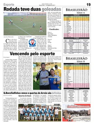Rodada teve duas goleadas
Vencendo pelo esporte
Q.Bara/Golfinhos vence e quartas do Arroio são definidas
Jacinto Machado
Araranguá
Arroio do Silva
C
om o fim da pri-
meira fase, o Cam-
peonatoMunicipal
de Futebol de Campo de Ja-
cinto Machado entra agora no
mata-mata com oito equipes
classificadas para as quartas
de final. No último domingo,
Cleomir Abegg, chamado
carinhosamente pelos amigos
de Micoco, é um cidadão de
fibra, de muita garra, com seu
sorriso sempre contagiando a
todos. Brincalhão, por onde
passa deixa rastros de alegria,
simpatia e humildade. Micoco
faz parte do AEC, do qual se
orgulhamuitoeondeamaestar
comosamigos.Suavidadeba-
talhacomeçouquandoCleomir,
aos7meses,contraiuCoquelu-
che, conhecida também como
Tosse Comprida. O menino
ficou paralisado, e passou 14
dias internado na incubadora,
na UTI. Com muito tratamen-
to, Micoco voltou ao normal.
Porém, a perna esquerda ficou
com deficiência por causa de
uma injeção administrada du-
Naúnicapartidaqueocor-
reu no último domingo, o
resultado foi a classificação
do Q.Bara Lanches Árabes/
Golfinhos, que foi a melhor
durantetodaadisputaegoleou
o Vistoria Habilitados/Grenal
por 4 x 1. Com essa partida e
esseresultado,foramdefinidas
as quartas de finais da compe-
tição, que serão realizadas no
próximodomingo06,noSeve-
roScaini.Serãoquatroequipes
disputando, duas passam para
as semifinais, onde já tem dois
times esperando, e duas são
eliminadas.
Brasileirão
Série A
Brasileirão
Série B
19Esporte Jornal Correio do Sul
Terça-Feira, 1° de Agosto de 2017
rante o tratamento. Apesar de
tudo isso, com muita força de
vontade e garra, ele começou
a surpreender até mesmo sua
mãe, dona Bernadete de Bem,
uma guerreira que fez de tudo
para que hoje Cleomir seja um
homemdignoeumserhumano
incrível.Hoje,comoelemesmo
frisa, graças a Deus consegue
andar. É um guerreiro, sempre
na luta, buscando seus ob-
jetivos, é tratado com muito
carinho por todos, pois que dá
exemplo a muitas pessoas. Sua
rotina é tranquila e de muito
esporte, é o que ele mais gosta
de fazer. “Queria ser normal,
queria ter um sonho de ter
minhas duas pernas boas para
poder jogar futebol, mais Deus
quis assim e assim eu sou, sou
alegre, feliz e amo minha vida.
Agradeço por tudo que Ele fez
No próximo domingo,
serão dois jogos pela nova
fase. Às 13h15min jogam Mar
Azul x Q Bara/Lanches Ára-
Quartasdefinais
e faz por mim, agradeço a mi-
nha mãe e as pessoas que estão
sempre ao meu lado, aos meus
amigos, e ao máster do AEC
os últimos times classificados
foram definidos.
No primeiro jogo
o Lazio marcou seis
gols em cima do Ajax,
que não fez nenhum.
OsgolsdoLazioforam
de Marcelo Daros, que
fez 3 e Ivan e Vitinho que ma-
caram um gol cada.
Osegundojogotambémfoi
de larga vantagem para a equi-
pe do Off Bieer que
marcou 11 gols contra
o Santa Cruz que não
fez nenhum. Pelo Off
Bieer marcaram gols:
Ivan1,Michilin2,Biro
1, Murilinho 1 e Gilbertinho 6.
No terceiro confronto da
tarde, com uma partida equi-
librada, o Pombeiros marcou
dois contra um do Borrúsia. Os
gols do Pombeiros foram de
BrunoRossoeodoBorrúsiafoi
marcado por Gabriel.
No próximo domingo, jo-
gam às 13h30min Dois Irmãos
X Pinheirinho Do Meio e às
15h30min entram em campo
Lazio X Juventus.
Classificados:
ChaveA
Dois Irmãos
Atlético Machadense
Juventude
Chave B
Lazio
Tá Pego
Chave C
Off Bieer
Pinheirinho do Meio
Juventus
que me abriu as portas para
queeuestivessealidentro,com
esses feras”, frisou Cleomir
emocionado.
bes/Golfinhos, e em seguida,
às 15h30min se enfrentam
Juventus EC x Erechim EC.
O vencedor do primeiro jogo,
enfrentará o Ronald Teixeira
Imóveis nas semifinais. Já o
vencedor do segundo confron-
to, enfrentara o Restaurante
Pai & Filho/Aragana, que
serão realizadas no dia 13. A
grande decisão, será realizada
no dia 20.
 