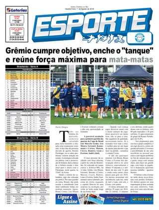 Grêmiocumpreobjetivo,encheo"tanque"
e reúne força máxima para mata-matas
25-29-33-38-39-47
21-24-25-32-45-48
CONCURSO
1.820
DUPLA SENA
31/07
10-17-19-33-37
CONCURSO
4.738
QUINA
31/07
Jornal Correio do Sul
Quarta-Feira, 1° de Agosto de 2018
Brasileirão - Série A
Brasileirão - Série B
Porto Alegre
T
u d o n o
Grêmio foi
meticulo-
s a m e n t e
calculado
para, neste momento, a situ-
ação estar exatamente como
está. A dois dias da primeira
decisão de agosto, Renato
Portaluppi viu os antes pro-
blemas virarem solução em
campo.Aestratégia colocada
em prática, com a preserva-
ção de titulares, dará a chance
de o Grêmio escalar o time
ideal para o duelo com o
Flamengo, nesta quarta, às
21h45, na Arena.
Desde o retorno do ca-
lendário, algo não colocado
em prática. Por uma questão
ou outra, Renato não pode
escalar o considerado time
ideal, totalmente titular, em
nenhum momento. Agora,
Bruno Cortez, Léo Moura
e Everton voltaram a treinar
e dão esta oportunidade ao
treinador.
A provável escalação
para a primeira partida das
quartas da Copa do Brasil
tem Marcelo Grohe; Léo
Moura, Geromel, Kanne-
mann e Cortez; Maicon,
Cícero, Ramiro, Luan e
Everton; André (Jael).
O mais próximo da es-
calação com força máxima,
a partir da volta do Brasilei-
rão, foi colocada em campo
contra o Atlético-MG, há
12 dias: Grohe; Léo Moura,
Geromel, Bressan e Cortez;
Maicon, Cícero, Ramiro,
Luan e Everton;André. Kan-
nemann estava afastado, por
conta de virose, enquanto
o capitão Maicon foi uma
surpresa na escalação, por
voltar de lesão ainda longe
de sua forma ideal.
- Quando você começa
jogos decisivos assim com
o maior número de joga-
dores possível é ser muito
bom, não só para o time.
São jogadores de qualidade,
acrescentam muito. Se o
treinador tiver todo o time,
é melhor para ter um leque
de opções para decidir o que
fazer na partida - comentou
o volante Cìcero.
E não são quaisquer
retornos. Léo Moura, Bruno
Cortez e Everton têm par-
ticipação efetiva no setor
ofensivo, especialmente o
último. O atacante é o arti-
lheiro do ano com 11 gols
e ainda conta outros cinco
passes para gols em 2018.
Os laterais acumulam três
assistências cada um, atrás
de Jael e Luan, com sete, e
Cícero, com quatro.
O elenco principal con-
tabiliza 39 jogos em 2018.
São 22 vitórias, 11 empates
e seis derrotas, sendo quatro
destas com os titulares, com
60 gols marcados e 20 gols
sofridos. O aproveitamento
do grupo de Renato Portalu-
ppi é de 65,8%.
- Nos preparamos para
isso (ter o grupo completo), é
um jogo decisivo, contra um
grande adversário. E tivemos
a possibilidade de dar uma
recolhida no pessoal que
estava com algum problema
no fim de semana para que
a gente esteja com tanque
cheio, para fazer um grande
jogo, com todos os jogado-
res à disposição querendo
mostrar trabalho - apontou
Ramiro.
O Grêmio volta a treinar
na tarde desta terça-feira,
mas com portões fechados.
Os últimos ajustes em uma
engrenagem já bem azeitada
nos anos anteriores. Tudo
para viver mais uma decisão
na Arena.
 