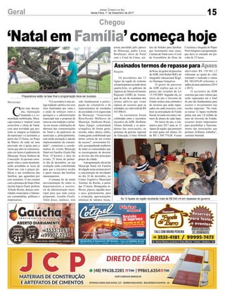 15Geral Jornal Correio do Sul
Sexta-Feira, 1° de Dezembro de 2017
teio de brindes para famílias
que iluminaram suas casas,
Cantata de Natal com o Coral
da Assembleia de Deus de
Chegou
Assinados termos de repasse para Apaes
‘Natal em Família’ começa hoje
Os presidentes das 12
Apaes da região do extremo
sul participaram na tarde desta
quarta-feira, no gabinete da
Agência de Desenvolvimento
Regional (ADR) de Araran-
guá, do ato de assinatura dos
termos aditivos que visam
repasse de recursos para as
entidades, no valor total de R$
543.800,61.
As assinaturas foram
celebradas entre o secretário
executivo da ADR, Heriberto
Afonso Schmidt, e os presi-
dentes das associações, na
presença da gerente regional
de Educação, Celina Hobold
da Rosa, do gestor de parcerias
daADR, José Rafael Biff e do
integrador educacional Rogé-
rio Henrique Gonçalves.
O gestor de parcerias
da ADR explica que os re-
passes são oriundos da Lei
13.334/2005. Segundo ele, no
início do ano o Governo do
Estado realiza uma estimativa
de recursos que serão repas-
sados em cada exercício, com
base na arrecadação do Fundo
Social, levando em conta o nú-
mero de alunos de cada Apae.
No início do ano, a esti-
mativa para 2017 para as 12
Apaes da região, que possuem
no total quase mil alunos, foi
de R$ 1.309.774,08. Foram
aditivados R$ 158.961,12
referentes ao ajuste do valor
estimado x realizado e outros
R$ 384.839,49 referentes a
saldosdeanosanteriores(2014
e 2015).
O secretário da ADR
concluiu que estes valores que
serão repassados até o final
do ano são fundamentais para
custeio e investimento nas
escolas especiais. “No total,
as nossas 12 Apaes receberão
juntas este ano 1,8 milhão de
reais do Governo do Estado,
recursos muito importantes
para possibilitar o funciona-
mento das associações que
prestam brilhante trabalho”,
concluiu Schmidt.
C
om ruas decora-
das, iluminação
instalada e a co-
munidade mobilizada, Mara-
cajá começa a ‘respirar’nesta
sexta-feira o clima de Natal,
com uma novidade que pro-
mete se integrar as tradições
do município: o Lucernário, a
partir das 23 horas, na Praça
da Matriz, de onde sai uma
procissão até a igreja para a
missa que abre as comemora-
ções em honra à padroeira de
Maracajá, Nossa Senhora da
Conceição. As pessoas carre-
garão velas e, neste momento,
serão acendidas as luzes de
Natal nas vias e praças pú-
blicas e nas residências das
famílias, que aguardam por
este momento. O ato contará
com a presença do bispo Dom
Jacinto Inácio Flach, prefeito
Arlindo Rocha, demais auto-
ridades municipais e lideran-
ças comunitárias, políticas e
empresariais.
Preparativos estão na fase final e programação deve ser sucesso
As 12 Apaes da região receberão mais de R$ 540 mil em repasses do governo
“O Lucernário é uma an-
tiga tradição católica em seus
ritos iluminados por velas e
a união de esforços entre a
paróquia e a administração
municipal tem a proposta de
renovar esta tradição e incluí-
-la em nossas celebrações de
abertura das comemorações
do Natal e da padroeira do
município e, principalmente,
está tendo aceitação e adesão
impressionantes da comuni-
dade”, comemora a coorde-
nadora do evento Maracajá
Natal em Família, Gisele Dal
Pont. O horário e data do
evento, 23 horas do primei-
ro dia de dezembro, na sua
avaliação estão contribuindo
para que a iniciativa receba
o apoio maciço das famílias
maracajaenses.
A semana foi de muita
movimentação de todos os
departamentos e secreta-
ria da administração muni-
cipal para que tudo esteja
preparado, ressalta Gisele.
Além disso, enaltece, tem
sido fundamental a partici-
pação de voluntários e de
representantes de entidades
da sociedade civil organizada
de Maracajá. “Associacão
Beneficente Mulheres de
Maracajá, Sindicato Rural,
Apae, Epagri, comunidade
evangélica de forma geral,
escolas, mães, idosos, enfim,
é tanta gente contribuindo que
temos certeza de um evento
de sucesso”, acrescentou Gi-
sele, acompanhando mulheres
de todas as comunidades que
se encarregaram de decorar
as árvores das três principais
praças da cidade.
Aprogramação oficial do
Maracajá Natal em Família
divulgada nesta semana prevê
a concentração de atividades
no dia 16 de dezembro, no
Centro Esportivo Municipal
Antônio da Rocha, a partir
das 15 horas. Brinquedos in-
fláveis, pipoca, algodão doce
e suco, gratuitamente, para
a criançada, apresentações
artísticas de talentos locais,
Maracajá
Região
missa presidida pelo pároco
de Maracajá, padre Lucas
Bombazar, show de Natal
com o Coral da Unesc, sor-
Criciúma e chegada do Papai
Noel integram a programação
que deve se estender até por
volta de 23 horas.
 