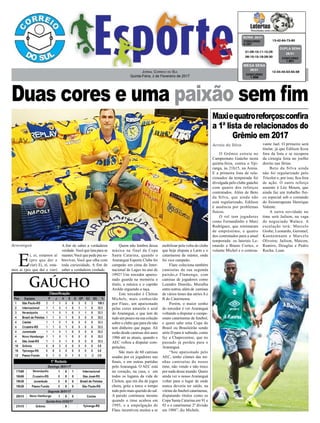Duas cores e uma paixão sem fim
Maxiequatroreforços:confira
a 1ª lista de relacionados do
Grêmio em 2017
Jornal Correio do Sul
Quinta-Feira, 2 de Fevereiro de 2017
Gaúcho
Araranguá
Arroio do Silva
O Grêmio estreia no
Campeonato Gaúcho nesta
quinta-feira, contra o Ypi-
ranga, às 21h15, na Arena.
E a primeira lista de rela-
cionados da temporada foi
divulgada pelo clube gaúcho
com quatro dos reforços
contratados. Além de Beto
da Silva, que ainda não
está regularizado, Edílson
é ausência por problemas
físicos.
O rol tem jogadores
como Fernandinho e Maxi
Rodríguez, que retornaram
de empréstimo, e quatro
dos contratados para a atual
temporada: os laterais Le-
onardo e Bruno Cortez, o
volante Michel e o centroa-
vante Jael. O primeiro será
titular, já que Edílson ficou
fora da lista e se recupera
da cirurgia feita no joelho
direito nas férias.
Beto da Silva ainda
não foi regularizado pelo
Tricolor e, por isso, fica fora
de ação. O outro reforço
ausente é Léo Moura, que
ainda faz um trabalho físi-
co especial sob o comando
do fisioterapeuta Henrique
Valente.
A outra novidade no
time será Jailson, na vaga
do negociado Walace. A
escalação terá: Marcelo
Grohe; Leonardo, Geromel,
Kannemnann e Marcelo
Oliveira; Jailson, Maicon,
Ramiro, Douglas e Pedro
Rocha; Luan.
E
i, ei, estamos aí
(pro que der e
vier) Ei, ei, esta-
mos aí (pro que der e vier)
A fim de saber a verdadeira
verdade.Você que luta para se
manter,Você que pede pra so-
breviver, Você que olha com
toda curiosidade, A fim de
saber a verdadeira verdade.
Quem não lembra dessa
música na final da Copa
Santa Catarina, quando o
Araranguá Esporte Clube foi
campeão em cima do Inter-
nacional de Lages no ano de
1992? Um torcedor apaixo-
nado guarda na memória o
título, a música e o capitão
Aroldo erguendo a taça.
Este torcedor é Cleiton
Michels, mais conhecido
por Flaec, um apaixonado
pelas cores amarela e azul
do Araranguá, e que tem de
tudo um pouco na sua coleção
sobre o clube que para ele não
tem dinheiro que pague. Ali
estão desde camisas dos anos
1986 até as atuais, quando o
AEC voltou a disputar com-
petições.
São mais de 60 camisas
usadas por ex jogadores nas
finais, e em outras partidas
pelo Araranguá. O AEC está
no coração, na casa, e em
todos os lugares da vida de
Cleiton, que em dia de jogos
chora, grita e torce o tempo
todo pelo mais querido do sul.
A paixão continuou mesmo
quando o time acabou em
1995, e a empolgação de
Flaec incentivou muitos a se
mobilizar pela volta do clube
que hoje disputa a Larm e o
catarinense de máster, onde
foi vice campeão.
Flaec coleciona também
camisetas da sua segunda
paixão,o Flamengo, com
camisas de jogadores como
Leandro Damião, Muralha
entre outros, além de camisas
de vários times das sériesAe
B do Catarinense.
Porém, o maior sonho
do torcedor é ver Araranguá
voltando a disputar o campe-
onato catarinense de futebol,
e quem sabe uma Copa do
Brasil ou Brasileirão sendo
série D para ir subindo, como
fez a Chapecoense, que no
passado já perdeu para o
Araranguá.
“Sou apaixonado pelo
AEC, tenho ciúmes das mi-
nhas camisetas do nosso
time, não vendo e não troco
por nada desse mundo. Quero
ainda ver o nosso Araranguá
voltar para o lugar de onde
nunca deveria ter saído, na
vitrine do futebol catarinense,
disputando títulos como os
Copa Santa Catarina em 91 e
92 e o catarinense 2º divisão
em 1988”, diz Michels.
13-42-64-73-80CONCURSO
4.297
QUINA 28/01
01-09-10-11-12-29
08-10-15-18-26-30 CONCURSO
1.601
DUPLA SENA
28/01
12-34-45-53-55-58
CONCURSO
1.898
MEGA SENA
28/01
 