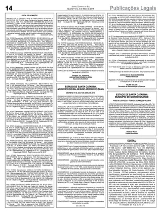 14 Publicações LegaisJornal Correio do Sul
Quarta-Feira, 2 de Maio de 2018
EDITAL DE INTIMAÇÃO
ARLINDO EDÍLIO DA ROSA, Titular do TABELIONATO DE NOTAS E
PROTESTOS DE TÍTULOS desta Comarca de Sombrio, situado na Av.
Nereu Ramos, 1300 - Fone (48) 3533-0318 - CEP88960-000, atendimento
das 08:00h - 12:00h e 14:00h - 18:00h, faz saber na forma da Lei aos que
o presente EDITALvirem, que se encontram nesse tabelionato para serem
protestados, decorrido o prazo legal de 03 (três) dias úteis, por não terem
sido encontrados nos endereços fornecidos, ou por se recusarem a tomar
conhecimento, os títulos cujos responsáveis estão abaixo discriminados.
Ficam esclarecidos, também, de que nesse mesmo prazo poderão
apresentar resposta escrita, que não impedirá a lavratura do protesto.
PROT. APRESENTANTE / CNPJ DEVEDOR / CNPJ
Prot: 167566; Devedor(es):ADEMIR PEREIRA- 951.891.069-34, End: rua
PedroJoséAmorim,735,Sombrio;Tip:Normal; Mot:Faltadepagamento;
Ced: NIQUELE MATERIAIS DE CONSTRUÇÃO; Sac: NIQUELE
MATERIAIS DE CONSTRUÇÃO; Tit: 1012-A ; Apr: CAIXA ECONÔMICA
FEDERAL;VEN:15/04/2018;Esp:DuplicataVendaMercantilporIndicação;
Val: R$ 87,00 + Juros Legais (1% a.m.); Emol.: R$ 58,08.Apontamento R$
17,00-SeloR$1,90-DistribuiçãoR$0,00-DiligênciaR$34,00- Condução
R$ 7,08 - Digitalização R$ 0,00- Total Emolumentos R$ 58,08.
Prot: 167556; Devedor(es): CRISTIANE CIDADE DASILVA- 059.139.609-
20, End: Br 101 Km 435, S/N, Sombrio; Tip: Normal; Mot: Falta de
pagamento; Ced: CONFECCOES MATTRIC LTDA; Sac: CONFECCOES
MATTRIC LTDA; Tit: 7753 ; Apr: FCDL; VEN: 05/12/2017; Esp: Duplicata
Venda Mercantil por Indicação; Val: R$ 1.879,86 + Juros Legais (1% a.m.);
Emol.: R$ 58,08. Apontamento R$ 17,00 - Selo R$ 1,90 - Distribuição R$
0,00 - Diligência R$ 34,00 - Condução R$ 7,08 - Digitalização R$ 0,00-
Total Emolumentos R$ 58,08.
Prot: 167625; Devedor(es): DAIANAZEMIANI - 087.842.929-89, End: Rua
N, S/N, BALNEARIO GAIVO; Tip: Normal; Mot: Falta de pagamento;
Ced: KAMINI INDUSTRIAE COMERCIO DE LINHAS LTDA; Sac: KAMINI
INDUSTRIAE COMERCIO DE LINHAS LTDA; Tit: 23574-1 ;Apr: BANCO
DO BRASIL SA; VEN: 21/04/2018; Esp: Duplicata Venda Mercantil por
Indicação; Val: R$ 658,04 + Juros Legais (1% a.m.); Emol.: R$ 93,15.
Apontamento R$ 17,00 - Selo R$ 1,90 - Distribuição R$ 0,00 - Diligência R$
52,20 - Condução R$ 23,95 - Digitalização R$ 0,00- Total Emolumentos
R$ 93,15.
Prot: 167639; Devedor(es): EVA LUZ BATISTA - 866.911.989-72, End:
Rua 10, S/N, Balneario Gaivota; Tip: Normal; Mot: Falta de pagamento;
Ced: ELVIO MAGUNS HOMEM; Sac: ELVIO MAGUNS HOMEM; Tit: 204
; Apr: FCDL; VEN: 20/01/2018; Esp: Espécie de Contrato; Val: R$ 645,00
+ Juros Legais (1% a.m.); Emol.: R$ 86,73. Apontamento R$ 17,00 - Selo
R$ 1,90 - Distribuição R$ 0,00 - Diligência R$ 52,20 - Condução R$ 17,53
- Digitalização R$ 0,00- Total Emolumentos R$ 86,73.
Prot: 167593; Devedor(es): GENESIO DE OLIVEIRA BALTAZAR -
448.380.859-15, End: Rua Edmundo Josino Pereira, 1524, Sombrio; Tip:
Normal; Mot: Falta de pagamento; Ced: LOJAS SOMBRA RIO; Sac:
LOJAS SOMBRA RIO; Tit: 8759 ; Apr: FCDL; VEN: 22/07/2017; Esp:
DuplicataVendaMercantilporIndicação; Val:R$239,00+JurosLegais(1%
a.m.); Emol.: R$ 58,08.Apontamento R$ 17,00 - Selo R$ 1,90 - Distribuição
R$ 0,00 - Diligência R$ 34,00 - Condução R$ 7,08 - Digitalização R$ 0,00-
Total Emolumentos R$ 58,08.
Prot: 167657; Devedor(es): GINIANI CARDOSO MORAES - 059.720.209-
55, End: Av. Getulio Vargas, 150, Sombrio; Tip: Normal; Mot: Falta de
pagamento; Ced: PAULINE MENEGUZZI; Sac: PAULINE MENEGUZZI;
Tit: BOL 0004/0 ; Apr: UNICRED CENTRAL RS; VEN: 05/04/2018; Esp:
DuplicataVendaMercantilporIndicação; Val:R$126,83+JurosLegais(1%
a.m.); Emol.: R$ 58,08.Apontamento R$ 17,00 - Selo R$ 1,90 - Distribuição
R$ 0,00 - Diligência R$ 34,00 - Condução R$ 7,08 - Digitalização R$ 0,00-
Total Emolumentos R$ 58,08.
Prot:167574;Devedor(es):IVANTISCOSKIDASILVA-ME-81.519.928/0001-
89, End: Av. Getulio Vargas, 265, Sombrio; Tip: Normal; Mot: Falta
de pagamento; Ced: CELESC DISTRIBUICAO S.A; Sac: CELESC
DISTRIBUICAO S.A; Tit: 20183698092 ; Apr: CELESC DISTRIBUICAO
S.A; VEN: À VISTA; Esp: Duplicata Venda Mercantil por Indicação; Val: R$
3.933,23+JurosLegais(1%a.m.);Emol.:R$58,08.ApontamentoR$17,00
- Selo R$ 1,90 - Distribuição R$ 0,00 - Diligência R$ 34,00 - Condução R$
7,08 - Digitalização R$ 0,00- Total Emolumentos R$ 58,08.
Prot: 167536; Devedor(es): JOEL BASTOS DOS SANTOS - 598.863.900-
34, End: Avenida Emas, S/N, Bal Gaivota; Tip: Normal; Mot: Falta de
pagamento; Ced: GAIVOTAIMOVEIS LTDAME; Sac: GAIVOTAIMOVEIS
LTDA ME; Tit: POSTEL20Q54 ; Apr: BANCO DO BRASIL SA; VEN:
15/04/2018; Esp: Duplicata Venda Mercantil por Indicação; Val: R$ 930,00
+ Juros Legais (1% a.m.); Emol.: R$ 96,37. Apontamento R$ 17,00 - Selo
R$ 1,90 - Distribuição R$ 0,00 - Diligência R$ 52,20 - Condução R$ 27,17
- Digitalização R$ 0,00- Total Emolumentos R$ 96,37.
Prot: 167580; Devedor(es): JOSE ESPINDOLA DOS SANTOS -
907.127.659-72, End: Av. Barramares, 1634, Balneario Gaivota; Tip:
Normal; Mot: Falta de pagamento; Ced: LOJAS SOMBRA RIO; Sac:
LOJAS SOMBRARIO; Tit: 6862/9260 ;Apr: FCDL; VEN: 08/10/2016; Esp:
DuplicataVendaMercantilporIndicação; Val:R$420,00+JurosLegais(1%
a.m.); Emol.: R$ 93,15.Apontamento R$ 17,00 - Selo R$ 1,90 - Distribuição
R$ 0,00 - Diligência R$ 52,20 - Condução R$ 23,95 - Digitalização R$
0,00- Total Emolumentos R$ 93,15.
Prot: 167592; Devedor(es): JOSELIA OLIVEIRA GUIMARAES -
711.095.529-04,End:RuaJoãoJoséGuimarães,860,Sombrio;Tip:Normal;
Mot: Falta de pagamento; Ced: CONTRA TEMPO MODAS LTDA - EPP;
Sac: CONTRATEMPO MODAS LTDA- EPP; Tit: 34647 ;Apr: FCDL; VEN:
30/03/2018; Esp: Nota Promissória; Val: R$ 792,00 + Juros Legais (1%
a.m.); Emol.: R$ 58,08.Apontamento R$ 17,00 - Selo R$ 1,90 - Distribuição
R$ 0,00 - Diligência R$ 34,00 - Condução R$ 7,08 - Digitalização R$ 0,00-
Total Emolumentos R$ 58,08.
Prot: 167568; Devedor(es): MARIA APARECIDA DE JESUS DIAS -
003.099.540-02, End: Rua João José Coelho, sn, Sombrio; Tip: Normal;
Mot:Faltadepagamento;Ced:NIQUELEMATERIAISDECONSTRUÇÃO;
Sac: NIQUELE MATERIAIS DE CONSTRUÇÃO; Tit: 295-A/001 ; Apr:
CAIXA ECONÔMICA FEDERAL; VEN: 15/04/2018; Esp: Duplicata Venda
Mercantil por Indicação; Val: R$ 122,00 + Juros Legais (1% a.m.); Emol.:
R$ 58,08. Apontamento R$ 17,00 - Selo R$ 1,90 - Distribuição R$ 0,00 -
Diligência R$ 34,00 - Condução R$ 7,08 - Digitalização R$ 0,00- Total
Emolumentos R$ 58,08.
Prot: 167630; Devedor(es): MARISTELA CRISTINA SILVEIRA DE AVILA
- 005.971.079-98, End: Rua Valerim Inacio da Rosa, 1385, Sombrio;
Tip: Normal; Mot: Falta de pagamento; Ced: AYMORE CREDITO,
FINANCIAMENTO E INVESTIMENTO; Sac: AYMORE CREDITO,
FINANCIAMENTOEINVESTIMENTO; Tit:00292291264;Apr:PORTALDE
DOCUMENTOS S/A; VEN: 19/04/2018; Esp: Cédula de Crédito Bancária
por Indicação; Val: R$ 2.429,36 + Juros Legais (1% a.m.); Emol.: R$ 58,08.
Apontamento R$ 17,00 - Selo R$ 1,90 - Distribuição R$ 0,00 - Diligência R$
34,00 - Condução R$ 7,08 - Digitalização R$ 0,00- Total Emolumentos
R$ 58,08.
Prot: 167629; Devedor(es): NILZA VIEIRA ESPANHOL - 707.561.989-68,
End: Rua Maximo Rodrigues da Silva, 324, Sombrio; Tip: Normal; Mot:
Falta de pagamento; Ced: AYMORE CREDITO, FINANCIAMENTO
E INVESTIMENTO; Sac: AYMORE CREDITO, FINANCIAMENTO E
INVESTIMENTO; Tit: 00353254568 ; Apr: PORTAL DE DOCUMENTOS
S/A; VEN: 19/04/2018; Esp: Cédula de Crédito Bancária por Indicação; Val:
R$ 4.006,64 + Juros Legais (1% a.m.); Emol.: R$ 58,08. Apontamento R$
17,00-SeloR$1,90-DistribuiçãoR$0,00-DiligênciaR$34,00- Condução
R$ 7,08 - Digitalização R$ 0,00- Total Emolumentos R$ 58,08.
Prot: 167579; Devedor(es): TAIS FERREIRA MATEUS - 083.896.959-36,
End: Av.Papa João XXIII, S/N, Sombrio; Tip: Normal; Mot: Falta de
pagamento;Ced:PITALANIOCORALBOAROLI; Sac:PITALANIOCORAL
BOAROLI; Tit: 161 ; Apr: COOPERATIVA DE CREDITO, POUPANCA E
INVES; VEN: 19/04/2018; Esp: Duplicata Venda Mercantil por Indicação;
Val: R$ 109,50 + Juros Legais (1% a.m.); Emol.: R$ 58,08.Apontamento R$
17,00-SeloR$1,90-DistribuiçãoR$0,00-DiligênciaR$34,00- Condução
R$ 7,08 - Digitalização R$ 0,00- Total Emolumentos R$ 58,08.
Prot: 167641; Devedor(es): TATIANE DACOSTASOARES - 829.868.940-
20, End: Rua 14, 78, Balneario Gaivota; Tip: Normal; Mot: Falta de
pagamento; Ced: ELVIO MAGUNS HOMEM; Sac: ELVIO MAGUNS
HOMEM; Tit: 649 ; Apr: FCDL; VEN: 24/03/2018; Esp: Nota Promissória;
Val: R$ 1.031,32 + Juros Legais (1% a.m.); Emol.: R$ 93,15.Apontamento
R$ 17,00 - Selo R$ 1,90 - Distribuição R$ 0,00 - Diligência R$ 52,20 -
Condução R$ 23,95 - Digitalização R$ 0,00- Total Emolumentos R$ 93,15.
Certifico, para os devidos fins, que o presente edital foi afixado no mural da
serventia em: 02/05/2018.
Sombrio - SC, 02/05/2018
ARLI ANTONIO SOUZA DA ROSA
Escrevente Substituto
ESTADO DE SANTA CATARINA
MUNICÍPIODEBALNEÁRIOARROIODOSILVA
DECRETO N° 60, DE 27 DE ABRIL DE 2018.
PRORROGAOPRAZODOPROCESSOADMINISTRATIVODISCIPLINAR,
INSTAURADO PELO DECRETO MUNICIPAL Nº 34, DE 27 DE
FEVEREIRO DE 2018, PARAAPURAÇÃO DAS SUPOSTAS CONDUTAS
IRREGULARESPRATICADASPELASERVIDORAPÚBLICAMUNICIPAL,
A SENHORA C.M.P.K., E DÁ OUTRAS PROVIDÊNCIAS.
JUSCELINO DA SILVA GUIMARÃES, PREFEITO MUNICIPAL DE
BALNEÁRIOARROIO DO SILVA, no uso das atribuições legais conferidas
no disposto dos Incisos I, XXII e XXVI, do Artigo 58, da Lei Orgânica do
Município, combinado com os Artigos 86, 90 a 98 e 101, todos da Lei
Complementar Municipal nº 004, de 28 de dezembro de 2001, que “Dispõe
sobre o Estatuto e Regime Jurídico dos Servidores Municipais”, e
CONSIDERANDO que compete ao Chefe do Poder Executivo dispor sobre
aorganizaçãoefuncionamentodaadministraçãomunicipaleaindaodireito
aos Municípios de Legislar sobre assuntos de interesse local, nos termos
do Inciso I, do Artigo 30 da Constituição Federal;
CONSIDERANDO que a ação disciplinar tem a finalidade de garantir a
aplicação e respeito aos princípios previstos no Artigo 37, da Constituição
Federal, a ordem e a justiça, visando atender ao interesse público e aos
princípios da legalidade, impessoalidade, moralidade, publicidade e da
eficiência;
CONSIDERANDO que é dever do Poder Público zelar pelo adequado
funcionamento dos Órgãos da Administração Municipal e fazer cumprir os
regramentosdestinadosaosServidoresMunicipais,especialmenteaqueles
que dizem respeito aos deveres funcionais;
CONSIDERANDO que o ProcessoAdministrativo Disciplinar é o instrumento
jurídico de que se vale a autoridade administrativa quando necessita aferir a
responsabilidadedeagentepúblicoe,seforocaso,aplicararespectivasanção;
CONSIDERANDO que ao Servidor Público Municipal deve ser garantido
o respeito ao devido Processo Administrativo Disciplinar, a ampla defesa
e o contraditório;
CONSIDERANDO a importância do exercício do poder disciplinar, como
garantia da ordem administrativa;
CONSIDERANDOqueemrespeitoaoprincípioconstitucionaldadignidade
da pessoa humana (art.1º, III, CF 1988), o poder disciplinar não deverá ser
exercitado de forma arbitrária, desproporcional ou desmotivada;
CONSIDERANDO a manifestação favorável da Assessoria Jurídica do
Município, por meio de Parecer, constantes dos documentos que instruem
oProcessoAdministrativonº000190/2018eaindapelagravidadedosFatos
porjulgarnecessáriooAfastamentoPreventivocomomedidacautelar,afim,
de que a Servidora não venha a influir na apuração das Irregularidades,
previsto no Artigo 94, da Lei Complementar Municipal nº 004, de 28 de
dezembro de 2001, que “Dispõe sobre o Estatuto e Regime Jurídico dos
Servidores Municipais”;
CONSIDERANDO a solicitação expressa do Presidente da Comissão de
InquéritodeProcessoAdministrativoDisciplinar,oServidorPúblicoMunicipal
Lucas Borges Fernandes, por meio da Comunicação nº 008/2018 da CPAD
34/2018, encaminhada ao Chefe do Poder Executivo Municipal, na qual
solicita a prorrogação por igual período, ou seja, mais 60 (sessenta) para a
conclusão dos trabalhos incumbidos pela Comissão
do presente Processo Administrativo Disciplinar;
CONSIDERANDO finalmente, o evidente interesse público e necessidade
administrativa na questão,
D E C R E TA:
ESTADO DE SANTA CATARINA
MUNICÍPIO DE MORRO GRANDE
AVISO DE LICITAÇÃO – TOMADA DE PREÇOS Nº 2/2018
APREFEITURADEMORROGRANDE,localizadaaRuaIrmãosBiff,nº50,
CEP88.925-000,Centro,MorroGrande/SC,tornapúblicoparaconhecimento
dos interessados, que está sendo publicado o Edital de Tomada de Preços
nº2/2018,cujoobjetivoéaContrataçãodeobrasdepavimentaçãonaRuas
Pedro Dal Toé e Artidoro Rosso e na Rodovia Municipal Marlene Piazza
Zuchinali do município de Morro Grande. Os recursos financeiros serão de
origem do Contrato de Repasse nº 847099/2017 do Ministério das Cidades.
Os envelopes contendo a documentação de habilitação e proposta de
preços serão recebidos até às 08h30min do dia 18/05/2018, com abertura
nomesmodiaàs09h00min,juntoaoSetordeLicitaçõesdestaprefeiturano
endereço supracitado. Informamos que a íntegra do Edital e seus anexos
poderão ser lidos ou obtidos no endereço supracitado, das 07h30min às
11h30minedas13h00minàs17h00minounositewww.morrogrande.sc.gov.
br.Maioresinformaçõesestarádisponívelotelefone(48)3544-0016oupelo
e-mail licita@morrogrande.sc.gov.br.
Valdionir Rocha
Prefeito Municipal.
EDITAL
ESTADODESANTACATARINA/PODERJUDICIÁRIOComarca
- Araranguá / 2ª Vara CívelAv.Coronel João Fernandes,
nº 195, Centro - CEP 88900-904, Fone: (48) 3521-6023,
Araranguá-SC - E-mail: ararangua.civel2@tjsc.jus.brJuiz de
Direito: Gustavo Santos MottolaChefe de Cartório: Marcelo
Vitto BongioloEDITAL DE CITAÇÃO - RITO ORDINÁRIO
- COM PRAZO DE 30 DIASProcedimento Comum n.
0304286-68.2015.8.24.0004Requerente: Mapa Comércio
Atacadista e Transportes Ltda Me /Requerido: CONFECÇÕES
JAMILER LTDA ME, na pessoa da Sócia SRA. MARIA
LUZIA FERMINO ROCHA /Citando(a)(s): CONFECÇÕES
JAMILER LTDA ME, NA PESSOA DA SÓCIA SRA. MARIA
LUZIA FERMINO ROCHA, CNPJ 02.183.343/0001-64,
Rua Sebastião Fermiano, 26, Cristo Redentor, CEP 88816-
204, Criciúma - SCPelo presente, a(s) pessoa(s) acima
identificada(s), atualmente em local incerto ou não sabido,
FICA(M) CIENTE(S) de que neste Juízo de Direito tramitam os
autos do processo epigrafado e CITADA(S) para responder à
ação, querendo, em 0 dias úteis, contados do primeiro dia útil
seguinte ao transcurso do prazo deste edital.ADVERTÊNCIA:
Se o réu não contestar a ação, será considerado revel e
presumir-se-ão verdadeiras as alegações formuladas pelo
autor (art. 344 do CPC). Será nomeado curador especial no
caso de revelia (art. 257, IV do CPC). E para que chegue
ao conhecimento de todos, partes e terceiros, foi expedido
o presente edital, o qual será afixado no local de costume e
publicado 1 vez(es), com intervalo de 0 dias, na forma da lei.
Araranguá (SC), 27 de março de 2018.Luciana Oliveira da
RosaCódigo de Normas da Corregedoria-Geral da Justiça
- Art. 212DOCUMENTO ASSINADO DIGITALMENTE Lei n.
11.419/2006, art. 1º, § 2º, III, “a”.
Art. 1º Fica PRORROGADO pelo prazo de mais 60 (sessenta) dias,
a conclusão do PROCESSO ADMINISTRATIVO DISCIPLINAR Nº
000190/2018, para apuração das supostas condutas irregulares praticadas
pela Servidora Pública Municipal, a Senhora C.M.P.K., matricula nº 526,
ocupante do Cargo de Provimento Efetivo de Professor, previsto no Artigo
101, da Lei Complementar Municipal nº 004, de 28 de dezembro de 2001,
que“DispõesobreoEstatutoeRegimeJurídicodosServidoresMunicipais”,
em decorrência dos Fatos apresentados de Insubordinação Grave em
Serviço e Ofensa Física, em Serviço a Servidor ou Particular, salvo em
Legítima Defesa Própria ou de Outrem, instaurado pelo Decreto Municipal
nº 34, de 27 de fevereiro de 2018.
Art. 2º Fica determinada a prorrogação doAFASTAMENTO PREVENTIVO
da Servidora Pública Municipal, a Senhora C.M.P.K., Matricula nº 526,
ocupante do Cargo de Provimento Efetivo de Professor, do exercício
de suas funções laborais, pelo prazo de mais 60 (sessenta) dias, sem
prejuízo de sua remuneração, como manutenção de Medida Cautelar,
afim de que a Servidora ora investigada não venha a influir na apuração
das Irregularidades, conforme previsto noArtigo 94, parágrafo único, da Lei
Complementar Municipal nº 004, de 28 de dezembro de 2001, que “Dispõe
sobre o Estatuto e Regime Jurídico dos Servidores Municipais”.
Parágrafo único. O afastamento preventivo determinado à servidora
supracitada está previsto no Artigo 2º, do Decreto Municipal nº 34, de 27
de fevereiro de 2018.
Art. 3º Fica o Departamento de Pessoal encarregado de proceder às
anotações e aos procedimentos administrativos que se façam necessários
ao cumprimento do presente Ato.
Art. 4º Este Decreto entra em vigor na data de sua publicação, gerando
efeitos a partir de 27 de abril de 2018.
Prefeitura Municipal de Balneário Arroio do Silva, em 27 de abril de 2018.
JUSCELINO DA SILVA GUIMARÃES
Prefeito Municipal
Registrado e Publicado o presente Decreto na Secretaria deAdministração
e Finanças, em 27 de abril de 2018.
FELIPE KELLER
Secretário de Administração e Finanças
 