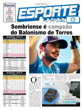 Sombriense é campeão
do Balonismo de Torres
Sombrio/Torres
02-03-04-05-07
10-11-12-13-15
17-19-20-23-24
CONCURSO
1.656
LOTO FÁCIL
30/04
04-49-54-68-71
CONCURSO
4.667
QUINA
30/04
Jornal Correio do Sul
Quarta-Feira, 2 de Maio de 2018
O
sombrien-
se Murilo
Gonçal-
ves vem
se desta-
cando no balonismo e, atra-
vés do esporte, está levando
o nome de Sombrio e da
empresa de sua família, a
Rede Furnas, para várias
partes do país.
Na manhã desta terça-
-feira, Murilo, consagrou-se
campeão da 30ª edição do
Festival Internacional de
Balonismo de Torres, con-
correndo com 64 pilotos. De
acordo com o Blog Balonis-
mo, foi realizado um fly in,
com alvo, no bairro Salinas,
na Igrejinha em Torres, no
Rio Grande do Sul. Além do
título do festival, Murilinho,
como é conhecido, também
venceu a primeira etapa do
Campeonato Gaúcho de
Balonismo.
“Realizei esse sonho
pela terceira vez. Sonho
Brasileirão - Série A
Brasileirão - Série B
aquele que era tão distante
quando ficava horas e horas
do lado de fora do alambrado
para conseguir ver toda a
movimentação das equipes
e o lindo voo dos gigantes”,
comentou o piloto, que junto
de sua equipe Rede Furnas
comemorou muito a con-
quista.
 