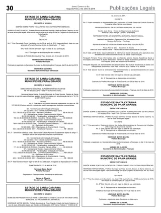 30 Publicações LegaisJornal Correio do Sul
Segunda-Feira, 2 de Julho de 2018
ESTADO DE SANTA CATARINA
MUNICÍPIO DE PRAIA GRANDE
DECRETO Nº 024/2018
ABRE CRÉDITO ADICIONAL SUPLEMENTAR NO VALOR DE
R$ 107.800,00 (Cento e sete mil e oitocentos reais).
Henrique Matos Maciel, Prefeito Municipal de Praia Grande, Estado de Santa
Catarina, no uso de suas atribuições legais e de conformidade com a autorização da Lei nº 2.516
de 28/11/2017 resolve:
Decretar
Art 1º Fica aberto um crédito Adicional suplementar no valor de R$
107.800,00 (Cento e sete mil e oitocentos reais) nas seguintes dotações orçamentárias.
03 – Secretaria de Administração e Finanças
04.122.0003.2.003 – Gestão da Administração Geral
10-3.3.90.00.00.00.00.00.0000 – Recursos Ordinários..........................R$ 90.000,00
07 – Secretaria de Obras e Desenvolvimento Urbano
26.181.0014.2.029 – Fiscalização e sinalização de Trânsito
183-4.4.90.00.00.00.00.00.0354 – Convênio Trânsito-Militar................R$ 8.000,00
07 – Secretaria de Obras e Desenvolvimento Urbano
26.181.0014.2.029 – Fiscalização e sinalização de Trânsito
184-4.4.90.00.00.00.00.00.0356 – Convênio Trânsito-Prefeitura............R$ 8.000,00
04 – Secretaria de Educação
12.365.0005.2.006 – Manutenção do Ensino Infantil - Creche
49-3.3.90.00.00.00.00.00. 0001 – Receita de Impostos...........................R$ 1.800,00
Art. 2º - Servirá de cobertura para a abertura de Crédito Adicional Suplementar objeto do artigo 1º,
anulação parcial das seguintes dotações orçamentárias.
03 – Secretaria de Administração e Finanças
04.122.0003.2.003 – Gestão da Administração Geral
07-3.1.90.00.00.00.00.00.0000 – Recursos Ordinários..........................R$ 90.000,00
07 – Secretaria de Obras e Desenvolvimento Urbano
26.181.0014.2.029 – Fiscalização e sinalização de Trânsito
171-3.3.90.00.00.00.00.00.0354 – Convênio Trânsito-Militar................R$ 8.000,00
07 – Secretaria de Obras e Desenvolvimento Urbano
26.181.0014.2.029 – Fiscalização e sinalização de Trânsito
172-3.3.90.00.00.00.00.00.0356 – Convênio Trânsito-Prefeitura............R$ 8.000,00
04 – Secretaria de Educação
12.365.0005.2.006 – Manutenção do Ensino Infantil - Creche
46-3.1.90.00.00.00.00.00. 0001 – Receita de Impostos...........................R$ 1.800,00
Art. 3º - Este Decreto entra em vigor na data de sua publicação, revogadas as disposições em contrário.
Praia Grande-SC, 23 de abril de 2018.
Henrique Matos Maciel
Prefeito Municipal
Registrado e Publicado nesta Secretaria na data supra.
Varner de Oliveira
Sec.de Adm. e Finanças
ESTADO DE SANTA CATARINA
MUNICÍPIO DE PRAIA GRANDE
DECRETO N° 023/2018
DISPÕE SOBRE PONTO FACULTATIVO E DÁ OUTRAS PROVIDÊNCIAS.
HENRIQUE MATOS MACIEL, Prefeito Municipal de Praia Grande, Estado de Santa Catarina, no uso
de suas atribuições legais, e de acordo com o inciso V do artigo 83 da Lei Orgânica do Município de
Praia Grande,
Resolve:
DECRETA
Art.1° Fica Decretado Ponto Facultativo no dia 30 de abril de 2018 (segunda-feira), data em que
antecede o Feriado Nacional do dia do trabalhador – 1° maio.
Art.2° Este Decreto entra em vigor na data de sua publicação.
Art. 3° Revogam-se as disposições em contrário.
Gabinete do Prefeito Municipal de Praia Grande, em 23 de abril de 2018.
HENRIQUE MATOS MACIEL
Prefeito Municipal
Publicado e registrado na Secretaria Municipal de Administração e Finanças, dia 23 de abril de 2018.
VARNER DE OLIVEIRA
Secretário de Administração e Finanças
ESTADO DE SANTA CATARINA
MUNICÍPIO DE PRAIA GRANDE
DECRETO Nº 030/2018
DISPÕE SOBRE PONTO FACULTATIVO DE CORPUS CHRISTI E DÁ OUTRAS PROVIDÊNCIAS.
HENRIQUE MATOS MACIEL, Prefeito Municipal de Praia Grande, Estado de Santa Catarina, no
uso de suas atribuições legais e de conformidade com a Lei Orgânica do Município, Art. 83, Inciso
V,
DECRETA:
Art. 1º Fica Decretado ponto facultativo nos dias 31/05 (quinta-feira) e 01/06 (sexta-feira) de 2018,
em virtude da comemoração de Corpus Christi.
Art. 2º Este Decreto entra em vigor na data de sua publicação.
Art. 3º Revogam-se às disposições em contrário.
Prefeitura Municipal de Praia Grande, em 11 de maio de 2018.
HENRIQUE MATOS MACIEL
Prefeito Municipal
Publicada e registrada nesta Secretaria na data supra.
VARNER DE OLIVEIRA
Secretário de administração e finanças
ESTADO DE SANTA CATARINA
MUNICÍPIO DE PRAIA GRANDE
DECRETO N° 026/2018
DISPÕE SOBRE O REGIMENTO INTERNO DAS JUNTAS ADMINISTRATIVAS DE RECURSOS
DE INFRAÇÕES – JARI E DÁ OUTRAS PROVIDÊNCIAS
HENRIQUE MATOS MACIEL, Prefeito Municipal de Praia Grande, Estado de Santa Catarina, no
uso de suas atribuições legais;
DECRETA:
Art. 1° Fica aprovado o Regimento Interno das Juntas Administrativas de Recursos de Infrações-
JARI, integrante do presente Decreto.
Art. 2° Este Decreto entra em vigor na data de sua publicação.
Art. 3° Revogam-se as disposições em contrário.
Gabinete do Prefeito Municipal de Praia Grande, em 10 de maio de 2018.
HENRIQUE MATOS MACIEL
Prefeito Municipal
Publicado e registrado na SecretariaMunicipal de Administração e Finanças, no dia 10 de maio de
2018.
VARNER DE OLIVEIRA
Secretário de Administração e Finanças
ESTADO DE SANTA CATARINA
MUNICÍPIO DE PRAIA GRANDE
DECRETO N° 025/2018
NOMEIAM REPRESENTANTES PARA COMPOREM O COMITÊ GESTOR INTERSETORIAL
MUNICIPAL DO PROGRAMA BOLSA FAMÍLIA.
HENRIQUE MATOS MACIEL, Prefeito Municipal de Praia Grande, Estado de Santa Catarina, no
uso de suas atribuições legais que lhe são conferidas pelo Art.9º da Lei Federal n° 10.836 de 09
de Janeiro de 2004.
DECRETA
Art.1° Ficam nomeados os representantes para comporem o Comitê Gestor de Controle Social do
Programa Bolsa Família como segue:
REPRESENTANTES DA SECRETARIA MUNICIPAL DE SAÚDE:
Sandro José Zomer - Diretor do Departamento de Saúde
Ritha de Cássia Menger Lumertz - Enfermeira
REPRESENTANTES DA SECRETARIA MUNICIPAL ASSIST. SOCIAL:
Marilda Evaldt Martins - Gestora do PBF e Cadastro Único
Vanessa da Rocha – Psicóloga
REPRESENTANTES DA SECREATARIA MUNICIPAL DE EDUCAÇÃO:
Paula Reis da Silva – Secretária de Escola
Joelcir da Silva Padilha Duarte – Técnica da Secretaria Municipal de Educação
Art.2° Este comitê terá a responsabilidade de informar os dados solicitados pelos aplicativos dos
Ministérios do Desenvolvimento Social, da Saúde e da Educação.
Parágrafo Primeiro: Trocar informações entre os diferentes setores (Saúde, Assistência Social e
Educação) para avaliar as ações efetuadas e manter os dados atualizados garantindo o fluxo de
informações, juntos aos respectivos Ministérios.
Parágrafo Segundo: Os representantes de cada secretaria têm o dever de informar os dados com
fidedignidade pertinente a cada área, conforme a Lei Federal nº10. 836/04.
Art.3° Este deverá reunir-se ordinariamente bimestralmente ou extraordinariamente em casos
excepcionais.
Art.4° Este Decreto entra em vigor na data de sua publicação.
Art. 5° Revogam-se as disposições em contrário.
Gabinete do Prefeito Municipal de Praia Grande, em 09 de Maio de 2018.
HENRIQUE MATOS MACIEL
Prefeito Municipal
Publicado e registrado na Secretaria Municipal de Administração e Finanças, dia 09 de Maio de 2018.
VARNER DE OLIVEIRA
Secretário de Administração e Finanças
 