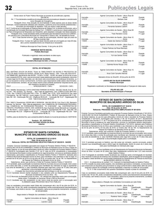 32 Publicações LegaisJornal Correio do Sul
Segunda-Feira, 2 de Julho de 2018
- Sendo dever do Poder Público Municipal na tomada de providências urgentes;
DECRETA:
Art. 1° Fica declarada a existência de situação anormal provocada por desastre e caracterizada
como Situação de Emergência.
Parágrafo Único. Esta situação de anormalidade é valida apenas para as áreas desde
Município, comprovadamente afetadas pelo desastre, conforme prova documental estabelecidas (
formulário de informação do desastre- FIDE em anexo a este decreto).
.Art.2°.Confirma-se.a.mobilização.do.Sistema.Nacional.de.Defesa.Civil,.no.âmbito.do.Município,.sob.a.
coordenação da Comissão Municipal de Defesa Civil – COMDEC e autoriza-se o desencadeamento
do Plano emergencial de Respostas aos Desastres, após adaptado à situação real desse desastre.
Parágrafo Único. Essas atividades serão coordenadas pela Secretaria Executiva da COMDEC,
em parceria com a Secretaria Municipal de Transportes e Obras e Sec. de Assistência Social.
Art 3° Este Decreto entra em vigor na data de sua publicação, devendo viger por prazo de
90 dias (noventa) dias.
Parágrafo Único. O prazo de vigência deste Decreto pode ser prorrogado por mais 90 dias,
até o pronto restabelecimento da infraestrutura necessária.
Prefeitura Municipal de Praia Grande, 14 de junho de 2018.
HENRIQUE MATOS MACIEL
Prefeito Municipal
Publicado e registrado nesta secretaria na data supra.
VARNER DE OLIVEIRA
Secretária Municipal de Adm. e Finanças
EDITAL DE INTIMAÇÃO
.ARLI.ANTÔNIO.SOUZA.DA.ROSA,.Titular.do.TABELIONATO.DE.NOTAS.E.PROTESTOS.DE.
TÍTULOS.desta.Comarca.de.Sombrio,.situado.na.Av..Nereu.Ramos,.1300.-.Fone.(48).3533-0318.-.
CEP 88960-000, atendimento das 08:00h - 12:00h e 14:00h - 18:00h, faz saber na forma da Lei aos
que o presente EDITAL virem, que se encontram nesse tabelionato para serem protestados, decorrido
o prazo legal de 03 (três) dias úteis, por não terem sido encontrados nos endereços fornecidos, ou
por se recusarem a tomar conhecimento, os títulos cujos responsáveis estão abaixo discriminados.
Ficam esclarecidos, também, de que nesse mesmo prazo poderão apresentar resposta escrita, que
não impedirá a lavratura do protesto.
PROT. .................................................APRESENTANTE./.CNPJ. DEVEDOR./.CNPJ
Prot:.169268;.Devedor(es):.CATIA.CRISTIANI.FERRARI.DA.ROSA.-.044.922.149-09,.End:.Br.101.
Km.441,.146,.Sombrio;.Tip:.Normal;.....Mot:.Falta.de.pagamento;.Ced:.CONFECCOES.MATTRIC.
LTDA;..Sac:.CONFECCOES.MATTRIC.LTDA;..Tit:.28802.;.Apr:.FCDL;.VEN:.05/02/2018;.Esp:.Nota.
Promissória;..Val:.R$.7.490,00.+.Juros.Legais.(1%.a.m.);.Emol.:.R$.83,67..Apontamento.R$.17,00.-.
Selo.R$.1,90.-.Distribuição.R$.0,00.-.Diligência.R$.52,20.-...Condução.R$.14,47.-.Digitalização.R$.
0,00-..Total.Emolumentos.R$.83,67.
Prot:.169413;.Devedor(es):.RODRI.MELO.SERAFIM.-.954.553.020-00,.End:.Rua.9,.252,.Balneario.
Gaivota;.Tip:.Normal;.....Mot:.Falta.de.pagamento;.Ced:.COMERCIAL.DE.FERRAGENS.PROGRES;..
Sac:. COMERCIAL. DE. FERRAGENS. PROGRES;. .Tit:. 319916ANF. ;.Apr:. COOPERATIVA. DE.
CREDITO,.POUPANCA.E.INVES;.VEN:.22/06/2018;.Esp:.Duplicata.Venda.Mercantil.por.Indicação;..
Val:.R$.330,61.+.Juros.Legais.(1%.a.m.);.Emol.:.R$.86,73..Apontamento.R$.17,00.-.Selo.R$.1,90.
-.Distribuição.R$.0,00.-.Diligência.R$.52,20.-...Condução.R$.17,53.-.Digitalização.R$.0,00-..Total.
Emolumentos.R$.86,73.
Certifico,.para.os.devidos.fins,.que.o.presente.edital.foi.afixado.no.mural.da.serventia.em:.02/07/2018.
Sombrio - SC, 02/07/2018
ARLI ANTONIO SOUZA DA ROSA
Interino
ESTADO DE SANTA CATARINA
MUNICÍPIO DE BALNEÁRIO ARROIO DO SILVA
EDITAL DE CHAMAMENTO Nº 01/2018
Data: 29 de junho de 2018
Referente: EDITAL DE PROCESSO SELETIVO PÚBLICO Nº 002/2018 - SAÚDE
Ementa:.Convoca.Candidatos.aprovados.aos.cargos.do.Processo.Seletivo.Público.nº.002/2018.
JUSCELINO.DA.SILVA.GUIMARÃES,.Prefeito.do.Município.de.Balneário.Arroio.do.Silva,.Estado.de.
Santa Catarina, no uso de suas atribuições e tendo em vista o resultado do Processo Seletivo Público
nº.002/2018,.homologado.pelo.Decreto.nº.67,.de.07.maio.de.2018,.considerando.a.necessidade.
das Secretarias Municipais e ainda a existência de vaga temporária, convoca os candidatos adiante
relacionados,.aprovados.e.classificados.no.Processo.Seletivo.Público.nº.002/2018,.realizado.pela.
Prefeitura.Municipal.de.Balneário.Arroio.do.Silva,.para.manifestar.o.seu.interesse.ou.não.na.vaga,.no.
período de 02 de julho de 2018 a 03 de julho de 2018, no horário das 13h às 19h, no Departamento
de.Pessoal.da.Prefeitura.de.Balneário.Arroio.do.Silva.
Salientamos,.ainda,.que.conforme.o.Edital.de.Processo.Seletivo.Público.nº.002/2018:
13..O.candidato,.após.a.publicação.na.imprensa.oficial.do.município.da.sua.convocação,.terá.o.prazo.
de 2 (dois) dias úteis, a contar da publicação para manifestar seu interesse na vaga ou apresentar
sua carta de desistência, e, caso manifeste interesse pela vaga terá o prazo de 10 (dez) dias para
apresentar a documentação exigida para a contratação.
13.1............ A relação dos documentos admissionais será entregue no ato da convocação;
13.2.O Candidato deverá manter atualizado o seu cadastro junto ao Departamento Pessoal do
Município.de.Balneário.Arroio.do.Silva.–.SC;.
13.3..O.Município.de.Balneário.Arroio.do.Silva.–.SC.utilizará.dos.seguintes.meios.para.convocação,.
nesta.ordem:.Publicação.na.Imprensa.Oficial.e.Site.do.Município.
13.4.O Candidato que não comparecer no dia, hora e local de acordo com a convocação será
ELIMINADO.deste.PROCESSO.SELETIVO.PÚBLICO.
Caso os candidatos convocados neste Edital não compareçam até o dia 03 de julho de 2018, no
horário.das.13h.às.19h,.serão.considerados.desistentes.e.serão.automaticamente.desclassificados.
do Processo, sem direito a recurso. Caso necessário, aplica-se ao presente chamamento, os efeitos
da retroatividade.
Segue abaixo a Relação dos candidatos Convocados por este Edital:
Agente Comunitário de Saúde – Micro Área 04
Inscrição..............................................................................Nome. Posição
118494 ................................................................. Leandro Lopes 1º Lugar
ESTADO DE SANTA CATARINA
MUNICÍPIO DE BALNEÁRIO ARROIO DO SILVA
EDITAL DE CHAMAMENTO Nº 16/2018
Data: 29 de junho de 2018.
Referente: PROCESSO SELETIVO SIMPLIFICADO Nº 001/2016
Ementa:.Convoca.Candidatos.aprovados.aos.cargosdo.Processo.Seletivo.Simplificado.nº.001/2016.
JUSCELINO.DA.SILVA.GUIMARÃES,.Prefeito.do.Município.de.Balneário.Arroio.do.Silva,.Estado.
de Santa Catarina, no uso de suas atribuições e tendo em vista o resultado do Processo Seletivo
Simplificado.nº.001/2016,.homologado.pelo.Decreto.nº.09,.de.18.janeiro.de.2017,.devidamente.
prorrogado.pelo.Decreto.nº.17,.de.17.de.janeiro.de.2018,.considerando.a.necessidade.da.Secretaria.
Municipal e ainda a existência de vaga temporária, convoca os candidatos adiante relacionados,
aprovados.e.classificados.no.Processo.Seletivo.Simplificado.nº.001/2016,.realizado.pela.Prefeitura.
Municipal.de.Balneário.Arroio.do.Silva,.para.manifestar.o.seu.interesse.ou.não.na.vaga,.no.período.
de 02 de julho de 2018 a 03 de julho de 2018, no horário das 13h às 19h, no Departamento de
Pessoal.da.Prefeitura.de.Balneário.Arroio.do.Silva.
Salientamos,.ainda,.que.conforme.o.Edital.de.Processo.Seletivo.nº.001/2016:
12.5.O.candidato,.após.a.publicação.na.imprensa.oficial.do.município.da.sua.convocação,.terá.o.prazo.
de 2 (dois) dias úteis, a contar da publicação para manifestar seu interesse na vaga ou apresentar
sua carta de desistência, e, caso manifeste interesse pela vaga terá o prazo de 10 (dez) dias para
apresentar a documentação exigida para a contratação.
12.6. O candidato aprovado no Seletivo, que não quiser ser nomeado, quando convocado, poderá
requerer.sua.reclassificação.para.o.último.lugar.da.classificação,.dentro.do.prazo.de.2.(dois).dias.
úteis para manifestação do interesse pela vaga.
12.7..O.candidato.que.não.se.manifestar.junto.ao.Departamento.de.Pessoal.do.Município.de.Balneário.
Arroio.do.Silva,.no.prazo.de.02.(dois).dias.úteis,.estabelecida.conforme.item.12.5,.será.excluído.
deste Seletivo Público.
12.8. É obrigação do candidato manter atualizado seu endereço após a homologação do resultado
final..Havendo.mudanças.de.endereço.dos.candidatos.classificados,.após.divulgação.da.homologação.
do Seletivo, estas deverão ser comunicadas diretamente ao Departamento de Pessoal do Município
de.BALNEÁRIO.ARROIO.DO.SILVA.
12.8.1...A.inobservância.do.subitem.12.5,.implicará.na.desclassificação.do.Seletivo.Público.
12.9 Por ocasião da posse serão exigidos, dos candidatos aprovados e nomeados, os documentos
que comprovem os requisitos para provimento no cargo conforme item 2 deste edital, além de outros
exigíveis à época da nomeação conforme legislação e descritos no edital de convocação.
12.10. O não cumprimento dos quesitos necessários impede a posse do candidato.
Caso os candidatos convocados neste Edital não compareçam até o dia 03 de julho de 2018, no
horário.das.13h.às.19h,.serão.considerados.desistentes.e.serão.automaticamente.desclassificados.
do Processo, sem direito a recurso. Caso necessário, aplica-se ao presente chamamento, os efeitos
da retroatividade.
Segue abaixo a Relação dos candidatos Convocados por este Edital:
Agente Comunitário de Saúde – Micro Área 08
Inscrição..............................................................................Nome. Classificação. Situação
493352.................................................................. Lidiane Maciel 3º Lugar Convocação
Agente Comunitário de Saúde – Micro Área 13
Inscrição..............................................................................Nome. Classificação. Situação
498072.................................................... Rosilene.Vieira.Junges. 1º.Lugar. Convocação
Agente.Comunitário.de.Saúde.–.Micro.Área.17
Inscrição..............................................................................Nome. Classificação. Situação
Agente Comunitário de Saúde – Micro Área 06
Inscrição..............................................................................Nome. Posição
117313 ....................................................................Barbara.Jose. 1º.Lugar
Agente.Comunitário.de.Saúde.–.Micro.Área.07
Inscrição..............................................................................Nome. Posição
118450 ..............................................Fernanda Santana Cadorin 1º Lugar
Agente Comunitário de Saúde – Micro Área 09
Inscrição..............................................................................Nome. Posição
117729 ......................................................Thais Rendeiro Coroa 1º Lugar
Agente Comunitário de Saúde – Micro Área 10
Inscrição..............................................................................Nome. Posição
118543 ............................................. Gisele dos Santos Corrales 1º Lugar
Agente Comunitário de Saúde – Micro Área 11
Inscrição..............................................................................Nome. Posição
116989 .................................Thalyta Pedroso da Rosa Machado 1º Lugar
Agente Comunitário de Saúde – Micro Área 12
Inscrição..............................................................................Nome. Posição
117903 .....................................................Yuri dos Santos Torres 1º Lugar
Agente Comunitário de Saúde – Micro Área 18
Inscrição..............................................................................Nome. Posição
116948 ............................................Gabriela.Nunes.Raupp.Lima. 1º.Lugar
Agente Comunitário de Saúde – Micro Área 19
Inscrição..............................................................................Nome. Posição
117010 ............................................Kivia.Conti.Carvalho.Nienow. 1º.Lugar
Balneário.Arroio.do.Silva/SC,.29.de.junho.de.2018.
JUSCELINO DA SILVA GUIMARÃES
Prefeito Municipal
Registrado e publicado na Secretaria de Administração e Finanças em data supra.
FELIPE KELLER
Secretário de Administração e Finanças
 