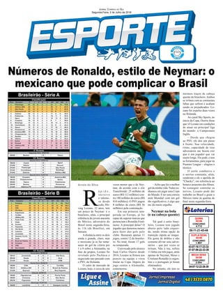 Números de Ronaldo, estilo de Neymar: o
mexicano que pode complicar o Brasil
Arroio do Silva
03-07-16-17-23-32
01-07-09-22-33-39
CONCURSO
1.807
DUPLA SENA
30/06
06-11-21-45-48
CONCURSO
4.712
QUINA
30/06
04-07-12-22-26-39
CONCURSO
2.054
MEGA SENA
30/06
Jornal Correio do Sul
Segunda-Feira, 2 de Julho de 2018
R
á p i d o ,
incisivo
e talento-
so desde
cedo, Hir-
ving Lozano, 22 anos, tem
um pouco de Neymar: é o
brasileiro, aliás, a principal
referência do jovem atacante
do México, adversário do
Brasil nesta segunda-feira,
às 11h (de Brasília), em
Samara.
Adistância entre os dois
ainda é grande, claro, mas
o mexicano já se faz notar:
autor do gol da vitória por
1 a 0 sobre a Alemanha, na
fase de grupos, Lozano foi
revelado pelo Pachuca e
negociado ano passado com
o PSV, da Holanda.
O valor de mercado de
Lozano, hoje, é cerca de sete
vezes menor que o de Ney-
mar, de acordo com o site
Transfermkt: 25 milhões de
euros (R$ 112 milhões) con-
tra 180 milhões de euros (R$
810 milhões). O PSV pagou
8 milhões de euros (R$ 36
milhões) pela contratação.
Em sua primeira tem-
porada na Europa, já foi
capaz de superar marcas que
pertenciam a Ronaldo Fenô-
meno. A principal delas? O
jogador que demorou menos
para fazer dez gols pelo
clube. Bastaram apenas 11
jogos, contra 12 do brasilei-
ro. No total, foram 17 gols
na temporada.
Convocado pelo técnico
Juan Carlos Osorio desde
2016, Lozano se firmou aos
poucos na equipe e virou
titular na Copa. Depois do
jogo contra a Alemanha,
comemorou:
Brasileirão - Série A
Brasileirão - Série B
–Acho que foi o melhor
gol da minha vida. Todos so-
nhamos em jogar uma Copa
do Mundo. E ter uma estreia
num Mundial com um gol
tão significativo, é algo que
me dá muito orgulho.
Neymar na bola
(e na cabeça quente)
Tal qual o astro brasi-
leiro, Lozano tem jogado
aberto pelo lado esquer-
do, sendo ótima opção de
transição rápida ao ataque.
Ele gosta de dribles e não
costuma aliviar seus adver-
sários – que por vezes se
irritam. Não à toa, sofreu
11 faltas em três jogos, atrás
apenas de Neymar, Messi e
Cristiano Ronaldo (o argen-
tino e o português já foram
eliminados).
No entanto, ele tem os
mesmos traços de cabeça
quente do brasileiro. Ambos
se irritam com as constantes
faltas que sofrem e acabam
sendo os prejudicados: Lo-
zano foi expulso duas vezes
na Holanda.
Ao canal Sky Sports, no
início da Copa, Osorio disse
que vê Lozano em condições
de atuar na principal liga
do mundo: o Campeonato
Inglês.
– Desde que chegou
ao PSV, ele deu um passo
à frente. Sua velocidade,
ritmo, capacidade de tirar
adversários me fazem crer
que é um jogador que vai
muito longe. Ele pode, e tem
as ferramentas, para jogar na
Premier League – elogiou o
técnico.
O estilo combativo e
o sorriso constante, aliás,
renderam a ele o apelido de
"Chucky", em referência ao
boneco assassino dos filmes.
Se conseguir controlar os
nervos, Lozano pode dar
trabalho ao Brasil e guiar o
México rumo às quartas de
final nesta segunda-feira.
 