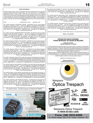 15Geral Jornal Correio do Sul
Quarta-Feira, 3 de Janeiro de 2018
EDITAL DE INTIMAÇÃO
ARLINDO EDÍLIO DA ROSA, Titular do TABELIONATO DE NOTAS E PROTESTOS DE TÍTULOS desta
Comarca de Sombrio, situado na Av. Nereu Ramos, 1300 - Fone (48) 3533-0318 - CEP 88960-000,
atendimento das 08:00h - 12:00h e 14:00h - 18:00h, faz saber na forma da Lei aos que o presente
EDITAL virem, que se encontram nesse tabelionato para serem protestados, decorrido o prazo legal de
03 (três) dias úteis, por não terem sido encontrados nos endereços fornecidos, ou por se recusarem
a tomar conhecimento, os títulos cujos responsáveis estão abaixo discriminados. Ficam esclarecidos,
também, de que nesse mesmo prazo poderão apresentar resposta escrita, que não impedirá a lavratura
do protesto.
PROT. ..................................................... APRESENTANTE / CNPJ DEVEDOR / CNPJ
Prot: 164569; Devedor(es): ALESSANDRO PEREIRA - 044.400.599-45, End: Av. Quintino Manoel
Domingos, 241, Sombrio; Tip: Normal; Mot: Falta de pagamento; Ced: MUNICIPIO DE SOMBRIO;
Sac: MUNICIPIO DE SOMBRIO; Tit: 1426-2017 ; Apr: MUNICIPIO DE SOMBRIO; VEN: À VISTA; Esp:
Certidão de Dívida Ativa; Val: R$ 900,98 + Juros Legais (1% a.m.); Emol.: R$ 56,58. Apontamento R$
16,50 - Selo R$ 1,85 - Distribuição R$ 0,00 - Diligência R$ 33,00 - Condução R$ 7,08 - Digitalização
R$ 0,00- Total Emolumentos R$ 56,58.
Prot: 164577; Devedor(es): ANDERSON MONTEIRO SCHEFFER - 007.448.779-54, End: Av. Quintino
Manoel Domingos, 894, Sombrio; Tip: Normal; Mot: Falta de pagamento; Ced: MUNICIPIO DE
SOMBRIO; Sac: MUNICIPIO DE SOMBRIO; Tit: 1444-2017 ; Apr: MUNICIPIO DE SOMBRIO; VEN:
À VISTA; Esp: Certidão de Dívida Ativa; Val: R$ 982,64 + Juros Legais (1% a.m.); Emol.: R$ 56,58.
Apontamento R$ 16,50 - Selo R$ 1,85 - Distribuição R$ 0,00 - Diligência R$ 33,00 - Condução R$
7,08 - Digitalização R$ 0,00- Total Emolumentos R$ 56,58.
Prot: 164553; Devedor(es): ANDRE LUIZ DE OLIVEIRA - 018.680.650-73, End: Rua Teodorico Amandio
de Borba, 610, Sombrio; Tip: Normal; Mot: Falta de pagamento; Ced: MUNICIPIO DE SOMBRIO;
Sac: MUNICIPIO DE SOMBRIO; Tit: 1400-2017 ; Apr: MUNICIPIO DE SOMBRIO; VEN: À VISTA; Esp:
Certidão de Dívida Ativa; Val: R$ 518,45 + Juros Legais (1% a.m.); Emol.: R$ 56,58. Apontamento R$
16,50 - Selo R$ 1,85 - Distribuição R$ 0,00 - Diligência R$ 33,00 - Condução R$ 7,08 - Digitalização
R$ 0,00- Total Emolumentos R$ 56,58.
Prot: 164629; Devedor(es): BENTO CLEZAR PAULO - 169.198.669-00, End: Rua Maximo Rodrigues
da Silva, 801, Sombrio; Tip: Normal; Mot: Falta de pagamento; Ced: MUNICIPIO DE SOMBRIO;
Sac: MUNICIPIO DE SOMBRIO; Tit: 1491-2017 ; Apr: MUNICIPIO DE SOMBRIO; VEN: À VISTA; Esp:
Certidão de Dívida Ativa; Val: R$ 1.526,10 + Juros Legais (1% a.m.); Emol.: R$ 56,58. Apontamento R$
16,50 - Selo R$ 1,85 - Distribuição R$ 0,00 - Diligência R$ 33,00 - Condução R$ 7,08 - Digitalização
R$ 0,00- Total Emolumentos R$ 56,58.
Prot: 164561; Devedor(es): CARLOS ZEFINO - 646.143.879-34, End: RuaAlvaro Silveira, 540, Sombrio;
Tip: Normal; Mot: Falta de pagamento; Ced: MUNICIPIO DE SOMBRIO; Sac: MUNICIPIO DE SOMBRIO;
Tit: 1410-2017 ; Apr: MUNICIPIO DE SOMBRIO; VEN: À VISTA; Esp: Certidão de Dívida Ativa; Val: R$
1.295,67 + Juros Legais (1% a.m.); Emol.: R$ 56,58. Apontamento R$ 16,50 - Selo R$ 1,85 - Distribuição
R$ 0,00 - Diligência R$ 33,00 - Condução R$ 7,08 - Digitalização R$ 0,00- Total Emolumentos R$ 56,58.
Prot: 164640; Devedor(es): EMILIA MANOEL DE QUADROS - 048.168.759-99, End: Rua Valerim Inacio
da Rosa, 297, Sombrio; Tip: Normal; Mot: Falta de pagamento; Ced: MUNICIPIO DE SOMBRIO;
Sac: MUNICIPIO DE SOMBRIO; Tit: 1508-2017 ; Apr: MUNICIPIO DE SOMBRIO; VEN: À VISTA; Esp:
Certidão de Dívida Ativa; Val: R$ 846,37 + Juros Legais (1% a.m.); Emol.: R$ 56,58. Apontamento R$
16,50 - Selo R$ 1,85 - Distribuição R$ 0,00 - Diligência R$ 33,00 - Condução R$ 7,08 - Digitalização
R$ 0,00- Total Emolumentos R$ 56,58.
Prot: 164636; Devedor(es): JOAO CARDOSO - 652.645.769-04, End: Rua dasAzaléias, 158, Sombrio; Tip:
Normal; Mot: Falta de pagamento; Ced: MUNICIPIO DE SOMBRIO; Sac: MUNICIPIO DE SOMBRIO;
Tit: 1500-2017 ; Apr: MUNICIPIO DE SOMBRIO; VEN: À VISTA; Esp: Certidão de Dívida Ativa; Val: R$
238,69 + Juros Legais (1% a.m.); Emol.: R$ 56,58. Apontamento R$ 16,50 - Selo R$ 1,85 - Distribuição
R$ 0,00 - Diligência R$ 33,00 - Condução R$ 7,08 - Digitalização R$ 0,00- Total Emolumentos R$ 56,58.
Prot: 164632; Devedor(es): JOSE WALMIR DOS SANTOS - 122.037.420-20, End: Rua André Justo
maggi, 570, Sombrio; Tip: Normal; Mot: Falta de pagamento; Ced: MUNICIPIO DE SOMBRIO; Sac:
MUNICIPIO DE SOMBRIO; Tit: 1496-2017 ; Apr: MUNICIPIO DE SOMBRIO; VEN: À VISTA; Esp:
Certidão de Dívida Ativa; Val: R$ 1.305,14 + Juros Legais (1% a.m.); Emol.: R$ 56,58. Apontamento R$
16,50 - Selo R$ 1,85 - Distribuição R$ 0,00 - Diligência R$ 33,00 - Condução R$ 7,08 - Digitalização
R$ 0,00- Total Emolumentos R$ 56,58.
Prot: 164695; Devedor(es): NELITO MACHADO PORTO - 439.712.619-49, End: RuaAlcides JoséAMorim,
327, Sombrio; Tip: Normal; Mot: Falta de pagamento; Ced: MUNICIPIO DE SOMBRIO;
ESTADO DE SANTA CATARINA
FUNDO MUNICIPAL DE SAÚDE DE MELEIRO
AVISO DE LICITAÇÃO
PREGÃO PRESENCIAL N.º 026/2017
O FUNDO MUNICIPAL DE SAÚDE DE MELEIRO torna público para conhecimento dos interessados
que no dia 23/01/2018, às 08:30 horas estará realizando a reunião de recebimento das propostas do
PREGÃO PRESENCIAL N.º 026/2017, objetivando aAQUISIÇÃO DE MATERIAL DE EXPEDIENTE
PARAA SECRETARIA MUNICIPAL DE SAÚDE DO MUNICÍPIO, COM ENTREGAS FUTURAS E DE
FORMA PARCELADA PARA O EXERCÍCIO DE 2018.
A integra do Edital e maiores informações poderá ser obtido na Prefeitura Municipal de Meleiro, sito
a Rua Sete de Setembro, nº 371 – Meleiro/SC, no horário das 7:30 as 11:30 horas e das 13:00 horas
as 17:00 horas de Segunda a Sexta-Feira pelo fone 048-3537-8400 ou através da disponibilização
do edital na íntegra no site do município www.meleiro.sc.gov.br.
Meleiro/SC, 29 de dezembro de 2017.
ROGILDO BORDIGNON
Prefeito Municipal em Exercício
Sac: MUNICIPIO DE SOMBRIO; Tit: 1540-2017 ; Apr: MUNICIPIO DE SOMBRIO; VEN: À VISTA; Esp:
Certidão de Dívida Ativa; Val: R$ 284,70 + Juros Legais (1% a.m.); Emol.: R$ 56,58. Apontamento R$
16,50 - Selo R$ 1,85 - Distribuição R$ 0,00 - Diligência R$ 33,00 - Condução R$ 7,08 - Digitalização
R$ 0,00- Total Emolumentos R$ 56,58.
Prot: 164549; Devedor(es): SARA PAMELA JORGI - 020.828.360-96, End: Rua Emanuel Wurffell, 405,
Sombrio; Tip: Normal; Mot: Falta de pagamento; Ced: MUNICIPIO DE SOMBRIO; Sac: MUNICIPIO
DE SOMBRIO; Tit: 1395-2017 ; Apr: MUNICIPIO DE SOMBRIO; VEN: À VISTA; Esp: Certidão de Dívida
Ativa; Val: R$ 1.830,75 + Juros Legais (1% a.m.); Emol.: R$ 56,58. Apontamento R$ 16,50 - Selo R$
1,85 - Distribuição R$ 0,00 - Diligência R$ 33,00 - Condução R$ 7,08 - Digitalização R$ 0,00- Total
Emolumentos R$ 56,58.
Prot: 164566; Devedor(es): TEREZINHA SILVA DE SOUZA - 264.898.720-72, End: Rua Antonio Inacio
da Rosa, 837, Sombrio; Tip: Normal; Mot: Falta de pagamento; Ced: MUNICIPIO DE SOMBRIO;
Sac: MUNICIPIO DE SOMBRIO; Tit: 1422-2017 ; Apr: MUNICIPIO DE SOMBRIO; VEN: À VISTA; Esp:
Certidão de Dívida Ativa; Val: R$ 453,37 + Juros Legais (1% a.m.); Emol.: R$ 56,58. Apontamento R$
16,50 - Selo R$ 1,85 - Distribuição R$ 0,00 - Diligência R$ 33,00 - Condução R$ 7,08 - Digitalização
R$ 0,00- Total Emolumentos R$ 56,58.
Certifico, para os devidos fins, que o presente edital foi afixado no mural da serventia em: 03/01/2018.
Sombrio - SC, 03/01/2018
 