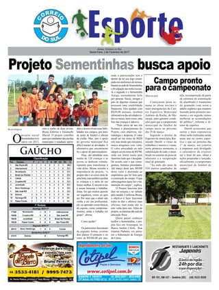 Projeto Sementinhas busca apoio
Campo pronto
paraocampeonato
Jornal Correio do Sul
Sexta-Feira, 3 de Fevereiro de 2017
Gaúcho
Araranguá
Maracajá
Começaram nesta se-
mana as obras iniciais e
mais emergenciais do Cen-
tro Esportivo Municipal
Antônio da Rocha, de Ma-
racajá, para garantir condi-
ções para que o campeonato
municipal de futebol de
campo inicie no próximo
dia 19 de março.
Segundo o diretor de
Esportes do município, Rai-
mundo Darolt, o ritmo de
trabalhos é intenso e visam,
neste primeiro momento, a
substituição de todo o alam-
brado no entorno da pista de
atletismo e a recuperação
total do gramado.
"Ao todo são mais de
520 metros quadrados de
tela, recomposição de parte
da estrutura de sustentação
do alambrado e tratamento
do gramado com areia e
adubo orgânico que estamos
fazendo neste primeiro mo-
mento e em seguida vamos
melhorar as acomodações
do público", informa o di-
retor de esportes.
Darolt acrescenta que
outras e mais expressivas
obras serão realizadas ainda
neste ano no centro espor-
tivo e que no próximo dia
1° de março, em coletiva
à imprensa será divulgado
o calendário de eventos
até o final do ano, obras e
ações projetadas e lançado,
oficialmente, o campeonato
municipal de futebol de
campo.
O
projeto social
Sementinhasteve
início em 2013,
com o sonho de duas jovens,
Bruna Zeferino e Emanuelle
Maciel. O projeto contribui
paraqueestudantesdasescolas
municipais e estaduais apren-
dam e desenvolvam suas habi-
lidades nos campos, por meio
de aulas de futebol e oficina
de violão. Mas, sem o apoio
do governo municipal fica
difícil manter as atividades. A
alternativa que encontraram
foi o apoio de patrocinadores.
Hoje, são atendidas uma
média de 120 crianças e as
jovens se dedicam volunta-
riamente para transformar a
vida delas. Bruna ressalta a
importância do projeto, “o
projeto não é só correr atrás de
umabola,mastambémauxiliar
as crianças a ir atrás de um
futuro melhor. É incentivá-las
a serem honestas e trabalha-
doras. Sei que muitos querem
ser jogadores, como eu quis
ser. Por mais que o aluno não
venha a ser um profissional,
ele vai aprender coisas básicas
do esporte, como comprome-
timento, união e trabalho em
grupo”, afirma.
Como ajudar?
Ospatrocíniosfuncionam
da seguinte forma, existem
dois planos. O primeiro é no
valor de R$500,00 por ano,
onde o patrocinador tem o
direito de ter sua logo estam-
pada nos uniformes de treinos,
bannernasededoSementinhas
e divulgação nas redes sociais.
Já o segundo é o Sementinha
Amiga, normalmente feito
por pessoas físicas, amigos e
pais de algumas crianças que
possuem uma estabilidade
financeira. Eles ajudam com
R$20,00 mensais, recebem
informativosdasatividadesto-
dos os meses, bem como, uma
foto das crianças e adesivo.
“Todo início de ano nós
fizemos o planejamento do
Projeto, com objetivos, me-
todologia e despesas. O valor
anual sai em torno de R$20
mil, mas desde que iniciamos,
nunca atingimos esse valor.
O valor arrecadado ao mês
sempresaiemtornodeR$700,
onde nos limita muito para
fazermos tudo que é desejado.
De acordo com o que conse-
guimos, listamos prioridades.
Até março deste ano, R$500
deste valor é destinado ao
empréstimo que foi feito para
a construção do campo. O que
sobrapagamoságua,luzema-
nutenção do campo”, explica.
O Projeto funciona dois
dias na semana e no sábado
pela manhã. Conforme Bruna,
o objetivo é fazer funcionar
todos os dias e oferecer mais
oficinas, mas ainda não se
tem verba para isso. Além do
projeto,asmeninasdãoaulade
educação física.
Quem quiser conhecer
melhor o Sementinhas, o pro-
jeto fica em Araranguá, no
Bairro Jardim Cibele, Rua
Genésio Pinheiro, s/n, próxi-
mo a Subestação de Energia
da Celesc.
 