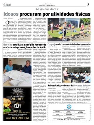 3Geral Jornal Correio do Sul
Quinta-Feira, 3 de Maio de 2018
O secretário executivo
da Agência de Desenvolvi-
mento Regional (ADR) de
Araranguá, Heriberto Afonso
Durante dois dias, lide-
ranças e equipe de vendas
da Cooperja, participaram do
Curso de Influência e Persua-
são.Oinstrutordotreinamento
foi o Coach, membro da ICC,
Alexandre Fortes e teve como
objetivo principal, dar suporte
para a equipe de lideranças e
vendas, aumentando através
detécnicasahabilidadedemo-
bilizar através da Influência, e
fazer as coisas acontecerem
dentro das equipes em busca
de resultados positivos. “Estas
técnicas sãomuitoimportantes
quando a cooperação é neces-
sária e há resistência, ou quan-
doaquiloquesepedeécustoso
para o outro ou muito difícil de
ser obtido. Persuadir pessoas
e conseguir a cooperação é
essencial no contexto profis-
sional”, afirmou a psicóloga
Os candidatos que rea-
lizaram a prova do Processo
Seletivo Público de Balneário
Arroio do Silva devem ficar
atentos ao site da Faepesul.
Foi publicado nesta quarta-
-feira, dia 02, o resultado
preliminar processo seletivo.
Os candidatos podem aces-
Alívio das dores
Escolas estaduais da região receberão
materiais de prevenção contra incêndio
Cooperja sedia curso de influência e persuasão
SairesultadopreliminardoProcessoSeletivo
Schmidt e o gerente Regional
de Infraestrutura, engenheiro
Jocilon Coelho, analisaram
no início desta semana os
Projetos Preventivos Contra
Incêndio (PPCIs) das escolas
organizacional da Cooperja,
Janaína A. Cibien.
Entre o conteúdo progra-
mático estavam os seguintes
temas: os 6 princípios da per-
suasão; os 10 obstáculos que
limitam o sucesso persuasivo;
habilidades secretas das pes-
soas altamente persuasivas;
entre outros. Os participantes
também realizaram um teste
de autodiagnóstico sobre sua
capacidade de persuasão. “A
questão é que ninguém conse-
sar no site: http://concursos.
faepesul.org.br/hotsite/104-
-municipio-de-balneario-ar-
roio-do-silva
Os candidatos devem
ficar atentos! Os Editais de
Processo Seletivo 001/2018
e 002/2018 foram retificados
para adequarem seus crono-
gramas. Conforme documen-
tos publicados, dia 03 de maio
estaduais da abrangência da
21ª Gerência de Educação.
Segundo o secretário exe-
cutivo da ADR, os projetos
foram elaborados pelas três
empresas vencedoras do pro-
cesso licitatório (dividido por
itens) realizado na Agência,
e contemplam 33 escolas
estaduais do Extremo-Sul. O
investimento do Governo do
Estado é de R$ 63.586,02.
Segundo o engenheiro
Jocilon Coelho, foi acordado
no Plano de Regularização
de Edificações (PRE) que o
primeiro passo seria a insta-
lação dos vitais, que são as
iluminaçõesdeemergência,de
saída de emergência e extin-
tores, que já foi realizada em
todas as escolas estaduais. O
segundo passo é a elaboração
dos PPCIs, que está sendo en-
caminhada, e o terceiro passo
é a instalação dos demais
equipamentos faltantes, que
são para-raios, hidrantes, alar-
mes de incêndio, corrimão das
escadas e casas de gás, com
prazo máximo de até cinco
anos para instalação.
Heriberto Schmidt citou
que após a assinatura e análise
dos Projetos Preventivos Con-
tra Incêndio na ADR, as em-
presas entregarão os mesmos
para análise e aprovação nos
quartéis do Corpo de Bom-
beiros de Araranguá, Som-
brio, Turvo e Passo de Torres.
“São medidas importantes e
necessárias visando garantir
a segurança dos alunos e de
toda comunidade escolar. Por
exemplo, se acontecer um si-
nistro de incêndio em alguma
escola, os bombeiros precisam
deste projeto para saber se
ela possui hidrante e qual sua
localização”, concluiu.
gueoquequermesmocomau-
toridade formal se não souber
persuadir – principalmente as
pessoas sobre as quais não se
tem ligação hierárquica direta.
Desta forma, o curso capacita
nossa equipe a aplicar novas
táticas de persuasão no am-
biente de trabalho, de forma a
melhorar seu relacionamento,
elevando as equipes e negó-
cios a um nível superior de
desempenho”, complementou
Janaína.
(quinta-feira) é a data para
interposição de recursos.
O processo seletivo pú-
blico é para provimento de va-
gas temporárias, em cadastro
de reserva, para complemen-
tação do quadro de pessoal da
Prefeitura de BalneárioArroio
do Silva. O resultado final
deve ser publicado na próxima
segunda-feira, dia 07.
O
projeto volta-
do à prática de
atividade física
para a Terceira Idade, pro-
movido pela Secretaria Mu-
nicipal de Saúde de Jacinto
Machado, abriu nova turma,
devido a grande procura.
Desde o mês passado, são no
total 44 idosos que se encon-
tram três vezes por semana
para realizar as atividades
coordenadas pela educadora
física, Glads Luckumann
Porto.
Araranguá
Jacinto Machado
Arroio do Silva
Jacinto Machado
Idosos procuram por atividades físicas
G.C.S LTDA - ME CNPJ 17.467.695/0001-19
Comercial:
l48l 3533.0870
comercial@grupocorreiodosul.com.br
ali@grupocorreiodosul.com.br
Diretor Geral
diretor@grupocorreiodosul.com.br
Redação:
Gislaine Fontoura
editor@grupocorreiodosul.com.br
Publicações legais:
tomaz@grupocorreiodosul.com.br
Financeiro
financeiro@grupocorreiodosul.com.br
Diagramação/Arte:
Erivaldo Ferreira (Aldo)
cristian@grupocorreiodosul.com.br
Sul Gráfica
sulgrafica@grupocorreiodosul.com.br
Circulação/Assinatura
l48l 3533.0870
assinaturas@grupocorreiodosul.com.br
Na academia ao lado
da unidade de saúde central
o grupo recebe orientações
para alongamento, caminha-
da e exercícios físicos. “O
projeto dá a oportunidade
ao grupo praticar ativida-
des físicas, pois a falta de
exercícios na terceira idade
faz com que os idosos de-
sanimem ainda que tenham
muita vontade de viver, e
para essas pessoas a ativida-
de física é um modo de mos-
trar que ainda são capazes, o
que as tornam mais felizes”,
completou Glads.
Aabertura da nova turma
foi uma demanda levantada
já no ano passado. “Progra-
mamos para este ano a am-
pliação da turma e tivemos
grande procura”, informa o
secretário de Saúde, Francis-
co de Assis Aguiar, o Sy.
Uma das novas alunas,
a aposentada Irma Trevisol
Possamai, conta que está
gostando dos encontros. “Pro-
curei o grupo para que com
a prática de atividade física
tenha melhora nas dores,
principalmente nas costas”,
ressaltou.
 