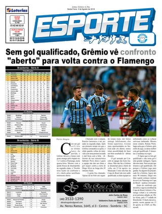 Sem gol qualificado, Grêmio vê confronto
"aberto" para volta contra o Flamengo
08-12-14-24-32-50
02-15-17-28-29-40
CONCURSO
1.821
DUPLA SENA
02/08
33-42-46-52-61
CONCURSO
4.740
QUINA
02/08
Jornal Correio do Sul
Sexta-Feira, 3 de Agosto de 2018
Brasileirão - Série A
Brasileirão - Série B
Porto Alegre
C
om um gol
s o f r i d o
no último
lance da
partida, o
Grêmio deixou a Arena com
gosto amargo pelo empate em
1 a 1 contra o Flamengo, nesta
quarta-feira. Mesmo com a
queda brusca de desempenho
na segunda etapa, o Tricolor
tirou lições do confronto e
vê o duelo pelas semifinais
totalmente aberto.
Chateado com o empate,
Ramiro lamentou a má jor-
nada na segunda etapa. Após
um primeiro tempo em que o
Grêmio comandou as ações, o
clube gaúcho voltou do inter-
valo com uma postura recuada
e mal ficou com a bola – di-
ferente de sua característica
habitual. Prova disso é quem
a equipe não deu um chute a
gol sequer contra a meta de
Diego Alves ao longo dos 45
minutos finais.
– A gente fica chateado.
Apesar de ter feito um segun-
do tempo ruim, não faltou
entrega. Infelizmente, eles
foram superiores, tiveram
mais oportunidades no fim.
Está tudo em aberto, temos
totais possibilidade de fazer
um bom resultado lá – afirma
Ramiro.
O gol anotado por Lin-
coln no apagar das luzes ma-
chuca. Mas não faz o Grêmio
se desanimar para o duelo da
volta, em 15 de agosto, no
Maracanã. Como esta fase da
Copa do Brasil não tem saldo
qualificado,asduasequipesse
enfrentarão como se o placar
estivesse inalterado. Mesmo
nesse cenário, Renato Porta-
luppi acha que o Grêmio, pelo
estilo de jogo, se daria melhor
com gol qualificado. E lamen-
tou a mudança na regra.
– É lógico que se tem gol
qualificado e não toma gol é
uma grande vantagem. Agora
não tem mais. Nem sei por que
tiraram o gol qualificado. Até
porque o Grêmio joga para
ganhar. Se alguém foi prejudi-
cado foi o Grêmio. Agora são
mais 90 minutos. Daqui uns
dias a gente começa a pensar
de novo no Flamengo na Copa
do Brasil – analisa o treinador.
Antes do confronto que
decidirá a vaga na semifinal da
Copa do Brasil, Grêmio e Fla-
mengo voltam a se enfrentar
já no próximo sábado, às 19h,
na Arena, pela 17ª rodada do
Brasileirão. O duelo decisivo,
porém, ocorre apenas em 15
de agosto, às 21h45, no Ma-
racanã.
 