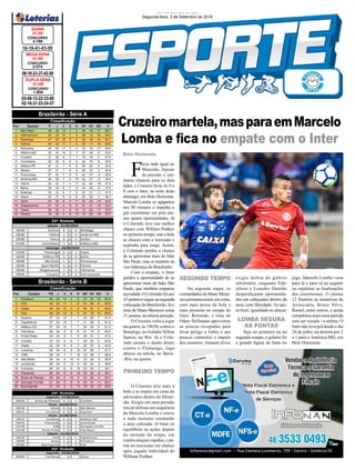 Cruzeiromartela,masparaemMarcelo
Lomba e fica no empate com o Inter
03-08-12-22-33-50
02-16-21-23-24-37
CONCURSO
1.834
DUPLA SENA
01/09
16-18-41-43-59
CONCURSO
4.766
QUINA
01/09
08-18-23-37-42-58
CONCURSO
2.074
MEGA SENA
01/09
Jornal Correio do Sul
Segunda-feira, 3 de Setembro de 2018
F
icou tudo igual no
Mineirão. Apesar
da pressão e inú-
meras chances para os dois
lados, o Cruzeiro ficou no 0 a
0 com o Inter, na noite deste
domingo, em Belo Horizonte.
Marcelo Lomba se agigantou
nos 90 minutos e impediu o
gol cruzeirense em pelo me-
nos quatro oportunidades. Já
o Colorado teve sua melhor
chance com William Pottker,
no primeiro tempo, mas a bola
se chocou com o travessão e
explodiu para longe. Assim,
o Colorado perdeu a chance
de se aproximar mais do líder
São Paulo, mas se mantém na
vice-liderança do Brasileirão.
Com o empate, o Inter
perdeu a oportunidade de se
aproximar mais do líder São
Paulo, que também empatou
narodada.OColoradofoiaos
43 pontos e segue na segunda
colocaçãodoBrasileirão.Jáo
time de Mano Menezes soma
31 pontos, na sétima posição.
O Cruzeiro volta a jogar
na quarta, às 19h30, contra o
Botafogo, no Estádio Nilton
Santos, no Rio. Já o Colo-
rado encara o duelo direto
contra o Flamengo, logo
abaixo na tabela, no Beira-
-Rio, na quarta.
O Cruzeiro teve mais a
bola e se impôs em cima do
adversário dentro do Minei-
rão. Exigiu em uma pressão
inicial defesas em sequência
de Marcelo Lomba e esteve
a todo instante rondando
a área colorada. O Inter só
equilibrou as ações depois
da metade da etapa, em
contra-ataques rápidos, e pa-
rou no travessão em chance
após jogada individual de
William Pottker
Na segunda etapa, os
comandados de Mano Mene-
zes permaneceram em cima,
com mais posse de bola e
mais presente no campo do
Inter. Retraído, o time de
Odair Hellmann aproveitou
as poucas escapadas para
levar perigo a Fabio e aos
poucos controlou o ímpeto
dos mineiros. JonatanAlvez
exigiu defesa do goleiro
adversário, enquanto Ede-
nílson e Leandro Damião
desperdiçaram oportunida-
des em cabeçadas dentro da
área, com liberdade.Ao api-
to final, igualdade no placar.
Seja no primeiro ou no
segundo tempo, o goleiro foi
a grande figura do Inter no
Belo Horizonte
LOMBA SEGURA
AS PONTAS
SEGUNDO TEMPO
PRIMEIRO TEMPO
jogo. Marcelo Lomba voou
para lá e para cá ao segurar
ou espalmar as finalizações
dos cruzeirenses. O camisa
12 frustrou as tentativas de
Arrascaeta, Bruno Silva,
Raniel, entre outros, e ainda
completou mais uma partida
sem ser vazado - a sétima. O
Inter não leva gol desde o dia
26 de julho, na derrota por 2
a 1 para o América-MG, em
Belo Horizonte.
Brasileirão - Série A
Brasileirão - Série B
Pos. Equipes P J V E D GP GC SG %
1 São Paulo 46 22 13 7 2 35 18 17 69.7
2 Internacional 43 22 12 7 3 28 12 16 65.2
3 Flamengo 41 22 12 5 5 32 18 14 62.1
4 Grêmio 40 22 11 7 4 29 11 18 60.6
5 Palmeiras 40 22 11 7 4 33 16 17 60.6
6 Atlético-MG 35 22 10 5 7 37 28 9 53.0
7 Cruzeiro 31 22 8 7 7 18 18 0 47.0
8 Corinthians 30 22 8 6 8 24 18 6 45.5
9 Atlético-PR 27 21 7 6 8 25 20 5 42.9
10 Santos 27 21 7 6 8 26 23 3 42.9
11 Fluminense 27 22 7 6 9 22 27 -5 40.9
12 América-MG 26 22 7 5 10 22 27 -5 39.4
13 Vitória 25 22 7 4 11 22 40 -18 37.9
14 Bahia 25 22 6 7 9 22 28 -6 37.9
15 Botafogo 25 22 6 7 9 20 31 -11 37.9
16 Vasco 24 21 6 6 9 25 32 -7 38.1
17 Sport 23 22 6 5 11 20 34 -14 34.8
18 Chapecoense 21 21 4 9 8 21 31 -10 33.3
19 Ceará 20 22 4 8 10 13 24 -11 30.3
20 Paraná 15 22 3 6 13 10 28 -18 22.7
Classificação
Pos. Equipes PG J V E D GP GC SG %
1 Fortaleza 46 24 14 4 6 37 22 15 63.9
2 CSA 40 24 11 7 6 31 25 6 55.6
3 Goiás 39 24 12 3 9 34 31 3 54.2
4 Avaí 39 24 10 9 5 31 19 12 54.2
5 Guarani 37 24 10 7 7 33 26 7 51.4
6 Figueirense 37 24 10 7 7 31 26 5 51.4
7 Atlético-GO 37 24 10 7 7 34 34 0 51.4
8 Vila Nova 36 24 9 9 6 21 15 6 50.0
9 Ponte Preta 34 24 9 7 8 28 21 7 47.2
10 Coritiba 33 24 8 9 7 25 25 0 45.8
11 Oeste 33 24 8 9 7 25 27 -2 45.8
12 Londrina 30 24 8 6 10 27 28 -1 41.7
13 CRB 28 24 7 7 10 19 26 -7 38.9
14 São Bento 28 24 6 10 8 23 26 -3 38.9
15 Juventude 28 24 5 13 6 20 24 -4 38.9
16 Criciúma 26 24 6 8 10 23 30 -7 36.1
17 Paysandu 26 24 6 8 10 23 32 -9 36.1
18 Brasil de Pelotas 25 24 5 10 9 20 24 -4 34.7
19 Sampaio Corrêa 21 24 5 6 13 20 31 -11 29.2
20 Boa Esporte 21 24 5 6 13 19 32 -13 29.2
Classificação
16h00 Grêmio 4 x 0 Botafogo
16h00 Vitória 1 x 0 América-MG
19h00 Vasco 0 x 3 Santos
21h00 Corinthians 1 x 1 Atlético-MG
11h00 Flamengo 0 x 1 Ceará
16h00 Atlético-PR 2 x 0 Bahia
16h00 São Paulo 1 x 1 Fluminense
16h00 Sport Recife 1 x 0 Paraná
19h00 Chapecoense 1 x 2 Palmeiras
19h00 Cruzeiro 0 x 0 Internacional
22ª Rodada
Sábado - 01/09/2018
Domingo - 02/09/2018
20h00 Brasil de Pelotas 0 x 1 Coritiba
20h30 Oeste 0 x 1 São Bento
19h15 Criciúma 0 x 0 Guarani
19h15 Londrina 4 x 1 Atlético-GO
19h15 Paysandu 3 x 3 Juventude
21h30 CRB 2 x 1 Sampaio Corrêa
21h30 Ponte Preta 1 x 1 Vila Nova
16h30 Avaí 0 x 1 Figueirense
19h00 Goias 3 x 1 Fortaleza
21h00 Boa Esporte 3 x 0 CSA
20h00 Vila Nova x Oeste
25ª Rodada
Segunda - 03/09/2018
Terça - 28/08/2018
Sábado - 01/09/2018
Segunda - 27/08/2018
24ª Rodada
Sexta - 31/08/2018
 