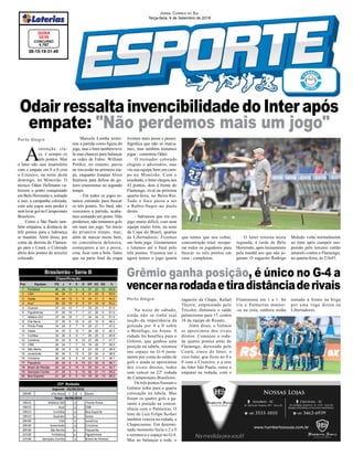 Odair ressalta invencibilidade do Inter após
empate: "Não perdemos mais um jogo"
08-15-19-31-49
CONCURSO
4.767
QUINA
03/09
Jornal Correio do Sul
Terça-feira, 4 de Setembro de 2018
A
intenção, cla-
ro, é sempre os
três pontos. Mas
o Inter não saiu insatisfeito
com o empate em 0 a 0 com
o Cruzeiro, na noite deste
domingo, no Mineirão. O
técnico Odair Hellmann va-
lorizou o ponto conquistado
em Belo Horizonte e, somado
a isso, a campanha colorada,
com sete jogos sem perder e
sem levar gol no Campeonato
Brasileiro.
Como o São Paulo tam-
bém empatou, a distância de
três pontos para a liderança
se mantém. Além disso, por
conta da derrota do Flamen-
go para o Ceará, o Colorado
abriu dois pontos do terceiro
colocado.
tivemos mais posse e passes.
Significa que não só marca-
mos, mas também tentamos
jogar - comentou Odair.
O treinador colorado
elogiou o adversário, mas
viu sua equipe bem em cam-
po no Mineirão. Com o
resultado, o Inter chegou aos
43 pontos, dois à frente do
Flamengo, rival na próxima
quarta-feira, no Beira-Rio.
Todo o foco passa a ser
o Rubro-Negro no duelo
direto.
- Sabíamos que era um
jogo muito difícil, com uma
equipe muito forte, na semi
da Copa do Brasil, quartas
da Libertadores. Fizemos
um bom jogo. Gostaríamos
e lutamos até o final pelo
três pontos. Fizemos um e
agora temos o jogo quarta
que temos que nos voltar,
concentração total, recupe-
rar todos os jogadores para
buscar os três pontos em
casa - completou.
Porto Alegre
O Inter retorna nesta
segunda, à tarde de Belo
Horizonte, após treinamento
pela manhã aos que não jo-
garam. O zagueiro Rodrigo
Grêmio ganha posição, é único no G-4 a
vencernarodadaetiradistânciaderivais
Porto Alegre
Na noite de sábado,
ainda não se tinha real
noção da importância da
goleada por 4 a 0 sobre
o Botafogo, na Arena. A
rodada foi benéfica para o
Grêmio, que ganhou uma
posição na tabela, retomou
seu espaço no G-4 justa-
mente por conta do saldo de
gols e ainda se aproximou
dos rivais diretos, todos
sem vencer na 22ª rodada
do Campeonato Brasileiro.
Os três pontos fizeram o
Grêmio subir para a quarta
colocação na tabela. Mas
foram os quatro gols a ga-
rantir a posição na concor-
rência com o Palmeiras. O
time de Luiz Felipe Scolari
também venceu na rodada, a
Chapecoense. Em determi-
nado momento fazia o 2 a 0
e retomava o espaço no G-4.
Mas ao balançar a rede, o
zagueiro da Chape, Rafael
Thyere, emprestado pelo
Tricolor, diminuiu o saldo
palmeirense para 17, contra
18 da equipe de Renato.
Além disso, o Grêmio
se aproximou dos rivais
diretos. Começou a roda-
da quatro pontos atrás do
Flamengo, derrotado pelo
Ceará; cinco do Inter, o
vice-líder, que ficou no 0 a
0 com o Cruzeiro; e a oito
do líder São Paulo, outro a
empatar na rodada, com o
Brasileirão - Série B
Pos. Equipes PG J V E D GP GC SG %
1 Fortaleza 46 24 14 4 6 37 22 15 63.9
2 CSA 40 24 11 7 6 31 25 6 55.6
3 Goiás 39 24 12 3 9 34 31 3 54.2
4 Avaí 39 24 10 9 5 31 19 12 54.2
5 Guarani 37 24 10 7 7 33 26 7 51.4
6 Figueirense 37 24 10 7 7 31 26 5 51.4
7 Atlético-GO 37 24 10 7 7 34 34 0 51.4
8 Vila Nova 37 25 9 10 6 22 16 6 49.3
9 Ponte Preta 34 24 9 7 8 28 21 7 47.2
10 Oeste 34 25 8 10 7 26 28 -2 45.3
11 Coritiba 33 24 8 9 7 25 25 0 45.8
12 Londrina 30 24 8 6 10 27 28 -1 41.7
13 CRB 28 24 7 7 10 19 26 -7 38.9
14 São Bento 28 24 6 10 8 23 26 -3 38.9
15 Juventude 28 24 5 13 6 20 24 -4 38.9
16 Criciúma 26 24 6 8 10 23 30 -7 36.1
17 Paysandu 26 24 6 8 10 23 32 -9 36.1
18 Brasil de Pelotas 25 24 5 10 9 20 24 -4 34.7
19 Sampaio Corrêa 21 24 5 6 13 20 31 -11 29.2
20 Boa Esporte 21 24 5 6 13 19 32 -13 29.2
Classificação
20h00 Vila Nova 1 x 1 Oeste
19h15 Atlético-GO x Ponte Preta
19h15 Avaí x CRB
19h15 Coritiba x Boa Esporte
19h15 Guarani x Goias
20h30 CSA x Londrina
20h30 Juventude x Criciúma
20h30 São Bento x Paysandu
21h30 Fortaleza x Figueirense
21h30 Sampaio Corrêa x Brasil de Pelotas
25ª Rodada
Segunda - 03/09/2018
Terça - 04/09/2018
Marcelo Lomba termi-
nou a partida como figura do
jogo, mas o Inter também teve
lá suas chances para balançar
as redes de Fabio. William
Pottker, no entanto, parou
no travessão na primeira eta-
pa, enquanto Jonatan Alvez
finalizou para defesa do go-
leiro cruzeirense no segundo
tempo.
- Em todos os jogos es-
tamos entrando para buscar
os três pontos. No final, não
vencemos a partida, acaba-
mos somando um ponto. Não
perdemos, não tomamos gols
em mais um jogo. No início
do primeiro tempo, mas,
além de marcar muito bem,
ter consistência defensiva,
começamos a ter a posse,
criar, ficar com a bola. Tanto
que na parte final da etapa
Moledo volta normalmente
ao time após cumprir sus-
pensão pelo terceiro cartão
amarelo contra o Flamengo,
na quarta-feira, às 21h45.
Fluminense em 1 a 1. Só
viu o Palmeiras manter-
-se na cola, embora tenha
tomado à frente na briga
por uma vaga direta na
Libertadores.
 
