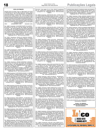 18 Publicações LegaisJornal Correio do Sul
Terça-Feira, 5 de Junho de 2018
EDITAL DE INTIMAÇÃO
ARLINDO EDÍLIO DA ROSA, Titular do TABELIONATO DE NOTAS
E PROTESTOS DE TÍTULOS desta Comarca de Sombrio, situado
na Av. Nereu Ramos, 1300 - Fone (48) 3533-0318 - CEP 88960-000,
atendimento das 08:00h - 12:00h e 14:00h - 18:00h, faz saber na forma
da Lei aos que o presente EDITAL virem, que se encontram nesse
tabelionato para serem protestados, decorrido o prazo legal de 03 (três)
diasúteis,pornãoteremsidoencontradosnosendereçosfornecidos,ou
por se recusarem a tomar conhecimento, os títulos cujos responsáveis
estão abaixo discriminados. Ficam esclarecidos, também, de que nesse
mesmo prazo poderão apresentar resposta escrita, que não impedirá
a lavratura do protesto.
PROT. APRESENTANTE / CNPJ DEVEDOR / CNPJ
Prot: 168581; Devedor(es): CLAUDIOMIR RAUPP DE QUADROS -
657.388.459-00, End: Rua Pref. José João Scheffer, S/N, Sombrio;
Tip: Normal; Mot: Falta de pagamento; Ced: NIQUELE MATERIAIS
DE CONSTRUÇÃO; Sac: NIQUELE MATERIAIS DE CONSTRUÇÃO;
Tit: 190-A/002 ;Apr: CAIXAECONÔMICAFEDERAL; VEN: 15/05/2018;
Esp: Duplicata Venda Mercantil por Indicação; Val: R$ 115,00 + Juros
Legais (1% a.m.); Emol.: R$ 58,08. Apontamento R$ 17,00 - Selo R$
1,90 - Distribuição R$ 0,00 - Diligência R$ 34,00 - Condução R$ 7,08
- Digitalização R$ 0,00- Total Emolumentos R$ 58,08.
Prot: 168317; Devedor(es): DIOGOLUIZ CARDOSO PEREIRA -
019.489.880-62, End: Av. A, 127, Balneario Gaivota; Tip: Normal;
Mot: Falta de pagamento; Ced: DB S.A COM DE MOVEIS E ELET.
BERLANDA; Sac: DB S.ACOM DE MOVEIS E ELET. BERLANDA; Tit:
2248/3 ; Apr: DB S.A COMERCIO DE MOVEIS E ELETRODOMEST;
VEN: 13/11/2017; Esp: Duplicata Venda Mercantil por Indicação; Val:
R$ 411,30 + Juros Legais (1% a.m.); Emol.: R$ 93,15. Apontamento
R$ 17,00 - Selo R$ 1,90 - Distribuição R$ 0,00 - Diligência R$ 52,20
- Condução R$ 23,95 - Digitalização R$ 0,00- Total Emolumentos
R$ 93,15.
Prot: 168318; Devedor(es): DIONEIA FURLAN FRANCISCO
MACHADO - 576.420.600-68, End: Rua L, 269, Balneario Gaivota; Tip:
Normal; Mot: Falta de pagamento; Ced: DB S.A COM DE MOVEIS
E ELET. BERLANDA; Sac: DB S.A COM DE MOVEIS E ELET.
BERLANDA; Tit: 1765/7 ; Apr: DB S.A COMERCIO DE MOVEIS E
ELETRODOMEST; VEN: 04/01/2017; Esp: Duplicata Venda Mercantil
por Indicação; Val: R$ 314,93 + Juros Legais (1% a.m.); Emol.: R$
93,15. Apontamento R$ 17,00 - Selo R$ 1,90 - Distribuição R$ 0,00 -
Diligência R$ 52,20 - Condução R$ 23,95 - Digitalização R$ 0,00- Total
Emolumentos R$ 93,15.
Prot: 168594; Devedor(es): ERASMO BERNARDO CARDOSO -
406.604.353-49, End: Rua Raul João Batista, S/N, BALNEARIO
GAIVO;Tip: Normal; Mot: Falta de pagamento; Ced: FTG FOMENTO
COMERCIALLTDAME; Sac: COMERCIALVESTE LAR LTDAME; Tit:
100/03 ; Apr: ITAU UNIBANCO SA ; VEN: 18/05/2018;
Esp: Duplicata Venda Mercantil por Indicação; Val: R$ 680,00 + Juros
Legais (1% a.m.); Emol.: R$ 93,15. Apontamento R$ 17,00 - Selo R$
1,90 - Distribuição R$ 0,00 - Diligência R$ 52,20 - Condução R$ 23,95
- Digitalização R$ 0,00- Total Emolumentos R$ 93,15.
Prot: 168389; Devedor(es): FLORI PEREIRAJACQUES - 013.099.969-
54, End:Av. Beira Mar, 01, Balneario Gaivota; Tip: Normal; Mot: Falta
de pagamento; Ced: DB S.A COM DE MOVEIS E ELET. BERLANDA;
Sac: DB S.A COM DE MOVEIS E ELET. BERLANDA; Tit: 192877/05
; Apr: DB S.A COMERCIO DE MOVEIS E ELETRODOMEST; VEN:
10/02/2017; Esp: Duplicata Venda Mercantil por Indicação; Val: R$
225,00 + Juros Legais (1% a.m.); Emol.: R$ 89,94. Apontamento
R$ 17,00 - Selo R$ 1,90 - Distribuição R$ 0,00 - Diligência R$ 52,20
- Condução R$ 20,74 - Digitalização R$ 0,00- Total Emolumentos
R$ 89,94.
Prot:168398;Devedor(es):GELSONLOPESHOFFMAN-562.799.730-
34, End: Rua Ataide Alexandre, 90, Balneario Gaivota; Tip: Normal;
Mot: Falta de pagamento; Ced: DB S.A COM DE MOVEIS E ELET.
BERLANDA; Sac: DB S.ACOM DE MOVEIS E ELET. BERLANDA; Tit:
199698/02;Apr:DBS.ACOMERCIODEMOVEISEELETRODOMEST;
VEN: 20/08/2016; Esp: Duplicata Venda Mercantil por Indicação; Val:
R$ 186,00 + Juros Legais (1% a.m.); Emol.: R$ 80,46. Apontamento
R$ 17,00 - Selo R$ 1,90 - Distribuição R$ 0,00 - Diligência R$ 52,20
- Condução R$ 11,26 - Digitalização R$ 0,00- Total Emolumentos
R$ 80,46.
Prot: 168240; Devedor(es): JOCELI BORGES - 777.550.309-20, End:
RuaD,1888,BalnearioGaivota;Tip:Normal; Mot:Faltadepagamento;
Ced: DB S.A COM DE MOVEIS E ELET. BERLANDA; Sac: DB S.A
COM DE MOVEIS E ELET. BERLANDA; Tit: 2257/09 ; Apr: DB S.A
COMERCIO DE MOVEIS E ELETRODOMEST; VEN: 16/01/2018; Esp:
Duplicata Venda Mercantil por Indicação; Val: R$ 1.004,31 + Juros
Legais (1% a.m.); Emol.: R$ 93,15. Apontamento R$ 17,00 - Selo R$
1,90 - Distribuição R$ 0,00 - Diligência R$ 52,20 - Condução R$ 23,95
- Digitalização R$ 0,00- Total Emolumentos R$ 93,15.
Prot: 168236; Devedor(es): JOCELI BORGES - 777.550.309-20, End:
RuaD,1888,BalnearioGaivota;Tip:Normal; Mot:Faltadepagamento;
Ced: DB S.A COM DE MOVEIS E ELET. BERLANDA; Sac: DB S.A
COM DE MOVEIS E ELET. BERLANDA; Tit: 1695/04 ; Apr: DB S.A
COMERCIO DE MOVEIS E ELETRODOMEST; VEN: 15/12/2016;
Esp: Duplicata Venda Mercantil por Indicação; Val: R$ 199,80 + Juros
Legais (1% a.m.); Emol.: R$ 93,15. Apontamento R$ 17,00 - Selo R$
1,90 - Distribuição R$ 0,00 - Diligência R$ 52,20 - Condução R$ 23,95
- Digitalização R$ 0,00- Total Emolumentos R$ 93,15.
Prot: 168238; Devedor(es): JOELSON DOS SANTOS ARCCENEGO
- 065.738.509-39, End: Rua 12, 01, Balneario Gaivota; Tip: Normal;
Mot: Falta de pagamento; Ced: DB S.A COM DE MOVEIS E ELET.
BERLANDA; Sac: DB S.ACOM DE MOVEIS E ELET. BERLANDA; Tit:
25442/06 ;Apr: DB S.ACOMERCIO DE MOVEIS E ELETRODOMEST;
VEN: 10/06/2017; Esp: Duplicata Venda Mercantil por Indicação; Val:
R$ 419,40 + Juros Legais (1% a.m.); Emol.: R$ 86,73. Apontamento
R$ 17,00 - Selo R$ 1,90 - Distribuição R$ 0,00 - Diligência R$ 52,20
- Condução R$ 17,53 - Digitalização R$ 0,00- Total Emolumentos
R$ 86,73.
Prot: 168263; Devedor(es): JONATHAN WILLRICH - 018.540.150-36,
End: TerceiraAvenida, 30, Balneario Gaivota; Tip: Normal; Mot: Falta
de pagamento; Ced: DB S.A COM DE MOVEIS E ELET. BERLANDA;
Sac: DB S.A COM DE MOVEIS E ELET. BERLANDA; Tit: 197858/10
; Apr: DB S.A COMERCIO DE MOVEIS E ELETRODOMEST; VEN:
05/04/2017; Esp: Duplicata Venda Mercantil por Indicação; Val: R$
605,00 + Juros Legais (1% a.m.); Emol.: R$ 93,15. Apontamento
R$ 17,00 - Selo R$ 1,90 - Distribuição R$ 0,00 - Diligência R$ 52,20
- Condução R$ 23,95 - Digitalização R$ 0,00- Total Emolumentos
R$ 93,15.
Prot: 168264; Devedor(es): JONATHAN WILLRICH - 018.540.150-36,
End:TerceiraAvenidas, 30, Balneario Gaivota;Tip: Normal; Mot: Falta
de pagamento; Ced: DB S.A COM DE MOVEIS E ELET. BERLANDA;
Sac: DB S.A COM DE MOVEIS E ELET. BERLANDA; Tit: 21068/10
; Apr: DB S.A COMERCIO DE MOVEIS E ELETRODOMEST; VEN:
23/03/2017; Esp: Duplicata Venda Mercantil por Indicação; Val: R$
678,00 + Juros Legais (1% a.m.); Emol.: R$ 93,15. Apontamento
R$ 17,00 - Selo R$ 1,90 - Distribuição R$ 0,00 - Diligência R$ 52,20
- Condução R$ 23,95 - Digitalização R$ 0,00- Total Emolumentos
R$ 93,15.
Prot: 168265; Devedor(es): JORGE LUIS ALVES - 795.807.699-15,
End: Rua Borges de Medeiros, 100, Balneario Gaivota; Tip: Normal;
Mot: Falta de pagamento; Ced: DB S.A COM DE MOVEIS E ELET.
BERLANDA; Sac: DB S.ACOM DE MOVEIS E ELET. BERLANDA; Tit:
26720/6 ; Apr: DB S.A COMERCIO DE MOVEIS E ELETRODOMEST;
VEN: 15/11/2017; Esp: Duplicata Venda Mercantil por Indicação; Val:
R$ 669,00 + Juros Legais (1% a.m.); Emol.: R$ 86,73. Apontamento
R$ 17,00 - Selo R$ 1,90 - Distribuição R$ 0,00 - Diligência R$ 52,20
- Condução R$ 17,53 - Digitalização R$ 0,00- Total Emolumentos
R$ 86,73.
Prot:168268;Devedor(es):JOSEAUGUSTOCARDOSO-041.585.779-
18, End: Rua das Orquideas, 83, Balneario Gaivota; Tip: Normal;
Mot: Falta de pagamento; Ced: DB S.A COM DE MOVEIS E ELET.
BERLANDA; Sac: DB S.ACOM DE MOVEIS E ELET. BERLANDA; Tit:
1398/4 ; Apr: DB S.A COMERCIO DE MOVEIS E ELETRODOMEST;
VEN: 05/06/2016; Esp: Duplicata Venda Mercantil por Indicação; Val:
R$ 253,32 + Juros Legais (1% a.m.); Emol.: R$ 80,46. Apontamento
R$ 17,00 - Selo R$ 1,90 - Distribuição R$ 0,00 - Diligência R$ 52,20
- Condução R$ 11,26 - Digitalização R$ 0,00- Total Emolumentos
R$ 80,46.
Prot: 168286; Devedor(es): KAROLAYNE AUGUSTINHO DE SOUZA
- 107.517.909-23, End: Rua Ponseano Monteiro Guimarães, 540,
Balneario Gaivota; Tip: Normal; Mot: Falta de pagamento; Ced: DB
S.A COM DE MOVEIS E ELET. BERLANDA; Sac: DB S.A COM DE
MOVEIS E ELET. BERLANDA; Tit: 30558/3 ;Apr: DB S.ACOMERCIO
DE MOVEIS E ELETRODOMEST; VEN: 10/11/2017; Esp: Duplicata
VendaMercantilporIndicação; Val:R$808,50+JurosLegais(1%a.m.);
Emol.: R$ 93,15. Apontamento R$ 17,00 - Selo R$ 1,90 - Distribuição
R$ 0,00 - Diligência R$ 52,20 - Condução R$ 23,95 - Digitalização R$
0,00- Total Emolumentos R$ 93,15.
Prot: 168259; Devedor(es): LINDOI DE ARAUJO - 349.608.640-87,
End: Rua Piaui, 54, Balneario Gaivota; Tip: Normal; Mot: Falta de
pagamento;Ced:DBS.ACOMDEMOVEISEELET.BERLANDA; Sac:
DB S.ACOM DE MOVEIS E ELET. BERLANDA; Tit: 2458/03 ;Apr: DB
S.ACOMERCIO DE MOVEIS E ELETRODOMEST; VEN: 01/10/2017;
Esp: Duplicata Venda Mercantil por Indicação; Val: R$ 424,74 + Juros
Legais (1% a.m.); Emol.: R$ 86,73. Apontamento R$ 17,00 - Selo R$
1,90 - Distribuição R$ 0,00 - Diligência R$ 52,20 - Condução R$ 17,53
- Digitalização R$ 0,00- Total Emolumentos R$ 86,73.
Prot: 168582; Devedor(es): MARIA APARECIDA DE JESUS DIAS
- 003.099.540-02, End: Rua João José Coelho, S/N, Sombrio; Tip:
Normal; Mot: Falta de pagamento; Ced: NIQUELE MATERIAIS DE
CONSTRUÇÃO; Sac: NIQUELE MATERIAIS DE CONSTRUÇÃO; Tit:
295-A/002 ; Apr: CAIXA ECONÔMICA FEDERAL; VEN: 15/05/2018;
Esp: Duplicata Venda Mercantil por Indicação; Val: R$ 122,00 + Juros
Legais (1% a.m.); Emol.: R$ 58,08. Apontamento R$ 17,00 - Selo R$
1,90 - Distribuição R$ 0,00 - Diligência R$ 34,00 - Condução R$ 7,08
- Digitalização R$ 0,00- Total Emolumentos R$ 58,08.
Prot: 168334; Devedor(es): MAURICIO DA SILVA TRINDADE -
026.399.730-88, End: Rua W4, 1220, Balneario Gaivota; Tip: Normal;
Mot: Falta de pagamento; Ced: DB S.A COM DE MOVEIS E ELET.
BERLANDA; Sac: DB S.ACOM DE MOVEIS E ELET. BERLANDA; Tit:
29180/7 ; Apr: DB S.A COMERCIO DE MOVEIS E ELETRODOMEST;
VEN: 15/02/2018; Esp: Duplicata Venda Mercantil por Indicação; Val:
R$ 374,50 + Juros Legais (1% a.m.); Emol.: R$ 93,15. Apontamento
R$ 17,00 - Selo R$ 1,90 - Distribuição R$ 0,00 - Diligência R$ 52,20
- Condução R$ 23,95 - Digitalização R$ 0,00- Total Emolumentos
R$ 93,15.
Prot: 168525; Devedor(es): PATRICIA ROSANA DA ROSA SOUZA -
902.310.150-20, End: RuaAntonio Bottini, 1163, Sombrio; Tip: Normal;
Mot:Faltadepagamento;Ced:RONICARDOINDCOMETRANSLTDA;
Sac: RONICARDO IND COM ETRANS LTDA; Tit: 2646/1/3 ;Apr: ITAU
UNIBANCO SA ; VEN: 12/05/2018; Esp: Duplicata Venda
Mercantil por Indicação; Val: R$ 6.264,00 + Juros Legais (1% a.m.);
Emol.: R$ 58,08. Apontamento R$ 17,00 - Selo R$ 1,90 - Distribuição
R$ 0,00 - Diligência R$ 34,00 - Condução R$ 7,08 - Digitalização R$
0,00- Total Emolumentos R$ 58,08.
Prot: 168676; Devedor(es): RAULINO JOAO RAMOS NETO -
106.509.789-19, End: Rua dos Canarios, 593, Balneario Gaivota; Tip:
Normal; Mot:Falta de pagamento;Ced:DOMINGOSGABRIELNETO
ME; Sac: DOMINGOS GABRIEL NETO ME; Tit: 2 ; Apr:
COOPERATIVADECREDITO,POUPANCAEINVES;VEN:22/05/2018;
Esp: Duplicata Venda Mercantil por Indicação; Val: R$ 1.683,00 + Juros
Legais (1% a.m.); Emol.: R$ 96,37. Apontamento R$ 17,00 - Selo R$
1,90 - Distribuição R$ 0,00 - Diligência R$ 52,20 - Condução R$ 27,17
- Digitalização R$ 0,00- Total Emolumentos R$ 96,37.
Prot: 168563; Devedor(es): ROSELI MARIANO DAMASIO ROCHA
- 006.451.059-02, End: Rua M, 958, Balneario Gaivota; Tip: Normal;
Mot: Falta de pagamento; Ced: NOVA GAIVOTA COBRANCAS E
ZELADORIALTDA; Sac:NOVAGAIVOTACOBRANCASEZELADORIA
LTDA; Tit: 219 ; Apr: BANCO BRADESCO S A; VEN: 24/04/2018;
Esp: Duplicata Venda Mercantil por Indicação; Val: R$ 250,00 + Juros
Legais (1% a.m.); Emol.: R$ 93,15. Apontamento R$ 17,00 - Selo R$
1,90 - Distribuição R$ 0,00 - Diligência R$ 52,20 - Condução R$ 23,95
- Digitalização R$ 0,00- Total Emolumentos R$ 93,15.
Prot: 168194; Devedor(es): THIAGO ALEXANDRE BURIM MARTINS
- 063.901.609-09, End: Rua João Batista Ramos, 890, Balneario
Gaivota; Tip: Normal; Mot: Falta de pagamento; Ced: DB S.A COM
DE MOVEIS E ELET. BERLANDA; Sac: DB S.A COM DE MOVEIS
E ELET. BERLANDA; Tit: 201100/04 ; Apr: DB S.A COMERCIO DE
MOVEIS E ELETRODOMEST; VEN: 10/04/2017; Esp: Duplicata Venda
Mercantil por Indicação; Val: R$ 250,20 + Juros Legais (1% a.m.);
Emol.: R$ 93,15. Apontamento R$ 17,00 - Selo R$ 1,90 - Distribuição
R$ 0,00 - Diligência R$ 52,20 - Condução R$ 23,95 - Digitalização R$
0,00- Total Emolumentos R$ 93,15.
Prot: 168192; Devedor(es): THIAGO ALEXANDRE BURIM MARTINS
- 063.901.609-09, End: Rua João Batista Ramos, 890, Balneario
Gaivota; Tip: Normal; Mot: Falta de pagamento; Ced: DB S.A COM
DE MOVEIS E ELET. BERLANDA; Sac: DB S.A COM DE MOVEIS
E ELET. BERLANDA; Tit: 202110/07 ; Apr: DB S.A COMERCIO DE
MOVEIS E ELETRODOMEST; VEN: 15/04/2017; Esp: Duplicata Venda
Mercantil por Indicação; Val: R$ 626,50 + Juros Legais (1% a.m.);
Emol.: R$ 93,15. Apontamento R$ 17,00 - Selo R$ 1,90 - Distribuição
R$ 0,00 - Diligência R$ 52,20 - Condução R$ 23,95 - Digitalização R$
0,00- Total Emolumentos R$ 93,15.
Prot: 168202; Devedor(es): VANDERLEI PEREIRA GOLCALVES -
842.569.669-00, End: Rua dos Butiás, 350, Balneario Gaivota; Tip:
Normal; Mot: Falta de pagamento; Ced: DB S.A COM DE MOVEIS
E ELET. BERLANDA; Sac: DB S.A COM DE MOVEIS E ELET.
BERLANDA; Tit: 1277/10 ; Apr: DB S.A COMERCIO DE MOVEIS E
ELETRODOMEST; VEN: 06/06/2016; Esp: Duplicata Venda Mercantil
por Indicação; Val: R$ 526,70 + Juros Legais (1% a.m.); Emol.: R$
80,46. Apontamento R$ 17,00 - Selo R$ 1,90 - Distribuição R$ 0,00 -
Diligência R$ 52,20 - Condução R$ 11,26 - Digitalização R$ 0,00- Total
Emolumentos R$ 80,46.
Prot:168218;Devedor(es):VILSONELIASBORGES-973.436.840-00,
End: TerceiraAvenida, 78, Balneario Gaivota; Tip: Normal; Mot: Falta
de pagamento; Ced: DB S.A COM DE MOVEIS E ELET. BERLANDA;
Sac: DB S.A COM DE MOVEIS E ELET. BERLANDA; Tit: 27694/09
; Apr: DB S.A COMERCIO DE MOVEIS E ELETRODOMEST; VEN:
15/02/2018; Esp: Duplicata Venda Mercantil por Indicação; Val: R$
877,50 + Juros Legais (1% a.m.); Emol.: R$ 86,73. Apontamento
R$ 17,00 - Selo R$ 1,90 - Distribuição R$ 0,00 - Diligência R$ 52,20
- Condução R$ 17,53 - Digitalização R$ 0,00- Total Emolumentos
R$ 86,73.
Prot:168217;Devedor(es):VILSONELIASBORGES-973.436.840-00,
End: TerceiraAvenida, 78, Balneario Gaivota; Tip: Normal; Mot: Falta
de pagamento; Ced: DB S.A COM DE MOVEIS E ELET. BERLANDA;
Sac: DB S.A COM DE MOVEIS E ELET. BERLANDA; Tit: 24346/03
; Apr: DB S.A COMERCIO DE MOVEIS E ELETRODOMEST; VEN:
10/08/2017; Esp: Duplicata Venda Mercantil por Indicação; Val: R$
479,70 + Juros Legais (1% a.m.); Emol.: R$ 86,73. Apontamento
R$ 17,00 - Selo R$ 1,90 - Distribuição R$ 0,00 - Diligência R$ 52,20
- Condução R$ 17,53 - Digitalização R$ 0,00- Total Emolumentos
R$ 86,73.
Prot: 168639; Devedor(es): ZENAILDO FRANCISCO DA SILVA ME -
08.351.333/0001-77, End: Rua Dr. Antonio Bottini, 1163, Sombrio; Tip:
Normal; Mot:Faltadepagamento;Ced:ALUMINIOMARCOLAR; Sac:
ALUMINIO MARCOLAR; Tit: 003549904 ; Apr: BANCO BRADESCO
S A; VEN: 23/05/2018; Esp: Duplicata Venda Mercantil por Indicação;
Val:R$ 917,74 + JurosLegais (1% a.m.);Emol.:R$ 58,08.Apontamento
R$ 17,00 - Selo R$ 1,90 - Distribuição R$ 0,00 - Diligência R$ 34,00 -
ConduçãoR$7,08-DigitalizaçãoR$0,00- TotalEmolumentosR$58,08.
Certifico, para os devidos fins, que o presente edital foi afixado no mural
da serventia em: 05/06/2018.
Sombrio - SC, 05/06/2018
ARLI ANTONIO SOUZA DA ROSA
Escrevente Substituto
 