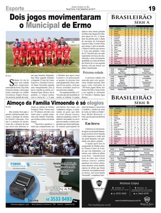 Dois jogos movimentaram
o Municipal de Ermo
Ermo
Ermo
Boa comida, bom papo e
grande confraternização mar-
caram o domingo do almoço
da Família Vimoendo. Esse
que é o primeiro de muitos,
como diz a diretoria do time
que serviu uma deliciosa re-
S
ábado foi dia de
mais uma rodada
pelo campeonato
municipal de Ermo,Taça João
Francisco Simão, e dois jogos
foram realizados no estádio
Escolástica Pagani Simon.
Na primeira partida da tarde,
Brasileirão
Série A
Brasileirão
Série B
19Esporte Jornal Correio do Sul
Terça-Feira, 5 de Setembro de 2017
feição na cantina do Grêmio
Fronteira Clube. Foram mais
de 170 almoços servidos com
muito amor e carinho prepa-
rado pela família Vimoendo,
que recebeu a todos com muita
alegria.
“Queremos agradecer a
todos que compareceram, aos
um jogo bastante disputado,
dois times jogando fechados
e brigando. O time do Centro
Esportivo Darabas/Funerá-
ria Santa Terezinha jogando
mais tranquilamente, pois já
havia vencido na estréia, já o
Santana/Água Branca havia
perdido, e o placar acabou
com a vitoria de 1 x 0 para
Almoço da Família Vimoendo é só elogios
presidentes dos times, aos
verdadeiros amigos, a comu-
nidade em geral, que além
de virem almoçar conosco,
ainda nos ajudaram e muito. O
dinheiro arrecadado irá servir
para nos ajudar a custear cam-
peonatosqueiremosparticipar.
Já estamos participando do
o Darabas que agora soma
6 pontos e já praticamente
se garante na próxima fase
antecipadamente. Para o San-
tana foi sua estreia, e terá que
buscar resultados positivos
nas próximas rodadas.
Na segunda partida, o LC
Veículos que havia perdido na
estréia, se redimiu. A equipe
aplicou uma sonora goleada
no Morro dos Soares/NaVibe,
pelo placar de 10 x 2, desta-
ques da partida para a dupla
de atacantes do Araranguá
Esporte Clube, Cristian Porto
que anotou 5 gols na partida,
e Marcel Emerim que anotou
3. Com essa goleada o time
do LC Veículos deu um salto
importante em busca da clas-
sificação, o time é de bastante
qualidade, já o time do Morro
dos Soares já é a sua segunda
derrota, terá que buscar sua
difícil classificação.
Próxima rodada
A próxima rodada está
marcada para esta quinta-
-feira, feriado nacional. Dois
jogos serão realizados às
13h15min jogam Morro dos
Soares/NaVibe x Ermo Norte
e em seguida se enfrentam
LC Veículos x Santana Água
Branca.
suíço do praiano, e nosso foco
é também o futebol de areia
de verão, no Sobre as Ondas”,
disse Michel Bertoncini, o
Galo, que faz parte da diretoria
do time.
Em breve
Adiretoria já esta pensan-
do agora em um jantar dançan-
te que em breve ira ser lançado
e terão ingressos a venda, será
um jantar dançante com gali-
nhada com aipim e polenta.
A equipe agora foca no
campeonato de futebol suíço,
no Praiano Centro de Even-
tos que esta disputando, e já
estreou com vitória na última
sexta-feira. “Agradecemos
além de todos que vieram
almoçar conosco, também
agradecer aos nossos atletas,
nossa diretoria, nossa família,
esposas de atletas que foram
essenciais,nosajudarammuito
no almoço, sem nossa família
Vimoendo”, completou Galo.
 