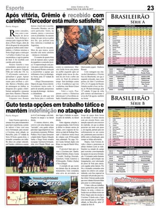 Após vitória, Grêmio é recebido com
carinho:"Torcedorestámuitosatisfeito"
Gutotestaopçõesemtrabalhotáticoe
mantémindefiniçãonoataquedoInter
Porto Alegre
Porto Alegre
R
ostos cansados,
mas com a sen-
sação de dever
cumprido. Sem disfarçar o
cansaço pela viagem de Men-
doza a Porto Alegre, além do
óbvio desgaste de uma partida
pegada ao melhor estilo Liber-
tadores, o Grêmio retornou a
PortoAlegre após a vitória por
1 a 0 sobre o Godoy Cruz, que
encaminhou a vaga às quartas
de final. E foi recebido com
carinho pela torcida.
Renato Gaúcho e seus
comandados apareceram no
pátio do aeroporto Salgado
Filho por volta das 13h. Lá,
15 aficionados cantavam e
aplaudiam o grupo. Apesar
do cansaço, os gremistas pa-
raram para retribuir o cari-
nho. Barrios e Bolaños, antes
de entraregem no ônibus, se
dirigiram até a grade e distri-
buíram autógrafos e posaram
para fotos. Ramiro e Marcelo
Grohe, por sua vez, abanaram.
Enquanto isso, Renato
Guto Ferreira aproveita a
semana livre para treinamentos
para fazer experiências, a ponto
de indicar o Inter com uma
nova formatação para encarar
o Criciúma, neste sábado, no
Beira-Rio, pela 12ª rodada da
Série B.Nesta quarta-feira, o
treinador comandou um traba-
lho tático em campo reduzido,
emViamão,edelineouaequipe
Brasileirão
Série A
Brasileirão
Série B
23Esporte Jornal Correio do Sul
Quinta-Feira, 6 de Julho de 2017
deixou o local com o auxiliar,
Alexandre Mendes, em um
carro particular. Antes, no
entanto, parou e conversou
com os jornalistas.Ao mesmo
tempo em que ouvia os gritos
dos fãs, que pediam uma
foto, valorizou o resultado na
Argentina.
– Cada um fez sua parte.
Mais do que nunca, nosso
torcedor está muito satisfeito
– destacou o treinador.
O restante da quarta-feira
será de repouso para o grupo
de jogadores e comissão técni-
ca. A reapresentação está pre-
vista para a tarde desta quinta.
Será quando Renato começará
a encaminhar a equipe que
enfrentaráoAvaí,nodomingo,
na Arena, pela 12ª rodada do
Brasileirão.
- (Hoje) Descansaremos.
Depois do jogo, fomos dormir.
Acordamos muito cedo. A
partir de amanhã, pensaremos
nojogodedomingo–declarou
o comandante.
Renato já sabe que terá
uma baixa para o confronto
contra os catarinenses. Mar-
celo Grohe levou sete pontos
no joelho esquerdo após ser
atingido pelas travas da chu-
teira de um rival e sofrer um
corte no final do primeiro
tempo. Será desfalque contra
o Avaí. A tendência é que Léo
o substitua, mas Bruno Grassi
também é opção.
– Falei a vocês. Pou-
pamos contra o Palmeiras
(derrota por 1 a 0 no último sá-
bado).Amanhãreavaliaremos.
Quempuder,jogará–finalizou
Renato.
Com vantagem nas oita-
vas da Libertadores, oTricolor
foca no Brasileirão, em que é
segundo colocado, mas a sete
pontos do líder Corinthians
(29 a 22.) A equipe de Renato
Gaúcho recebe oAvaí, naAre-
na, às 19h deste domingo, pela
12ª rodada. O jogo de volta
pelo torneio sul-americano é
só no dia 9 de agosto, também
na Arena.
no 4-4-2 em losango, com inde-
finições no ataque e na lateral
direita.
O sistema ofensivo, aliás,
convive com uma disputa mais
"acirrada", com quatro atletas
paraduasvagasdisponíveis.Em
umprimeiromomento,William
Pottker e Nico López formaram
a dupla titular. Depois, Eduardo
Sasha e Diego foram testados
naequipe.Aprimeiraformação,
aliás, teve Cláudio Winck, que
deu lugar a Fabinho na segun-
da parte do trabalho, na lateral
direita.
Entre algumas soluções a
serequacionadas,GutoFerreira
já define os demais setores do
campo, com o ingresso de Gu-
tiérrez ao lado de Rodrigo Dou-
rado e Edenílson numa trinca
de volantes com D'Alessandro
mais adiantado. Na zaga, Víc-
tor Cuesta formará dupla com
Klaus, na vaga de Danilo Silva,
suspenso.
O provável Inter para en-
carar o Criciúma tem: Danilo;
Winck(Fabinho),Klaus,Cuesta
e Uendel; Rodrigo Dourado,
Edenílson, Felipe Gutiérrez e
D'Alessandro; Pottker (Sasha)
e Nico (Diego).
A exemplo do que ocorre
nos demais dias da semana de
treinamentos, Guto comandou
uma série de atividades ao
longo de quase duas horas
de atividade. O terino iniciou
com um circuito físico, com
atenção especial a um exercício
de explosão, em que os atletas
puxavam um trenó com pesos
e, em seguida, partiam para um
enfrentamento no um contra
um, justamente para exercitar o
drible curto e a finalização, para
romper as linhas adversárias.
Depois, Guto Ferreira di-
vidiu o elenco e posicionou os
atletas titulares (com as inde-
finições) na metade do campo
para exercitar a movimentação
daequipeemsuanovaformata-
ção. O treinador pediu bastante
intensidade e aproximação nas
triangulações, com valorização
de posse de bola para atacar,
com jogadas pelas laterais. Por
fim, o treinador comandou uma
espécie de coletivo em campo
reduzido, com foco especial na
marcação sob pressão para rou-
barabola.Otécnicopediuainda
queseusvolantesfizessemfaltas
para parar os contra-ataques.
O Inter volta aos trabalhos
nesta quinta-feira pela manhã.
Depois, na sexta, o elenco co-
lorado tem um último treino em
PortoAlegre antes de encarar o
Criciúma. O duelo com o Tigre
está marcado para as 16h30 do
sábado, no Beira-Rio, pela 12ª
rodada da Série B.
 