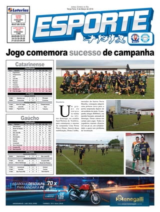 Jogo comemora sucesso de campanha
Sombrio
04-05-08-12-13
14-15-16-18-20
21-22-23-24-25
CONCURSO
1.632
LOTO FÁCIL
05/03
06-07-08-15-55
CONCURSO
4.621
QUINA
05/03
JORNAL CORREIO DO SUL
Terça-Feira, 6 de Março de 2018
U
m g r u -
p o d e
a m i g o s
se reuniu
no últi-
mo domingo, no estádio
Sant'Helena de Sombrio,
para comemorar o sucesso
da campanha Uma Perna
Para o Dione. Através dessa
mobilização, Dione Coelho,
morador do bairro Nova
Brasília, conseguiu adquirir
uma prótese nova para a
perna amputada depois de
um acidente de moto.Acam-
panha atingiu R$60mil e na
partida bastante animada de
domingo, Dione entrou em
campo para jogar. Todos os
jogadores usaram chuteira
em um pé só, em solidarie-
dade a quem tem problema
de locomoção.
Gaúcho
Catarinense
 
