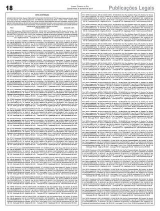 18 Publicações LegaisJornal Correio do Sul
Quinta-Feira, 6 de Abril de 2017
EDITAL DE INTIMAÇÃO
ARLINDOEDÍLIODAROSA,TitulardoTABELIONATODENOTASEPROTESTOSDETÍTULOSdestaComarcadeSombrio,situado
na Av. Nereu Ramos, 1300 - Fone (48) 3533-0318 - CEP 88960-000, atendimento das 08:00h - 12:00h e 14:00h - 18:00h, faz saber
na forma da Lei aos que o presente EDITAL virem, que se encontram nesse tabelionato para serem protestados, decorrido o prazo
legalde03(três)diasúteis,pornãoteremsidoencontradosnosendereçosfornecidos,ouporserecusarematomarconhecimento,os
títulos cujos responsáveis estão abaixo discriminados. Ficam esclarecidos, também, de que nesse mesmo prazo poderão apresentar
resposta escrita, que não impedirá a lavratura do protesto.
PROT. APRESENTANTE / CNPJ DEVEDOR / CNPJ
Prot: 157720; Devedor(es): DIEGO DAGSTIM TREVISOL - 047.831.029-37, End: Estrada Geral, S/N, Sombrio; Tip: Normal; Mot:
Faltadepagamento;Ced:MECANICAVILACONCEICAOLTDA-ME; Sac:MECANICAVILACONCEICAOLTDA-ME; Tit:3043;Apr:
MECANICAVILACONCEICAO; VEN: À VISTA; Esp: Duplicata de Prestação de Serviços por Indicação Comprovante de prestação
dos serviços; Val: R$ 482,00 + Juros Legais (1% a.m.); Emol.: R$ 86,92. Apontamento R$ 16,50 - Selo R$ 1,85 - Distribuição R$
0,00 - Diligência R$ 50,65 - Condução R$ 19,77 - Digitalização R$ 0,00- Total Emolumentos R$ 86,92.
Prot: 157146; Devedor(es): GABRIELA CONSTANTE PATRICIO - 106.675.629-58, End: Estrada Geral, 74, Sombrio; Tip: Normal;
Mot: Falta de pagamento; Ced: DB S.A COMERCIO DE MOVEIS E ELETRODOMEST; Sac: DB S.A COMERCIO DE MOVEIS
E ELETRODOMESTICOS; Tit: 61875113 ; Apr: DB S.A COMERCIO DE MOVEIS E ELETRODOMEST; VEN: 10/02/2016; Esp:
Duplicata de Venda Mercantil por Indicação; Val: R$ 111,00 + Juros Legais (1% a.m.); Emol.: R$ 86,92.Apontamento R$ 16,50 - Selo
R$ 1,85 - Distribuição R$ 0,00 - Diligência R$ 50,65 - Condução R$ 19,77 - Digitalização R$ 0,00- Total Emolumentos R$ 86,92.
Prot: 157140; Devedor(es): GABRIELA CONSTANTE PATRICIO - 106.675.629-58, End: Estrada Geral, 74, Sombrio; Tip: Normal;
Mot: Falta de pagamento; Ced: DB S.A COMERCIO DE MOVEIS E ELETRODOMEST; Sac: DB S.A COMERCIO DE MOVEIS
E ELETRODOMESTICOS; Tit: 61875111 ; Apr: DB S.A COMERCIO DE MOVEIS E ELETRODOMEST; VEN: 10/12/2015; Esp:
Duplicata de Venda Mercantil por Indicação; Val: R$ 111,00 + Juros Legais (1% a.m.); Emol.: R$ 86,92.Apontamento R$ 16,50 - Selo
R$ 1,85 - Distribuição R$ 0,00 - Diligência R$ 50,65 - Condução R$ 19,77 - Digitalização R$ 0,00- Total Emolumentos R$ 86,92.
Prot: 157137; Devedor(es): GABRIELA CONSTANTE PATRICIO - 106.675.629-58, End: Estrada Geral, 74, Sombrio; Tip: Normal;
Mot: Falta de pagamento; Ced: DB S.A COMERCIO DE MOVEIS E ELETRODOMEST; Sac: DB S.A COMERCIO DE MOVEIS
E ELETRODOMESTICOS; Tit: 61875110 ; Apr: DB S.A COMERCIO DE MOVEIS E ELETRODOMEST; VEN: 10/11/2015; Esp:
Duplicata de Venda Mercantil por Indicação; Val: R$ 111,00 + Juros Legais (1% a.m.); Emol.: R$ 86,92.Apontamento R$ 16,50 - Selo
R$ 1,85 - Distribuição R$ 0,00 - Diligência R$ 50,65 - Condução R$ 19,77 - Digitalização R$ 0,00- Total Emolumentos R$ 86,92.
Prot: 157143; Devedor(es): GABRIELA CONSTANTE PATRICIO - 106.675.629-58, End: Estrada Geral, 74, Sombrio; Tip: Normal;
Mot: Falta de pagamento; Ced: DB S.A COMERCIO DE MOVEIS E ELETRODOMEST; Sac: DB S.A COMERCIO DE MOVEIS
E ELETRODOMESTICOS; Tit: 61875112 ; Apr: DB S.A COMERCIO DE MOVEIS E ELETRODOMEST; VEN: 10/01/2016; Esp:
Duplicata de Venda Mercantil por Indicação; Val: R$ 111,00 + Juros Legais (1% a.m.); Emol.: R$ 86,92.Apontamento R$ 16,50 - Selo
R$ 1,85 - Distribuição R$ 0,00 - Diligência R$ 50,65 - Condução R$ 19,77 - Digitalização R$ 0,00- Total Emolumentos R$ 86,92.
Prot: 157133; Devedor(es): GABRIELA CONSTANTE PATRICIO - 106.675.629-58, End: Estrada Geral, 74, Sombrio; Tip: Normal;
Mot: Falta de pagamento; Ced: DB S.A COMERCIO DE MOVEIS E ELETRODOMEST; Sac: DB S.A COMERCIO DE MOVEIS
E ELETRODOMESTICOS; Tit: 61875109 ; Apr: DB S.A COMERCIO DE MOVEIS E ELETRODOMEST; VEN: 10/10/2015; Esp:
Duplicata de Venda Mercantil por Indicação; Val: R$ 111,00 + Juros Legais (1% a.m.); Emol.: R$ 86,92.Apontamento R$ 16,50 - Selo
R$ 1,85 - Distribuição R$ 0,00 - Diligência R$ 50,65 - Condução R$ 19,77 - Digitalização R$ 0,00- Total Emolumentos R$ 86,92.
Prot: 157131; Devedor(es): GLEINOMAR BAIRROS VAINANT- 011.403.650-02, End:Av. Getulio Vargas, 922, Sombrio;Tip: Normal;
Mot: Falta de pagamento; Ced: DB S.A COMERCIO DE MOVEIS E ELETRODOMEST; Sac: DB S.A COMERCIO DE MOVEIS
E ELETRODOMESTICOS; Tit: 12835111 ; Apr: DB S.A COMERCIO DE MOVEIS E ELETRODOMEST; VEN: 10/09/2015; Esp:
Duplicata de Venda Mercantil por Indicação; Val: R$ 119,00 + Juros Legais (1% a.m.); Emol.: R$ 56,58.Apontamento R$ 16,50 - Selo
R$ 1,85 - Distribuição R$ 0,00 - Diligência R$ 33,00 - Condução R$ 7,08 - Digitalização R$ 0,00- Total Emolumentos R$ 56,58.
Prot: 157089; Devedor(es): GLEINOMAR BAIRROS VAINANT- 011.403.650-02, End:Av. Getulio Vargas, 922, Sombrio;Tip: Normal;
Mot: Falta de pagamento; Ced: DB S.A COMERCIO DE MOVEIS E ELETRODOMEST; Sac: DB S.A COMERCIO DE MOVEIS
E ELETRODOMESTICOS; Tit: 12835104 ; Apr: DB S.A COMERCIO DE MOVEIS E ELETRODOMEST; VEN: 10/02/2015; Esp:
Duplicata de Venda Mercantil por Indicação; Val: R$ 119,00 + Juros Legais (1% a.m.); Emol.: R$ 56,58.Apontamento R$ 16,50 - Selo
R$ 1,85 - Distribuição R$ 0,00 - Diligência R$ 33,00 - Condução R$ 7,08 - Digitalização R$ 0,00- Total Emolumentos R$ 56,58.
Prot: 157134; Devedor(es): GLEINOMAR BAIRROS VAINANT- 011.403.650-02, End:Av. Getulio Vargas, 922, Sombrio;Tip: Normal;
Mot: Falta de pagamento; Ced: DB S.A COMERCIO DE MOVEIS E ELETRODOMEST; Sac: DB S.A COMERCIO DE MOVEIS
E ELETRODOMESTICOS; Tit: 12835112 ; Apr: DB S.A COMERCIO DE MOVEIS E ELETRODOMEST; VEN: 10/10/2015; Esp:
Duplicata de Venda Mercantil por Indicação; Val: R$ 119,00 + Juros Legais (1% a.m.); Emol.: R$ 56,58.Apontamento R$ 16,50 - Selo
R$ 1,85 - Distribuição R$ 0,00 - Diligência R$ 33,00 - Condução R$ 7,08 - Digitalização R$ 0,00- Total Emolumentos R$ 56,58.
Prot: 157125; Devedor(es): GLEINOMAR BAIRROS VAINANT- 011.403.650-02, End:Av. Getulio Vargas, 922, Sombrio;Tip: Normal;
Mot: Falta de pagamento; Ced: DB S.A COMERCIO DE MOVEIS E ELETRODOMEST; Sac: DB S.A COMERCIO DE MOVEIS
E ELETRODOMESTICOS; Tit: 12835109 ; Apr: DB S.A COMERCIO DE MOVEIS E ELETRODOMEST; VEN: 10/07/2015; Esp:
Duplicata de Venda Mercantil por Indicação; Val: R$ 119,00 + Juros Legais (1% a.m.); Emol.: R$ 56,58.Apontamento R$ 16,50 - Selo
R$ 1,85 - Distribuição R$ 0,00 - Diligência R$ 33,00 - Condução R$ 7,08 - Digitalização R$ 0,00- Total Emolumentos R$ 56,58.
Prot: 157128; Devedor(es): GLEINOMAR BAIRROS VAINANT- 011.403.650-02, End:Av. Getulio Vargas, 922, Sombrio;Tip: Normal;
Mot: Falta de pagamento; Ced: DB S.A COMERCIO DE MOVEIS E ELETRODOMEST; Sac: DB S.A COMERCIO DE MOVEIS
E ELETRODOMESTICOS; Tit: 12835110 ; Apr: DB S.A COMERCIO DE MOVEIS E ELETRODOMEST; VEN: 10/08/2015; Esp:
Duplicata de Venda Mercantil por Indicação; Val: R$ 119,00 + Juros Legais (1% a.m.); Emol.: R$ 56,58.Apontamento R$ 16,50 - Selo
R$ 1,85 - Distribuição R$ 0,00 - Diligência R$ 33,00 - Condução R$ 7,08 - Digitalização R$ 0,00- Total Emolumentos R$ 56,58.
Prot: 157121; Devedor(es): GLEINOMAR BAIRROS VAINANT- 011.403.650-02, End:Av. Getulio Vargas, 922, Sombrio;Tip: Normal;
Mot: Falta de pagamento; Ced: DB S.A COMERCIO DE MOVEIS E ELETRODOMEST; Sac: DB S.A COMERCIO DE MOVEIS
E ELETRODOMESTICOS; Tit: 12835108 ; Apr: DB S.A COMERCIO DE MOVEIS E ELETRODOMEST; VEN: 10/06/2015; Esp:
Duplicata de Venda Mercantil por Indicação; Val: R$ 119,00 + Juros Legais (1% a.m.); Emol.: R$ 56,58.Apontamento R$ 16,50 - Selo
R$ 1,85 - Distribuição R$ 0,00 - Diligência R$ 33,00 - Condução R$ 7,08 - Digitalização R$ 0,00- Total Emolumentos R$ 56,58.
Prot: 157113; Devedor(es): GLEINOMAR BAIRROS VAINANT- 011.403.650-02, End:Av. Getulio Vargas, 922, Sombrio;Tip: Normal;
Mot: Falta de pagamento; Ced: DB S.A COMERCIO DE MOVEIS E ELETRODOMEST; Sac: DB S.A COMERCIO DE MOVEIS
E ELETRODOMESTICOS; Tit: 12835107 ; Apr: DB S.A COMERCIO DE MOVEIS E ELETRODOMEST; VEN: 10/05/2015; Esp:
Duplicata de Venda Mercantil por Indicação; Val: R$ 119,00 + Juros Legais (1% a.m.); Emol.: R$ 56,58.Apontamento R$ 16,50 - Selo
R$ 1,85 - Distribuição R$ 0,00 - Diligência R$ 33,00 - Condução R$ 7,08 - Digitalização R$ 0,00- Total Emolumentos R$ 56,58.
Prot: 157104; Devedor(es): GLEINOMAR BAIRROS VAINANT- 011.403.650-02, End:Av. Getulio Vargas, 922, Sombrio;Tip: Normal;
Mot: Falta de pagamento; Ced: DB S.A COMERCIO DE MOVEIS E ELETRODOMEST; Sac: DB S.A COMERCIO DE MOVEIS
E ELETRODOMESTICOS; Tit: 12835106 ; Apr: DB S.A COMERCIO DE MOVEIS E ELETRODOMEST; VEN: 10/04/2015; Esp:
Duplicata de Venda Mercantil por Indicação; Val: R$ 119,00 + Juros Legais (1% a.m.); Emol.: R$ 56,58.Apontamento R$ 16,50 - Selo
R$ 1,85 - Distribuição R$ 0,00 - Diligência R$ 33,00 - Condução R$ 7,08 - Digitalização R$ 0,00- Total Emolumentos R$ 56,58.
Prot: 157096; Devedor(es): GLEINOMAR BAIRROS VAINANT- 011.403.650-02, End:Av. Getulio Vargas, 922, Sombrio;Tip: Normal;
Mot: Falta de pagamento; Ced: DB S.A COMERCIO DE MOVEIS E ELETRODOMEST; Sac: DB S.A COMERCIO DE MOVEIS
E ELETRODOMESTICOS; Tit: 12835105 ; Apr: DB S.A COMERCIO DE MOVEIS E ELETRODOMEST; VEN: 10/03/2015; Esp:
Duplicata de Venda Mercantil por Indicação; Val: R$ 119,00 + Juros Legais (1% a.m.); Emol.: R$ 56,58.Apontamento R$ 16,50 - Selo
R$ 1,85 - Distribuição R$ 0,00 - Diligência R$ 33,00 - Condução R$ 7,08 - Digitalização R$ 0,00- Total Emolumentos R$ 56,58.
Prot: 157082; Devedor(es): GLEINOMAR BAIRROS VAINANT- 011.403.650-02, End:Av. Getulio Vargas, 922, Sombrio;Tip: Normal;
Mot: Falta de pagamento; Ced: DB S.A COMERCIO DE MOVEIS E ELETRODOMEST; Sac: DB S.A COMERCIO DE MOVEIS
E ELETRODOMESTICOS; Tit: 12835103 ; Apr: DB S.A COMERCIO DE MOVEIS E ELETRODOMEST; VEN: 10/01/2015; Esp:
Duplicata de Venda Mercantil por Indicação; Val: R$ 119,00 + Juros Legais (1% a.m.); Emol.: R$ 56,58.Apontamento R$ 16,50 - Selo
R$ 1,85 - Distribuição R$ 0,00 - Diligência R$ 33,00 - Condução R$ 7,08 - Digitalização R$ 0,00- Total Emolumentos R$ 56,58.
Prot: 156765; Devedor(es): JAIR DA CUNHA COSTA - 057.558.829-24, End: Rua Quintiliano Raupp, S/n, Sombrio; Tip: Normal;
Mot: Falta de pagamento; Ced: DB S.A COMERCIO DE MOVEIS E ELETRODOMEST; Sac: DB S.A COMERCIO DE MOVEIS
E ELETRODOMESTICOS; Tit: 162770107 ; Apr: DB S.A COMERCIO DE MOVEIS E ELETRODOMEST; VEN: 14/05/2016; Esp:
Duplicata de Venda Mercantil por Indicação; Val: R$ 178,00 + Juros Legais (1% a.m.); Emol.: R$ 56,58.Apontamento R$ 16,50 - Selo
R$ 1,85 - Distribuição R$ 0,00 - Diligência R$ 33,00 - Condução R$ 7,08 - Digitalização R$ 0,00- Total Emolumentos R$ 56,58.
Prot: 156770; Devedor(es): JAIR DA CUNHA COSTA - 057.558.829-24, End: Rua Quintiliano Raupp, 279, Sombrio; Tip: Normal;
Mot: Falta de pagamento; Ced: DB S.A COMERCIO DE MOVEIS E ELETRODOMEST; Sac: DB S.A COMERCIO DE MOVEIS
E ELETRODOMESTICOS; Tit: 162770111 ; Apr: DB S.A COMERCIO DE MOVEIS E ELETRODOMEST; VEN: 14/09/2016; Esp:
Duplicata de Venda Mercantil por Indicação; Val: R$ 178,00 + Juros Legais (1% a.m.); Emol.: R$ 56,58.Apontamento R$ 16,50 - Selo
R$ 1,85 - Distribuição R$ 0,00 - Diligência R$ 33,00 - Condução R$ 7,08 - Digitalização R$ 0,00- Total Emolumentos R$ 56,58.
Prot: 156769; Devedor(es): JAIR DA CUNHA COSTA - 057.558.829-24, End: Rua Quintiliano Raupp, S/N, Sombrio; Tip: Normal;
Mot: Falta de pagamento; Ced: DB S.A COMERCIO DE MOVEIS E ELETRODOMEST; Sac: DB S.A COMERCIO DE MOVEIS
E ELETRODOMESTICOS; Tit: 162770110 ; Apr: DB S.A COMERCIO DE MOVEIS E ELETRODOMEST; VEN: 14/08/2016; Esp:
Duplicata de Venda Mercantil por Indicação; Val: R$ 178,00 + Juros Legais (1% a.m.); Emol.: R$ 56,58.Apontamento R$ 16,50 - Selo
R$ 1,85 - Distribuição R$ 0,00 - Diligência R$ 33,00 - Condução R$ 7,08 - Digitalização R$ 0,00- Total Emolumentos R$ 56,58.
Prot: 156768; Devedor(es): JAIR DA CUNHA COSTA - 057.558.829-24, End: Rua Quintiliano Raupp, S/N, Sombrio; Tip: Normal;
Mot: Falta de pagamento; Ced: DB S.A COMERCIO DE MOVEIS E ELETRODOMEST; Sac: DB S.A COMERCIO DE MOVEIS
E ELETRODOMESTICOS; Tit: 162770109 ; Apr: DB S.A COMERCIO DE MOVEIS E ELETRODOMEST; VEN: 14/07/2016; Esp:
Duplicata de Venda Mercantil por Indicação; Val: R$ 178,00 + Juros Legais (1% a.m.); Emol.: R$ 56,58.Apontamento R$ 16,50 - Selo
R$ 1,85 - Distribuição R$ 0,00 - Diligência R$ 33,00 - Condução R$ 7,08 - Digitalização R$ 0,00- Total Emolumentos R$ 56,58.
Prot: 156767; Devedor(es): JAIR DA CUNHA COSTA - 057.558.829-24, End: Rua Quintiliano Raupp, S/N, Sombrio; Tip: Normal;
Mot: Falta de pagamento; Ced: DB S.A COMERCIO DE MOVEIS E ELETRODOMEST; Sac: DB S.A COMERCIO DE MOVEIS
E ELETRODOMESTICOS; Tit: 162770108 ; Apr: DB S.A COMERCIO DE MOVEIS E ELETRODOMEST; VEN: 14/06/2016; Esp:
Duplicata de Venda Mercantil por Indicação; Val: R$ 178,00 + Juros Legais (1% a.m.); Emol.: R$ 56,58.Apontamento R$ 16,50 - Selo
R$ 1,85 - Distribuição R$ 0,00 - Diligência R$ 33,00 - Condução R$ 7,08 - Digitalização R$ 0,00- Total Emolumentos R$ 56,58.
Prot: 156759; Devedor(es): JAIR DA CUNHA COSTA - 057.558.829-24, End: Rua Quintiliano Raupp, S/N, Sombrio; Tip: Normal;
Mot: Falta de pagamento; Ced: DB S.A COMERCIO DE MOVEIS E ELETRODOMEST; Sac: DB S.A COMERCIO DE MOVEIS
E ELETRODOMESTICOS; Tit: 162770105 ; Apr: DB S.A COMERCIO DE MOVEIS E ELETRODOMEST; VEN: 14/03/2016; Esp:
Duplicata de Venda Mercantil por Indicação; Val: R$ 178,00 + Juros Legais (1% a.m.); Emol.: R$ 56,58.Apontamento R$ 16,50 - Selo
R$ 1,85 - Distribuição R$ 0,00 - Diligência R$ 33,00 - Condução R$ 7,08 - Digitalização R$ 0,00- Total Emolumentos R$ 56,58.
Prot: 156762; Devedor(es): JAIR DA CUNHA COSTA - 057.558.829-24, End: Rua Quintiliano Raupp, S/N, Sombrio; Tip: Normal;
Mot: Falta de pagamento; Ced: DB S.A COMERCIO DE MOVEIS E ELETRODOMEST; Sac: DB S.A COMERCIO DE MOVEIS
E ELETRODOMESTICOS; Tit: 162770106 ; Apr: DB S.A COMERCIO DE MOVEIS E ELETRODOMEST; VEN: 14/04/2016; Esp:
Duplicata de Venda Mercantil por Indicação; Val: R$ 178,00 + Juros Legais (1% a.m.); Emol.: R$ 56,58.Apontamento R$ 16,50 - Selo
R$ 1,85 - Distribuição R$ 0,00 - Diligência R$ 33,00 - Condução R$ 7,08 - Digitalização R$ 0,00- Total Emolumentos R$ 56,58.
Prot: 156756; Devedor(es): JAIR DA CUNHA COSTA - 057.558.829-24, End: Rua Quintiliano Raupp, S/N, Sombrio; Tip: Normal;
Mot: Falta de pagamento; Ced: DB S.A COMERCIO DE MOVEIS E ELETRODOMEST; Sac: DB S.A COMERCIO DE MOVEIS
E ELETRODOMESTICOS; Tit: 162770104 ; Apr: DB S.A COMERCIO DE MOVEIS E ELETRODOMEST; VEN: 14/02/2016; Esp:
Duplicata de Venda Mercantil por Indicação; Val: R$ 178,00 + Juros Legais (1% a.m.); Emol.: R$ 56,58.Apontamento R$ 16,50 - Selo
R$ 1,85 - Distribuição R$ 0,00 - Diligência R$ 33,00 - Condução R$ 7,08 - Digitalização R$ 0,00- Total Emolumentos R$ 56,58.
Prot: 156753; Devedor(es): JAIR DA CUNHA COSTA - 057.558.829-24, End: Rua Quintiliano Raupp, S/N, Sombrio; Tip: Normal;
Mot: Falta de pagamento; Ced: DB S.A COMERCIO DE MOVEIS E ELETRODOMEST; Sac: DB S.A COMERCIO DE MOVEIS
E ELETRODOMESTICOS; Tit: 162770103 ; Apr: DB S.A COMERCIO DE MOVEIS E ELETRODOMEST; VEN: 14/01/2016; Esp:
Duplicata de Venda Mercantil por Indicação; Val: R$ 178,00 + Juros Legais (1% a.m.); Emol.: R$ 56,58.Apontamento R$ 16,50 - Selo
R$ 1,85 - Distribuição R$ 0,00 - Diligência R$ 33,00 - Condução R$ 7,08 - Digitalização R$ 0,00- Total Emolumentos R$ 56,58.
Prot: 156729; Devedor(es): JEDSON PEREIRA DOS SANTOS - 105.966.229-96, End: Estrada Geral, 01, Sombrio; Tip: Normal;
Mot: Falta de pagamento; Ced: DB S.A COMERCIO DE MOVEIS E ELETRODOMEST; Sac: DB S.A COMERCIO DE MOVEIS
E ELETRODOMESTICOS; Tit: 47855107 ; Apr: DB S.A COMERCIO DE MOVEIS E ELETRODOMEST; VEN: 08/07/2015; Esp:
Duplicata de Venda Mercantil por Indicação; Val: R$ 137,40 + Juros Legais (1% a.m.); Emol.: R$ 86,92.Apontamento R$ 16,50 - Selo
R$ 1,85 - Distribuição R$ 0,00 - Diligência R$ 50,65 - Condução R$ 19,77 - Digitalização R$ 0,00- Total Emolumentos R$ 86,92.
Prot: 156714; Devedor(es): JEDSON PEREIRA DOS SANTOS - 105.966.229-96, End: Estrada Geral, 01, Sombrio; Tip: Normal;
Mot: Falta de pagamento; Ced: DB S.A COMERCIO DE MOVEIS E ELETRODOMEST; Sac: DB S.A COMERCIO DE MOVEIS
E ELETRODOMESTICOS; Tit: 47855105 ; Apr: DB S.A COMERCIO DE MOVEIS E ELETRODOMEST; VEN: 08/05/2015; Esp:
Duplicata de Venda Mercantil por Indicação; Val: R$ 137,40 + Juros Legais (1% a.m.); Emol.: R$ 86,92.Apontamento R$ 16,50 - Selo
R$ 1,85 - Distribuição R$ 0,00 - Diligência R$ 50,65 - Condução R$ 19,77 - Digitalização R$ 0,00- Total Emolumentos R$ 86,92.
Prot: 156737; Devedor(es): JEDSON PEREIRA DOS SANTOS - 105.966.229-96, End: Estrada Geral, 01, Sombrio; Tip: Normal;
Mot: Falta de pagamento; Ced: DB S.A COMERCIO DE MOVEIS E ELETRODOMEST; Sac: DB S.A COMERCIO DE MOVEIS
E ELETRODOMESTICOS; Tit: 47855108 ; Apr: DB S.A COMERCIO DE MOVEIS E ELETRODOMEST; VEN: 08/08/2015; Esp:
Duplicata de Venda Mercantil por Indicação; Val: R$ 137,40 + Juros Legais (1% a.m.); Emol.: R$ 86,92.Apontamento R$ 16,50 - Selo
R$ 1,85 - Distribuição R$ 0,00 - Diligência R$ 50,65 - Condução R$ 19,77 - Digitalização R$ 0,00- Total Emolumentos R$ 86,92.
Prot: 156720; Devedor(es): JEDSON PEREIRA DOS SANTOS - 105.966.229-96, End: Estrada Geral, 01, Sombrio; Tip: Normal;
Mot: Falta de pagamento; Ced: DB S.A COMERCIO DE MOVEIS E ELETRODOMEST; Sac: DB S.A COMERCIO DE MOVEIS
E ELETRODOMESTICOS; Tit: 47855106 ; Apr: DB S.A COMERCIO DE MOVEIS E ELETRODOMEST; VEN: 08/06/2015; Esp:
Duplicata de Venda Mercantil por Indicação; Val: R$ 137,40 + Juros Legais (1% a.m.); Emol.: R$ 86,92.Apontamento R$ 16,50 - Selo
R$ 1,85 - Distribuição R$ 0,00 - Diligência R$ 50,65 - Condução R$ 19,77 - Digitalização R$ 0,00- Total Emolumentos R$ 86,92.
Prot: 156708; Devedor(es): JEDSON PEREIRA DOS SANTOS - 105.966.229-96, End: Estrada Geral, 01, Sombrio; Tip: Normal;
Mot: Falta de pagamento; Ced: DB S.A COMERCIO DE MOVEIS E ELETRODOMEST; Sac: DB S.A COMERCIO DE MOVEIS
E ELETRODOMESTICOS; Tit: 47855104 ; Apr: DB S.A COMERCIO DE MOVEIS E ELETRODOMEST; VEN: 08/04/2015; Esp:
Duplicata de Venda Mercantil por Indicação; Val: R$ 137,40 + Juros Legais (1% a.m.); Emol.: R$ 86,92.Apontamento R$ 16,50 - Selo
R$ 1,85 - Distribuição R$ 0,00 - Diligência R$ 50,65 - Condução R$ 19,77 - Digitalização R$ 0,00- Total Emolumentos R$ 86,92.
Prot: 156704; Devedor(es): JEDSON PEREIRA DOS SANTOS - 105.966.229-96, End: Estrada Geral, 01, Sombrio; Tip: Normal;
Mot: Falta de pagamento; Ced: DB S.A COMERCIO DE MOVEIS E ELETRODOMEST; Sac: DB S.A COMERCIO DE MOVEIS
E ELETRODOMESTICOS; Tit: 47855103 ; Apr: DB S.A COMERCIO DE MOVEIS E ELETRODOMEST; VEN: 08/03/2015; Esp:
Duplicata de Venda Mercantil por Indicação; Val: R$ 137,40 + Juros Legais (1% a.m.); Emol.: R$ 86,92.Apontamento R$ 16,50 - Selo
R$ 1,85 - Distribuição R$ 0,00 - Diligência R$ 50,65 - Condução R$ 19,77 - Digitalização R$ 0,00- Total Emolumentos R$ 86,92.
Prot: 156717; Devedor(es): JOSE LUISANDRADE - 012.840.790-58, End: Rua Pref. Fioravante Minatto, 384, Sombrio; Tip: Normal;
Mot: Falta de pagamento; Ced: DB S.A COMERCIO DE MOVEIS E ELETRODOMEST; Sac: DB S.A COMERCIO DE MOVEIS E
ELETRODOMESTICOS; Tit:5095008;Apr:DBS.ACOMERCIODEMOVEISEELETRODOMEST;VEN:18/05/2015;Esp:Duplicata
de Venda Mercantil por Indicação; Val: R$ 127,00 + Juros Legais (1% a.m.); Emol.: R$ 56,58.Apontamento R$ 16,50 - Selo R$ 1,85
- Distribuição R$ 0,00 - Diligência R$ 33,00 - Condução R$ 7,08 - Digitalização R$ 0,00- Total Emolumentos R$ 56,58.
Prot: 156723; Devedor(es): JOSE LUISANDRADE - 012.840.790-58, End: Rua Pref. Fioravante Minatto, 384, Sombrio; Tip: Normal;
Mot: Falta de pagamento; Ced: DB S.A COMERCIO DE MOVEIS E ELETRODOMEST; Sac: DB S.A COMERCIO DE MOVEIS
E ELETRODOMESTICOS; Tit: 48130107 ; Apr: DB S.A COMERCIO DE MOVEIS E ELETRODOMEST; VEN: 15/06/2015; Esp:
Duplicata de Venda Mercantil por Indicação; Val: R$ 233,00 + Juros Legais (1% a.m.); Emol.: R$ 56,58.Apontamento R$ 16,50 - Selo
R$ 1,85 - Distribuição R$ 0,00 - Diligência R$ 33,00 - Condução R$ 7,08 - Digitalização R$ 0,00- Total Emolumentos R$ 56,58.
Prot: 156744; Devedor(es): JOSE LUISANDRADE - 012.840.790-58, End: Rua Pref. Fioravante Minatto, 384, Sombrio; Tip: Normal;
Mot: Falta de pagamento; Ced: DB S.A COMERCIO DE MOVEIS E ELETRODOMEST; Sac: DB S.A COMERCIO DE MOVEIS
E ELETRODOMESTICOS; Tit: 48130111 ; Apr: DB S.A COMERCIO DE MOVEIS E ELETRODOMEST; VEN: 15/10/2015; Esp:
Duplicata de Venda Mercantil por Indicação; Val: R$ 233,00 + Juros Legais (1% a.m.); Emol.: R$ 56,58.Apontamento R$ 16,50 - Selo
R$ 1,85 - Distribuição R$ 0,00 - Diligência R$ 33,00 - Condução R$ 7,08 - Digitalização R$ 0,00- Total Emolumentos R$ 56,58.
Prot: 156724; Devedor(es): JOSE LUISANDRADE - 012.840.790-58, End: Rua Pref. Fioravante Minatto, 384, Sombrio; Tip: Normal;
Mot: Falta de pagamento; Ced: DB S.A COMERCIO DE MOVEIS E ELETRODOMEST; Sac: DB S.A COMERCIO DE MOVEIS E
ELETRODOMESTICOS; Tit:5095009;Apr:DBS.ACOMERCIODEMOVEISEELETRODOMEST;VEN:18/06/2015;Esp:Duplicata
de Venda Mercantil por Indicação; Val: R$ 127,00 + Juros Legais (1% a.m.); Emol.: R$ 56,58.Apontamento R$ 16,50 - Selo R$ 1,85
- Distribuição R$ 0,00 - Diligência R$ 33,00 - Condução R$ 7,08 - Digitalização R$ 0,00- Total Emolumentos R$ 56,58.
Prot: 156731; Devedor(es): JOSE LUISANDRADE - 012.840.790-58, End: Rua Pref. Fioravante Minatto, 384, Sombrio; Tip: Normal;
Mot: Falta de pagamento; Ced: DB S.A COMERCIO DE MOVEIS E ELETRODOMEST; Sac: DB S.A COMERCIO DE MOVEIS
E ELETRODOMESTICOS; Tit: 48130108 ; Apr: DB S.A COMERCIO DE MOVEIS E ELETRODOMEST; VEN: 15/07/2015; Esp:
Duplicata de Venda Mercantil por Indicação; Val: R$ 233,00 + Juros Legais (1% a.m.); Emol.: R$ 56,58.Apontamento R$ 16,50 - Selo
R$ 1,85 - Distribuição R$ 0,00 - Diligência R$ 33,00 - Condução R$ 7,08 - Digitalização R$ 0,00- Total Emolumentos R$ 56,58.
Prot: 156732; Devedor(es): JOSE LUISANDRADE - 012.840.790-58, End: Rua Pref. Fioravante Minatto, 384, Sombrio; Tip: Normal;
Mot: Falta de pagamento; Ced: DB S.A COMERCIO DE MOVEIS E ELETRODOMEST; Sac: DB S.A COMERCIO DE MOVEIS E
ELETRODOMESTICOS; Tit:5095010;Apr:DBS.ACOMERCIODEMOVEISEELETRODOMEST;VEN:18/07/2015;Esp:Duplicata
de Venda Mercantil por Indicação; Val: R$ 127,00 + Juros Legais (1% a.m.); Emol.: R$ 56,58.Apontamento R$ 16,50 - Selo R$ 1,85
- Distribuição R$ 0,00 - Diligência R$ 33,00 - Condução R$ 7,08 - Digitalização R$ 0,00- Total Emolumentos R$ 56,58.
Prot: 156739; Devedor(es): JOSE LUISANDRADE - 012.840.790-58, End: Rua Pref. Fioravante Minatto, 384, Sombrio; Tip: Normal;
Mot: Falta de pagamento; Ced: DB S.A COMERCIO DE MOVEIS E ELETRODOMEST; Sac: DB S.A COMERCIO DE MOVEIS
E ELETRODOMESTICOS; Tit: 48130109 ; Apr: DB S.A COMERCIO DE MOVEIS E ELETRODOMEST; VEN: 15/08/2015; Esp:
Duplicata de Venda Mercantil por Indicação; Val: R$ 233,00 + Juros Legais (1% a.m.); Emol.: R$ 56,58.Apontamento R$ 16,50 - Selo
 