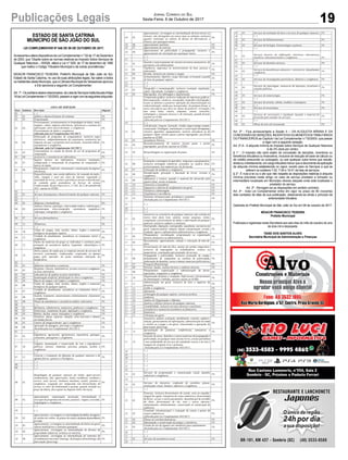 19Publicações Legais Jornal Correio do Sul
Sexta-Feira, 6 de Outubro de 2017
ESTADO DE SANTA CATRINA
MUNICÍPIO DE SÃO JOÃO DO SUL
LEI COMPLEMENTAR Nº 046 DE 06 DE OUTUBRO DE 2017.
Acrescenta e altera dispositivos da Lei Complementar n.º 02 de 17 de Dezembro
de 2003, que “Dispõe sobre as normas relativas ao Imposto Sobre Serviços de
Qualquer Natureza – ISSQN, altera a Lei n.º 629, de 17 de dezembro de 1990
que institui o Código Tributário Municipal e dá outras providências.”
MOACIR FRANCISCO TEIXEIRA, PrefeiTo Municipal de São João do Sul,
Estado de Santa Catarina, no uso de suas atribuições legais, faz saber a todos
os habitantes deste Município, que a Câmara Municipal de Vereadores aprovou
e Ele sanciona a seguinte Lei Complementar:
Art.1º-Ossubitensabaixorelacionados,daListadeServiçosinstituídapeloArtigo
18daLeiComplementarn.º02/2003,passamavigercomasseguintesalíquotas:
Art. 2º - Fica acrescentada a Seção II – DA ALÍQUOTA MÍNINA E DA
CONCESSÃO DE ISENÇÕES, INCENTIVOS OU BENEFÍCIOSTRIBUTÁRIOS
OU FINANCEIROS ao Capítulo I da Lei Complementar n.º 02/2003, que passar
a viger com a seguinte redação:
Art. 2º-A - A alíquota mínima do Imposto sobre Serviços de Qualquer Natureza
é de 2% (dois por cento).
§ 1° - O imposto não será objeto de concessão de isenções, incentivos ou
benefícios tributários ou financeiros, inclusive de redução de base de cálculo ou
de crédito presumido ou outorgado, ou sob qualquer outra forma que resulte,
direta ou indiretamente, em carga tributária menor que a decorrente da aplicação
da alíquota mínima estabelecida no caput, exceto para os Serviços a que se
referem os subitens 7.02, 7.05 e 16.01 da lista de serviços.
§ 2°- É nula a lei ou o ato que não respeite as disposições relativas à alíquota
mínima previstas neste artigo no caso de serviço prestado a tomador ou
intermediário localizado em Município diverso daquele onde está localizado o
prestador do serviço.
Art. 3º - Revogam-se as disposições em sentido contrário.
Art. 4º - Esta Lei Complementar entra em vigor no prazo de 90 (noventa)
dias contados da data da sua publicação, observando-se ainda o princípio da
anterioridade tributária.
Gabinete do Prefeito Municipal de São João do Sul em 06 de outubro de 2017.
MOACIR FRANCISCO TEIXEIRA
Prefeito Municipal
Publicada e registrada nesta Secretaria aos seis dias do mês de outubro do ano
de dois mil e dezessete.
TAISE DOS SANTOS ALVES
Secretária Municipal de Administração e Finanças
 