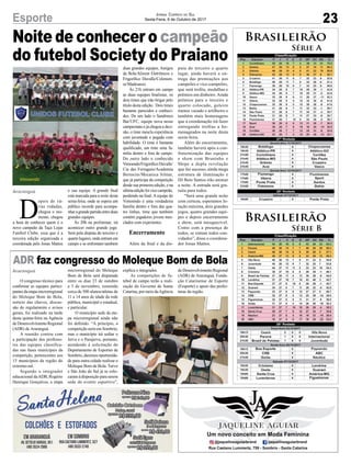 Noite de conhecer o campeão
do futebol Society do Praiano
Araranguá
Araranguá
O congresso técnico para
confirmar as equipes partici-
pantesdaetapamicrorregional
do Moleque Bom de Bola,
sorteio das chaves, discus-
são do regulamento e avisos
gerais, foi realizado na tarde
desta quinta-feira na Agência
de Desenvolvimento Regional
(ADR) de Araranguá.
A reunião contou com
a participação dos professo-
res das equipes classifica-
das nas fases municipais da
competição, pertencentes aos
15 municípios da região do
extremo-sul.
Segundo o integrador
educacional daADR, Rogério
Henrique Gonçalves, a etapa
D
epois de vá-
rias rodadas,
chegou o mo-
mento, chegou
a hora de conhecer quem é o
novo campeão da Taça Lojas
Futebol Clube, essa que é a
terceira edição organizada e
coordenada pelo Jonas Mattos
Brasileirão
Série A
Brasileirão
Série B
23Esporte
microrregional do Moleque
Bom de Bola será disputada
entre os dias 23 de outubro
a 3 de novembro, reunindo
cerca de 500 alunos/atletas de
11 a 14 anos de idade da rede
pública, municipal e estadual,
e particular.
O município sede da eta-
pa microrregional ainda não
foi definido. “A princípio, a
competição seria em Sombrio,
mas o município irá sediar o
Jerva e o Parajerva, portanto,
atendendo à solicitação do
Departamento de Esportes de
Sombrio,daremosoportunida-
de para outra cidade realizar o
Moleque Bom de Bola. Turvo
e São João do Sul já se colo-
caram à disposição para serem
sede do evento esportivo”,
ADR faz congresso do Moleque Bom de Bola
e sua equipe. A grande final
está marcada para a noite desta
sexta-feira, onde se espera um
público recorde para acompa-
nharagrandepartidaentreduas
grandes equipes.
Às 20h na preliminar, irá
acontecer outro grande jogo.
Será pela disputa do terceiro e
quartolugares,ondeentramem
campo e se enfrentam também
duas grandes equipes, Amigos
da Bola/Alisson Eletrônicos x
Frigorífico Duvalle/Colonien-
se/Madesasso.
Às 21h entram em campo
as duas equipes finalistas, os
dois times que irão brigar pelo
título desta edição. Dois times
bastante parecidos e conheci-
dos. De um lado o Sandrinos
Bar/UFC, equipe nova nesse
campeonato e já chegou a deci-
são, o time mescla experiência
com juventude e pegada com
habilidade. O time é bastante
qualificado, um time uma fa-
mília dentro e fora de campo.
Do outro lado o conhecido
Vimoendo/FrigoríficoDuvalle/
Cia das Ferragens/Academia
Bertocini/Mecanica Silmar,
que já participa da competição
desde sua primeira edição, e na
ultimaediçãofoivicecampeão,
perdendo na final. A equipe do
Vimoendo é uma verdadeira
família dentro e fora das qua-
tro linhas, time que também
contém jogadores jovens mes-
clados com experientes.
Encerramento
Além da final e da dis-
puta do terceiro e quarto
lugar, ainda haverá a en-
trega das premiações aos
campeões e vice-campeões,
que será troféu, medalhas e
prêmios em dinheiro.Ainda
prêmios para o terceiro e
quarto colocado, goleiro
menos vazado e artilheiro e
também mais homenagens
que a coordenação irá fazer
entregando troféus a ho-
menageados na noite desta
sexta-feira.
Além do encerramento,
também haverá após a con-
fraternização das equipes
e show com Bruninho e
Shipe a dupla revelação
que faz sucesso, ainda mega
estrutura de iluminação e
DJ Beto Santos irão animar
a noite. A entrada será gra-
tuita para todos.
“Será uma grande noite
com certeza, esperamos lo-
tação máxima, dois grandes
jogos, quatro grandes equi-
pes e depois encerramento
e show, será inesquecível.
Conto com a presença de
todos, se sintam todos con-
vidados”, disse o coordena-
dor Jonas Mattos.
Jornal Correio do Sul
Sexta-Feira, 6 de Outubro de 2017
explica o integrador.
As competições de fu-
tebol de campo terão a reali-
zação do Governo de Santa
Catarina, por meio daAgência
de Desenvolvimento Regional
(ADR) de Araranguá, Funda-
ção Catarinense de Esporte
(Fesporte) e apoio das prefei-
turas da região.
 