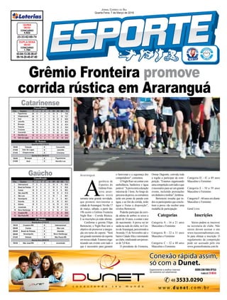 Grêmio Fronteira promove
corrida rústica em Araranguá
Araranguá
03-04-13-30-36-47
09-16-20-40-47-50
CONCURSO
1.764
DUPLA SENA
06/03
23-33-42-68-74
CONCURSO
4.622
QUINA
06/03
JORNAL CORREIO DO SUL
Quarta-Feira, 7 de Março de 2018
A
gerência de
Esportes do
GrêmioFron-
teira anun-
ciou nesta
semana uma grande novidade,
que promete movimentar a
cidade deAraranguá. No dia 17
de março, sábado, a partir das
19h ocorre o Grêmio Fronteira
Night Run – Corrida Rústica.
E as inscrições já estão abertas.
Conforme o gerente Filipe
Bertoncini, o Night Run tem o
objetivo de promover a integra-
ção em torno do esporte. "Será
um grande momento do esporte
emnossacidade.Estamosorga-
nizando um evento com tudo o
que é necessário para garantir
o bem-estar e a segurança dos
competidores", comentou.
ONightRunvaicontarcom
ambulância, banheiros e água
potável."Aprovateráaduração
máxima de 1 hora.Ao longo do
percursodaprova,oscorredores
terão um ponto de parada com
água, e ao ﬁm da corrida, terão
água e frutas a disposição",
revelou Bertoncini.
Poderão participar da corri-
da atletas de ambos os sexos a
partir de 16 anos, a contar o ano
do nascimento. A prova vai ter
saída na sede do clube, no Cen-
trodeAraranguá,percorrendoa
Avenida 15 de Novembro até o
bairro CidadeAlta e retornando
aoclube,totalizandoumpercur-
so de 5,0 Km.
O presidente do Fronteira,
Gaúcho
Catarinense
Osmar Dagostin, convida toda
a região a participar da com-
petição. "Estamos organizando
umacompetiçãocomtudooque
é necessário para ser um grande
evento, incluindo premiações
emdinheiroetroféus",lembrou.
Bertoncini ressalta que to-
dososparticipantesqueconclu-
írem a prova vão receber uma
medalha de participação.
Categorias
Categoria A - 16 a 21 anos
Masculino e Feminino
Categoria B - 22 a 31 anos
Masculno e Feminino
Categoria C - 32 a 40 anos
Masculino e Feminino
Categoria D - 41 a 49 anos
Masculino e Feminino
Categoria E - 50 a 59 anos
Masculino e Feminino
CategoriaF-60anosemdiante
Masculino e Feminino
Geral Livre
Inscrições
Sócios podem se inscrever
na secretaria do clube. Não
sócios devem acessar o site
www.riscozeroadventure.com.
br para efetuar a inscrição. O
regulamento da competição
pode ser acessado pelo site
www.gremiofronteira.com.br.
 