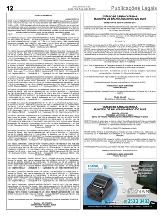 12 Publicações LegaisJornal Correio do Sul
Quinta-Feira, 7 de Junho de 2018
EDITAL DE INTIMAÇÃO
............................................................................................................ ARLINDOEDÍLIODA
ROSA, Titular do TABELIONATO DE NOTAS E PROTESTOS DE TÍTULOS desta Comarca de Sombrio,
situado na Av. Nereu Ramos, 1300 - Fone (48) 3533-0318 - CEP 88960-000, atendimento das 08:00h -
12:00h e 14:00h - 18:00h, faz saber na forma da Lei aos que o presente EDITAL virem, que se encontram
nesse tabelionato para serem protestados, decorrido o prazo legal de 03 (três) dias úteis, por não terem
sido encontrados nos endereços fornecidos, ou por se recusarem a tomar conhecimento, os títulos cujos
responsáveis estão abaixo discriminados. Ficam esclarecidos, também, de que nesse mesmo prazo
poderão apresentar resposta escrita, que não impedirá a lavratura do protesto.
PROT........................................................ APRESENTANTE / CNPJ DEVEDOR / CNPJ
Prot: 168749; Devedor(es): CATIA CRISTIANI FERRARI DA ROSA - 044.922.149-09, End: Br 101 Km
441, S/N, Sombrio; Tip: Normal; Mot: Falta de pagamento; Ced: PURO CHARME MODAS LTDA ME;
Sac: PURO CHARME MODAS LTDA ME; Tit: 1 ; Apr: FCDL; VEN: 22/08/2017; Esp: Duplicata Venda
Mercantil por Indicação; Val: R$ 860,00 + Juros Legais (1% a.m.); Emol.: R$ 83,67. Apontamento R$
17,00 - Selo R$ 1,90 - Distribuição R$ 0,00 - Diligência R$ 52,20 - Condução R$ 14,47 - Digitalização
R$ 0,00- Total Emolumentos R$ 83,67.
Prot: 168162; Devedor(es): DIONLENO BORGES DA SILVA - 082.044.279-80, End: Estrada Geral, 547,
Sombrio; Tip: Normal; Mot: Falta de pagamento; Ced: DB S.A COM DE MOVEIS E ELET. BERLANDA;
Sac: DB S.A COM DE MOVEIS E ELET. BERLANDA; Tit: 20388/09 ; Apr: DB S.A COMERCIO DE
MOVEIS E ELETRODOMEST; VEN: 28/02/2017; Esp: Duplicata Venda Mercantil por Indicação; Val: R$
1.187,10 + Juros Legais (1% a.m.); Emol.: R$ 88,97. Apontamento R$ 17,00 - Selo R$ 1,90 - Distribuição
R$ 0,00 - Diligência R$ 52,20 - Condução R$ 19,77 - Digitalização R$ 0,00- Total Emolumentos R$ 88,97.
Prot: 168167; Devedor(es): DOLIZZETI DOS SANTOS MERENCIO - 069.720.009-47, End: Estrada Geral,
36, Sombrio;Tip: Normal; Mot: Falta de pagamento; Ced: DB S.ACOM DE MOVEIS E ELET. BERLANDA;
Sac: DB S.A COM DE MOVEIS E ELET. BERLANDA; Tit: 131917/06 ; Apr: DB S.A COMERCIO DE
MOVEIS E ELETRODOMEST; VEN: 11/10/2015; Esp: Duplicata Venda Mercantil por Indicação; Val: R$
426,00 + Juros Legais (1% a.m.); Emol.: R$ 88,97.Apontamento R$ 17,00 - Selo R$ 1,90 - Distribuição R$
0,00 - Diligência R$ 52,20 - Condução R$ 19,77 - Digitalização R$ 0,00- Total Emolumentos R$ 88,97.
Prot: 168170; Devedor(es): DOLIZZETI DOS SANTOS MERENCIO - 069.720.009-47, End: Estrada Geral,
36, Sombrio;Tip: Normal; Mot: Falta de pagamento; Ced: DB S.ACOM DE MOVEIS E ELET. BERLANDA;
Sac: DB S.A COM DE MOVEIS E ELET. BERLANDA; Tit: 141456/08 ; Apr: DB S.A COMERCIO DE
MOVEIS E ELETRODOMEST; VEN: 13/12/2015; Esp: Duplicata Venda Mercantil por Indicação; Val: R$
1.120,00 + Juros Legais (1% a.m.); Emol.: R$ 88,97. Apontamento R$ 17,00 - Selo R$ 1,90 - Distribuição
R$ 0,00 - Diligência R$ 52,20 - Condução R$ 19,77 - Digitalização R$ 0,00- Total Emolumentos R$ 88,97.
Prot: 168320; Devedor(es): EDIVANIO COLARES PEREIRA - 064.025.299-07, End: Estrada Geral, 160,
Sombrio; Tip: Normal; Mot: Falta de pagamento; Ced: DB S.A COM DE MOVEIS E ELET. BERLANDA;
Sac: DB S.ACOM DE MOVEIS E ELET. BERLANDA; Tit: 1854/10 ;Apr: DB S.ACOMERCIO DE MOVEIS
E ELETRODOMEST; VEN: 01/05/2017; Esp: Duplicata Venda Mercantil por Indicação; Val: R$ 406,80
+ Juros Legais (1% a.m.); Emol.: R$ 88,97. Apontamento R$ 17,00 - Selo R$ 1,90 - Distribuição R$
0,00 - Diligência R$ 52,20 - Condução R$ 19,77 - Digitalização R$ 0,00- Total Emolumentos R$ 88,97.
Prot: 168368; Devedor(es): ELISANGELAMATOS - 074.454.559-57, End: Rua Rodolfo Martiliano Santos,
99, Sombrio;Tip: Normal; Mot: Falta de pagamento; Ced: DB S.ACOM DE MOVEIS E ELET. BERLANDA;
Sac: DB S.A COM DE MOVEIS E ELET. BERLANDA; Tit: 128635/01 ; Apr: DB S.A COMERCIO DE
MOVEIS E ELETRODOMEST; VEN: 16/05/2015; Esp: Duplicata Venda Mercantil por Indicação; Val: R$
75,55 + Juros Legais (1% a.m.); Emol.: R$ 67,56. Apontamento R$ 17,00 - Selo R$ 1,90 - Distribuição R$
0,00 - Diligência R$ 34,00 - Condução R$ 16,56 - Digitalização R$ 0,00- Total Emolumentos R$ 67,56.
Prot: 168377; Devedor(es): FABIANADASILVADE GUIMARAES DABOIT - 005.997.599-76, End: Estrada
Geral Concon, 95, Sombrio; Tip: Normal; Mot: Falta de pagamento; Ced: DB S.A COM DE MOVEIS
E ELET. BERLANDA; Sac: DB S.A COM DE MOVEIS E ELET. BERLANDA; Tit: 188135/01 ; Apr: DB
S.A COMERCIO DE MOVEIS E ELETRODOMEST; VEN: 20/01/2017; Esp: Duplicata Venda Mercantil
por Indicação; Val: R$ 166,00 + Juros Legais (1% a.m.); Emol.: R$ 58,08. Apontamento R$ 17,00 - Selo
R$ 1,90 - Distribuição R$ 0,00 - Diligência R$ 34,00 - Condução R$ 7,08 - Digitalização R$ 0,00- Total
Emolumentos R$ 58,08.
Prot: 168270; Devedor(es): JOSE ESPINDOLA DOS SANTOS - 907.127.659-72, End: Rod. Br 101, 431,
Sombrio; Tip: Normal; Mot: Falta de pagamento; Ced: DB S.A COM DE MOVEIS E ELET. BERLANDA;
Sac: DB S.A COM DE MOVEIS E ELET. BERLANDA; Tit: 284992/9 ; Apr: DB S.A COMERCIO DE
MOVEIS E ELETRODOMEST; VEN: 28/06/2017; Esp: Duplicata Venda Mercantil por Indicação; Val: R$
1.889,10 + Juros Legais (1% a.m.); Emol.: R$ 67,56. Apontamento R$ 17,00 - Selo R$ 1,90 - Distribuição
R$ 0,00 - Diligência R$ 34,00 - Condução R$ 16,56 - Digitalização R$ 0,00- Total Emolumentos R$ 67,56.
Prot: 168302; Devedor(es): OZAIR DA ROSA PEREIRA JUNIOR - 097.469.509-24, End: Rua João
Venancio Cardoso, 10, Sombrio; Tip: Normal; Mot: Falta de pagamento; Ced: DB S.ACOM DE MOVEIS
E ELET. BERLANDA; Sac: DB S.A COM DE MOVEIS E ELET. BERLANDA; Tit: 28126/9 ; Apr: DB S.A
COMERCIO DE MOVEIS E ELETRODOMEST; VEN: 10/02/2018; Esp: Duplicata Venda Mercantil por
Indicação; Val: R$ 495,00 + Juros Legais (1% a.m.); Emol.: R$ 88,97. Apontamento R$ 17,00 - Selo R$
1,90 - Distribuição R$ 0,00 - Diligência R$ 52,20 - Condução R$ 19,77 - Digitalização R$ 0,00- Total
Emolumentos R$ 88,97.
Prot: 168155; Devedor(es): SANDRO RIBEIRO DA LUZ - 079.966.339-59, End: Estrada Geral, S/N,
Sombrio; Tip: Normal; Mot: Falta de pagamento; Ced: DB S.A COM DE MOVEIS E ELET. BERLANDA;
Sac: DB S.A COM DE MOVEIS E ELET. BERLANDA; Tit: 25270/04 ; Apr: DB S.A COMERCIO DE
MOVEIS E ELETRODOMEST; VEN: 15/09/2017; Esp: Duplicata Venda Mercantil por Indicação; Val: R$
747,60 + Juros Legais (1% a.m.); Emol.: R$ 88,97.Apontamento R$ 17,00 - Selo R$ 1,90 - Distribuição R$
0,00 - Diligência R$ 52,20 - Condução R$ 19,77 - Digitalização R$ 0,00- Total Emolumentos R$ 88,97.
Prot: 168171; Devedor(es): SIMONE APARECIDA IZIDORO - 039.609.299-35, End: Estrada Geral, 01,
Sombrio; Tip: Normal; Mot: Falta de pagamento; Ced: DB S.A COM DE MOVEIS E ELET. BERLANDA;
Sac: DB S.A COM DE MOVEIS E ELET. BERLANDA; Tit: 29195/08 ; Apr: DB S.A COMERCIO DE
MOVEIS E ELETRODOMEST; VEN: 10/04/2018; Esp: Duplicata Venda Mercantil por Indicação; Val: R$
372,00 + Juros Legais (1% a.m.); Emol.: R$ 85,76.Apontamento R$ 17,00 - Selo R$ 1,90 - Distribuição R$
0,00 - Diligência R$ 52,20 - Condução R$ 16,56 - Digitalização R$ 0,00- Total Emolumentos R$ 85,76.
Prot: 168220; Devedor(es): WAGNER MARQUES PATRICIO - 084.978.539-11, End: Rua Januario
Manoel Borges, 149, Sombrio; Tip: Normal; Mot: Falta de pagamento; Ced: DB S.A COM DE MOVEIS
E ELET. BERLANDA; Sac: DB S.A COM DE MOVEIS E ELET. BERLANDA; Tit: 27181/10 ; Apr: DB S.A
COMERCIO DE MOVEIS E ELETRODOMEST; VEN: 17/01/2018; Esp: Duplicata Venda Mercantil por
Indicação; Val: R$ 1.195,00 + Juros Legais (1% a.m.); Emol.: R$ 88,97. Apontamento R$ 17,00 - Selo
R$ 1,90 - Distribuição R$ 0,00 - Diligência R$ 52,20 - Condução R$ 19,77 - Digitalização R$ 0,00- Total
Emolumentos R$ 88,97.
Certifico, para os devidos fins, que o presente edital foi afixado no mural da serventia em: 07/06/2018.
Sombrio - SC, 07/06/2018
ARLI ANTONIO SOUZA DA ROSA
Escrevente Substituto
ESTADO DE SANTA CATARINA
MUNICÍPIO DE BALNEÁRIO ARROIO DO SILVA
DECRETO Nº 72, DE 04 DE JUNHODE 2018.
EXONERA DO CARGO DE PROVIMENTO EM COMISSÃO DE DIRETOR DE DEPARTAMENTO DE
CONTROLE DE ESTOQUE DE MEDICAMENTOS, A SENHORA CARLA GORETTE ANDREOLLA, E
DÁ OUTRAS PROVIDÊNCIAS.
JUSCELINO DASILVAGUIMARÃES,PREFEITO MUNICIPALDE BALNEÁRIOARROIO DO SILVA,no uso
das atribuições legais conferidas no disposto nos Incisos I, II, XXII e XXVI, do Artigo 58, da Lei Orgânica
do Município,
D E C R E T A:
Art. 1º Fica exonerada, a partir de 04de junho de 2018, a Senhora CARLA GORETTE ANDREOLLA,
brasileira, maior,em união estável, nascida em 18 de janeiro de 1973, portadora do RG nº 8051159336 -
SSP/RS, inscrita no Cadastro das Pessoas Físicas do Ministério da Fazenda - CPF sob o n° 622.610.700-
63, matrícula nº 5.968, do Cargo de Provimento em Comissão de Diretor de Departamento de Controle
de Estoque de Medicamentos, vinculado à Secretaria de Saúde, do Poder Executivo Municipal, com
admissão em 06 de abril de 2018, para o qual fora nomeada através do Decreto Municipal nº 52/2018.
Parágrafo único.Aocupante do Cargo de Provimento em Comissão ora exonerada, apresentará Declaração
de Bens, em conformidade com as disposições constantes na Instrução Normativa do Tribunal de Contas
do Estado de Santa Catarina nº TC-02/2006.
Art. 2º Fica o Departamento de Pessoal encarregado de proceder às anotações e os procedimentos
administrativos que se façam necessários ao cumprimento do presente.
Art. 3º As despesas decorrentes deste Decreto, correrão à conta das dotações orçamentárias
correspondentes e constantes da Lei Orçamentária vigente.
Art. 4º Este Decreto entra em vigor na data da sua publicação, produzindo seus efeitos a partir de 04 de
junho de 2018.
Prefeitura Municipal de Balneário Arroio do Silva, em 04 de junho de 2018.
JUSCELINO DA SILVA GUIMARÃES
Prefeito Municipal
Registrado e Publicado o presente Decreto na Secretaria de Administração e Finanças, em 04 de junho
de 2018.
FELIPE KELLER
Secretário de Administração e Finanças
ESTADO DE SANTA CATARINA
MUNICÍPIO DE BALNEÁRIO ARROIO DO SILVA
AVISO DE LICITAÇÃO
PROCESSO LICITATÓRIO Nº 52/2018
EDITAL DO PREGÃO PRESENCIAL PARA REGISTRO DE PREÇO Nº 26/2018
OBJETO: Registro de preços para a possível e futura “Aquisição parcelada de tintas para sinalização
viária para a manutenção das Ruas e Avenidas do Município de Balneário Arroio do Silva/SC, conforme
quantitativos e especificações contidas no Anexo I do Edital”.
TIPO DE JULGAMENTO: Menor preço por item.
REGIME LEGAL: Mediante as especificações e condições previstas no Edital, sob a regência da Lei
10.520/2002, Lei nº 8.666/1993 e suas alterações, e Lei Complementar nº 123/2006, e posteriores
alterações.
ABERTURA DOS ENVELOPES: Iniciará às 14h00min, do dia 20 de junho de 2018, na Sala de Reuniões,
na Sede da Prefeitura Municipal, situada na Avenida Santa Catarina, nº 1122, Centro, na Cidade de
Balneário Arroio do Silva/SC.
INFORMAÇÕES: Pessoalmente ou pelo telefone: (48) 3526-1445. E-mail: licitacao@arroiodosilva.sc.gov.br.
Balneário Arroio do Silva/SC, 06 de junho de 2018.
JUSCELINO DA SILVA GUIMARÃES
Prefeito Municipal
 