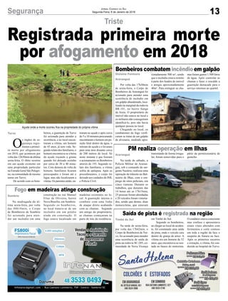 13Segurança Jornal Correio do Sul
Segunda-Feira, 8 de Janeiro de 2018
Açude onde a morte ocorreu fica na propriedade do própria vítima
Bombeiros combatem incêndio em galpão
Fogo em madeiras atinge construção
Saída de pista é registrada na região
PM realiza operação em Ilhas
Por volta das 17h30min
de sexta-feira, o Corpo de
Bombeiros de Araranguá foi
acionado para atender uma
ocorrência de incêndio em
um galpão abandonado, loca-
lizado na marginal da rodovia
BR-101, no bairro Sanga
da Areia. O proprietário do
imóvel não estava no local e
os militares não conseguiram
identificá-lo, pois não havia
qualquer pessoa no local.
Chegando no local, os
combatentes do fogo verifi-
caram se tratar de um galpão
de alvenaria, medindo apro-
Na madrugada da úl-
tima sexta-feira, por volta
das 04h18min, o Corpo
de Bombeiros de Sombrio
foi acionado para aten-
der um incêndio em uma
Na tarde de sexta-feira,
por volta das 17h42min, o
Corpo de Bombeiros de Tur-
vo, foi acionado para atender
uma ocorrência de saída de
pista na rodovia SC-285, co-
munidade de Nova Vicença
Na tarde de sábado, a
Polícia Militar de Araran-
guá, sob o comando do sar-
gento Nazário, realizou uma
operação de trânsito no Bal-
neário de Ilhas, com o em-
prego de oitos policiais, em
cinco viaturas. Durante os
trabalhos, que duraram das
14 horas até as 17h15min,
25 pessoas foram abordadas
e 20 veículos foram vistoria-
dos, sendo que destes, duas
motocicletas, que estavam
O
s órgãos de se-
gurança regis-
traram a primei-
ra morte por afogamento
em 2018, que aconteceu por
volta das 12h30min da última
sexta-feira. O óbito ocorreu
em um açude existente em
uma propriedade particular
na Estrada Geral São Pelegri-
no, na comunidade de mesmo
nome em Turvo.
De acordo com os bom-
ximadamente 500 m², sendo
que o incêndio estava restrito
à parte dos fundos do imóvel
e atingiu aproximadamente
40m². Para extinguir as cha-
construção na rua Manuel
Elias de Oliveira, bairro
Nova Brasília, em Sombrio.
Segundo os bombeiros,
no local tratava-se de um
incêndio em um prédio
ainda em construção. O
fogo estava localizado em em Timbé do Sul.
Segundo os bombeiros,
ao chegar ao local do aciden-
te, foi constatado uma saída
de pista, onde o veículo caiu
dentro de granja de arroz. A
vítima era um homem de 52
anos, que encontrava-se sen-
tada no banco do motorista.
transitando de forma irregu-
lar, foram removidas para o
beiros, a guarnição de Turvo
foi acionada para atender a
ocorrência, e no local encon-
traram a vítima, um homem
de 45 anos, já sem vida. Se-
gundo relato dos familiares, o
homem encontrava-se a beira
do açude roçando a grama
quando foi deixado sozinho
por cerca de 30 a 40 minu-
tos. Com demora da volta do
homem, familiares ficaram
preocupados e foram até o
lugar, mas não localizaram a
vítima. Os parentes então, en-
mas foram gastos 1.500 litros
de água. Após controlar as
chamas e fazer o rescaldo a
guarnição destacada para o
serviço retornou ao quartel.
madeiras existentes no lo-
cal. A guarnição iniciou o
combate com uma linha
de ataque direto acabando
com as chamas. Segundo
um amigo do proprietário,
as chamas começaram na
parte de trás da residência. O condutor estava consciente
mas confuso e apresentava
sinais vitais alterados com
ferimentos e corte contuso
em toda a região da face e
suspeita de fratura na face.
Após os primeiros socorros
e extração, a vítima, foi con-
duzido ao hospital de Turvo.
pátio da permissionária de
guincho.
traram no açude e após cerca
de 5 a 10 minutos procurando
encontraram o homem em po-
sição fetal dentro da água, o
retiram do açude e o levaram
para uma área distante cerca
de 200 metros do local. Só
neste instante é que fizeram
o acionamento os Bombeiros
através do 193. Segundo re-
lato dos familiares, a vítima
sofria de epilepsia. Após os
procedimentos, o corpo foi
deixado aos cuidados do IML
e Polícia Civil.
Gislaine Fontoura
Araranguá
Sombrio
Timbé do Sul
Araranguá
Turvo
Triste
Registrada primeira morte
por afogamento em 2018
 