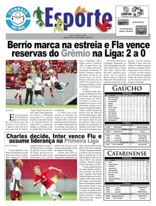 Berrío marca na estreia e Fla vence
reservas do Grêmio na Liga: 2 a 0
Charles decide, Inter vence Flu e
assume liderança na Primeira Liga
Jornal Correio do Sul
Quinta-Feira, 9 de Fevereiro de 2017
Gaúcho
Catarinense
Brasília
Porto Alegre
O Inter dominou o time
misto do Fluminense na noite
desta quarta-feira, no Beira-
-Rio, e venceu por 1 a 0 pela
segunda rodada do Grupo A
da Primeira Liga. O destaque
da noite foi o jovem colora-
do Charles, que está em sua
temporada de estreia como
profissional e fez o gol da
E
ra um teste mais
forte do Flamen-
go de Zé Ricar-
do e de elenco para um
Grêmio só de reservas.
E quem se deu bem foi a
força máxima do Rubro-
-Negro. Depois de três vitó-
rias contra times pequenos
no Carioca, o Flamengo
venceu por 2 a 0 - gols de
Everton, no primeiro tempo
e do estreante Berrío, na
etapa final - na estreia das
equipes na Primeira Liga,
no estádio Mané Garrincha,
partida. Aos 20 anos, ele já
começa a abrir espaço no time
de Antônio Carlos Zago.
O Inter soma 100% de
aproveitamentonacompetição
eagoralideraisoladamentesua
em Brasília.
A vitória isola o Fla-
mengo na liderança do
grupo B da competição
- América-MG e Ceará em-
pataram em Belo Horizonte,
no estádio Independência.
Em partida antecipada da
terceira rodada da Primeira
Liga, o Flamengo volta a
campo contra o América-
-MG, na quarta-feira, dia
16, no estádio Bezerrão,
novamente em Brasília. O
Grêmio enfrenta o mesmo
adversário no dia 22, em
Porto Alegre, na Arena.
Partida marcada para as
19h30. No mesmo dia, o
Flamengo enfrenta o Ceará,
no Castelão, em Fortaleza.
O jogo
A primeira etapa apre-
sentou o Flamengo em cima
do Grêmio, que esperava o
contra-ataque. No talento
de Diego e Trauco e na
explosão de Everton o time
de Zé abriu o placar, aos 42
minutos do primeiro tempo.
Antes, a melhor chance da
partida saiu em falha do
goleiro Bruno Grassi. Após
cruzamento de Mancuello,
ele largou a bola nos pés
de Guerrero. Mas a recu-
peração foi espetacular, ao
defender com os pés o chute
do peruano na pequena área.
chave,comseispontosemdois
jogos. O Flu fica em segundo,
comtrês.Osgaúchosencerram
a primeira fase da Primeira
Liga no próximo dia 23, em
Santa Catarina, contra o Crici-
úma, às 20h15. Já os cariocas
recebem o Brasil de Pelotas
no dia 1º de março, às 19h30.
As duas equipes entraram
em campo bastante modifica-
das em relação aos últimos
jogos. Enquanto Abel Braga
mudousetepeçasemseutime,
Antônio Carlos Zago escalou
três volantes e deu mais liber-
dadeaD'AlessandroeValdívia
para avançar. Assim, o Inter
comandou as ações no primei-
ro tempo. Na melhor chance
carioca,Osvaldotromboucom
Danilo Fernandes, o árbitro
nada marcou, mas o atacante
finalizou para fora.
O Grêmio ameaçou o
Flamengo, finalmente, no
início da segunda etapa. Bo-
laños fintou Pará e chutou
forte. Mas o goleiro Alex
Muralha espalmou para
córner. Aos 16 minutos,
Berrío entrou no lugar de
Mancuello. Mas quem criou
outra boa chance foi o time
gaúcho. Everton obrigou
Muralha a fazer outra boa
defesa. No melhor momento
gremista, o estreante do Fla-
mengo aproveitou a chance
e aliviou os rubro-negros
aos 32 minutos do segundo
tempo. De cabeça e de rebo-
te, ele colocou no canto: 2 a
0 para o Flamengo.
05-20-53-56-78CONCURSO
4.305
QUINA 07/02
13-15-34-36-45-50
05-08-11-22-49-50 CONCURSO
1.605
DUPLA SENA
07/02
 