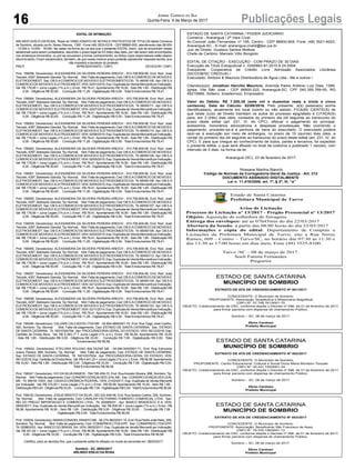 16 Publicações LegaisJornal Correio do Sul
Quinta-Feira, 9 de Março de 2017
EDITAL DE INTIMAÇÃO
ARLINDO EDÍLIO DAROSA, Titular do TABELIONATO DE NOTAS E PROTESTOS DE TÍTULOS desta Comarca
de Sombrio, situado na Av. Nereu Ramos, 1300 - Fone (48) 3533-0318 - CEP 88960-000, atendimento das 08:00h
- 12:00h e 14:00h - 18:00h, faz saber na forma da Lei aos que o presente EDITAL virem, que se encontram nesse
tabelionato para serem protestados, decorrido o prazo legal de 03 (três) dias úteis, por não terem sido encontrados
nos endereços fornecidos, ou por se recusarem a tomar conhecimento, os títulos cujos responsáveis estão abaixo
discriminados. Ficam esclarecidos, também, de que nesse mesmo prazo poderão apresentar resposta escrita, que
não impedirá a lavratura do protesto.
PROT. APRESENTANTE / CNPJ DEVEDOR / CNPJ
Prot: 156058; Devedor(es): ALEXSANDRA DA SILVEIRA PEREIRA KREICH - 910.706.609-06, End: Rod. José
Tiscoski, 4297, Balneario Gaivota;Tip: Normal; Mot: Falta de pagamento; Ced: DB S.ACOMERCIO DE MOVEIS E
ELETRODOMEST; Sac: DB S.ACOMERCIO DE MOVEIS E ELETRODOMESTICOS; Tit: 66550105 ;Apr: DB S.A
COMERCIO DE MOVEIS E ELETRODOMEST; VEN: 02/01/2015; Esp: Duplicata de Venda Mercantil por Indicação;
Val: R$ 178,90 + Juros Legais (1% a.m.); Emol.: R$ 78,41. Apontamento R$ 16,50 - Selo R$ 1,85 - Distribuição R$
0,00 - Diligência R$ 50,65 - Condução R$ 11,26 - Digitalização R$ 0,00- Total Emolumentos R$ 78,41.
Prot: 156064; Devedor(es): ALEXSANDRA DA SILVEIRA PEREIRA KREICH - 910.706.609-06, End: Rod. José
Tiscoski, 4297, Balneario Gaivota;Tip: Normal; Mot: Falta de pagamento; Ced: DB S.ACOMERCIO DE MOVEIS E
ELETRODOMEST; Sac: DB S.ACOMERCIO DE MOVEIS E ELETRODOMESTICOS; Tit: 66550111 ;Apr: DB S.A
COMERCIO DE MOVEIS E ELETRODOMEST; VEN: 02/07/2015; Esp: Duplicata de Venda Mercantil por Indicação;
Val: R$ 178,90 + Juros Legais (1% a.m.); Emol.: R$ 78,41. Apontamento R$ 16,50 - Selo R$ 1,85 - Distribuição R$
0,00 - Diligência R$ 50,65 - Condução R$ 11,26 - Digitalização R$ 0,00- Total Emolumentos R$ 78,41.
Prot: 156063; Devedor(es): ALEXSANDRA DA SILVEIRA PEREIRA KREICH - 910.706.609-06, End: Rod. José
Tiscoski, 4297, Balneario Gaivota;Tip: Normal; Mot: Falta de pagamento; Ced: DB S.ACOMERCIO DE MOVEIS E
ELETRODOMEST; Sac: DB S.ACOMERCIO DE MOVEIS E ELETRODOMESTICOS; Tit: 66550110 ;Apr: DB S.A
COMERCIO DE MOVEIS E ELETRODOMEST; VEN: 02/06/2015; Esp: Duplicata de Venda Mercantil por Indicação;
Val: R$ 178,90 + Juros Legais (1% a.m.); Emol.: R$ 78,41. Apontamento R$ 16,50 - Selo R$ 1,85 - Distribuição R$
0,00 - Diligência R$ 50,65 - Condução R$ 11,26 - Digitalização R$ 0,00- Total Emolumentos R$ 78,41.
Prot: 156062; Devedor(es): ALEXSANDRA DA SILVEIRA PEREIRA KREICH - 910.706.609-06, End: Rod. José
Tiscoski, 4297, Balneario Gaivota;Tip: Normal; Mot: Falta de pagamento; Ced: DB S.ACOMERCIO DE MOVEIS E
ELETRODOMEST; Sac: DB S.ACOMERCIO DE MOVEIS E ELETRODOMESTICOS; Tit: 66550109 ;Apr: DB S.A
COMERCIO DE MOVEIS E ELETRODOMEST; VEN: 02/05/2015; Esp: Duplicata de Venda Mercantil por Indicação;
Val: R$ 178,90 + Juros Legais (1% a.m.); Emol.: R$ 78,41. Apontamento R$ 16,50 - Selo R$ 1,85 - Distribuição R$
0,00 - Diligência R$ 50,65 - Condução R$ 11,26 - Digitalização R$ 0,00- Total Emolumentos R$ 78,41.
Prot: 156061; Devedor(es): ALEXSANDRA DA SILVEIRA PEREIRA KREICH - 910.706.609-06, End: Rod. José
Tiscoski, 4297, Balneario Gaivota;Tip: Normal; Mot: Falta de pagamento; Ced: DB S.ACOMERCIO DE MOVEIS E
ELETRODOMEST; Sac: DB S.ACOMERCIO DE MOVEIS E ELETRODOMESTICOS; Tit: 66550108 ;Apr: DB S.A
COMERCIO DE MOVEIS E ELETRODOMEST; VEN: 02/04/2015; Esp: Duplicata de Venda Mercantil por Indicação;
Val: R$ 178,90 + Juros Legais (1% a.m.); Emol.: R$ 78,41. Apontamento R$ 16,50 - Selo R$ 1,85 - Distribuição R$
0,00 - Diligência R$ 50,65 - Condução R$ 11,26 - Digitalização R$ 0,00- Total Emolumentos R$ 78,41.
Prot: 156060; Devedor(es): ALEXSANDRA DA SILVEIRA PEREIRA KREICH - 910.706.609-06, End: Rod. José
Tiscoski, 4297, Balneario Gaivota;Tip: Normal; Mot: Falta de pagamento; Ced: DB S.ACOMERCIO DE MOVEIS E
ELETRODOMEST; Sac: DB S.ACOMERCIO DE MOVEIS E ELETRODOMESTICOS; Tit: 66550107 ;Apr: DB S.A
COMERCIO DE MOVEIS E ELETRODOMEST; VEN: 02/03/2015; Esp: Duplicata de Venda Mercantil por Indicação;
Val: R$ 178,90 + Juros Legais (1% a.m.); Emol.: R$ 78,41. Apontamento R$ 16,50 - Selo R$ 1,85 - Distribuição R$
0,00 - Diligência R$ 50,65 - Condução R$ 11,26 - Digitalização R$ 0,00- Total Emolumentos R$ 78,41.
Prot: 156059; Devedor(es): ALEXSANDRA DA SILVEIRA PEREIRA KREICH - 910.706.609-06, End: Rod. José
Tiscoski, 4297, Balneario Gaivota;Tip: Normal; Mot: Falta de pagamento; Ced: DB S.ACOMERCIO DE MOVEIS E
ELETRODOMEST; Sac: DB S.ACOMERCIO DE MOVEIS E ELETRODOMESTICOS; Tit: 66550106 ;Apr: DB S.A
COMERCIO DE MOVEIS E ELETRODOMEST; VEN: 02/02/2015; Esp: Duplicata de Venda Mercantil por Indicação;
Val: R$ 178,90 + Juros Legais (1% a.m.); Emol.: R$ 78,41. Apontamento R$ 16,50 - Selo R$ 1,85 - Distribuição R$
0,00 - Diligência R$ 50,65 - Condução R$ 11,26 - Digitalização R$ 0,00- Total Emolumentos R$ 78,41.
Prot: 156065; Devedor(es): ALEXSANDRA DA SILVEIRA PEREIRA KREICH - 910.706.609-06, End: Rod. José
Tiscoski, 4297, Balneario Gaivota;Tip: Normal; Mot: Falta de pagamento; Ced: DB S.ACOMERCIO DE MOVEIS E
ELETRODOMEST; Sac: DB S.ACOMERCIO DE MOVEIS E ELETRODOMESTICOS; Tit: 66550112 ;Apr: DB S.A
COMERCIO DE MOVEIS E ELETRODOMEST; VEN: 02/08/2015; Esp: Duplicata de Venda Mercantil por Indicação;
Val: R$ 178,90 + Juros Legais (1% a.m.); Emol.: R$ 78,41. Apontamento R$ 16,50 - Selo R$ 1,85 - Distribuição R$
0,00 - Diligência R$ 50,65 - Condução R$ 11,26 - Digitalização R$ 0,00- Total Emolumentos R$ 78,41.
Prot: 156057; Devedor(es): ALEXSANDRA DA SILVEIRA PEREIRA KREICH - 910.706.609-06, End: Rod. José
Tiscoski, 4297, Balneario Gaivota;Tip: Normal; Mot: Falta de pagamento; Ced: DB S.ACOMERCIO DE MOVEIS E
ELETRODOMEST; Sac: DB S.ACOMERCIO DE MOVEIS E ELETRODOMESTICOS; Tit: 66550104 ;Apr: DB S.A
COMERCIO DE MOVEIS E ELETRODOMEST; VEN: 02/12/2014; Esp: Duplicata de Venda Mercantil por Indicação;
Val: R$ 178,90 + Juros Legais (1% a.m.); Emol.: R$ 78,41. Apontamento R$ 16,50 - Selo R$ 1,85 - Distribuição R$
0,00 - Diligência R$ 50,65 - Condução R$ 11,26 - Digitalização R$ 0,00- Total Emolumentos R$ 78,41.
Prot: 156056; Devedor(es): ALEXSANDRA DA SILVEIRA PEREIRA KREICH - 910.706.609-06, End: Rod. José
Tiscoski, 4297, Balneario Gaivota;Tip: Normal; Mot: Falta de pagamento; Ced: DB S.ACOMERCIO DE MOVEIS E
ELETRODOMEST; Sac: DB S.ACOMERCIO DE MOVEIS E ELETRODOMESTICOS; Tit: 66550103 ;Apr: DB S.A
COMERCIO DE MOVEIS E ELETRODOMEST; VEN: 02/11/2014; Esp: Duplicata de Venda Mercantil por Indicação;
Val: R$ 178,90 + Juros Legais (1% a.m.); Emol.: R$ 78,41. Apontamento R$ 16,50 - Selo R$ 1,85 - Distribuição R$
0,00 - Diligência R$ 50,65 - Condução R$ 11,26 - Digitalização R$ 0,00- Total Emolumentos R$ 78,41.
Prot: 156046; Devedor(es): CALZARI CALCADOS LTDA ME - 02.654.469/0001-70, End: Rua Tiago José Coelho,
520, Sombrio; Tip: Normal; Mot: Falta de pagamento; Ced: ESTADO DE SANTA CATARINA; Sac: ESTADO
DE SANTA CATARINA; Tit: 16010324794 ; Apr: PROCURADORIA-GERAL DO ESTADO; VEN: 06/12/2016; Esp:
Certidão de Dívida Ativa; Val: R$ 5.383,17 + Juros Legais (1% a.m.); Emol.: R$ 56,58. Apontamento R$ 16,50
- Selo R$ 1,85 - Distribuição R$ 0,00 - Diligência R$ 33,00 - Condução R$ 7,08 - Digitalização R$ 0,00- Total
Emolumentos R$ 56,58.
Prot: 156042; Devedor(es): ETELVIRA ROLDAO BALTAZAR ME - 04.484.545/0001-71, End: Rua Edmundo
Josino Pereira, 668, Sombrio; Tip: Normal; Mot: Falta de pagamento; Ced: ESTADO DE SANTA CATARINA;
Sac: ESTADO DE SANTA CATARINA; Tit: 16010337934 ; Apr: PROCURADORIA-GERAL DO ESTADO; VEN:
06/12/2016;Esp:CertidãodeDívidaAtiva; Val:R$4.441,20+JurosLegais(1%a.m.);Emol.:R$56,58.Apontamento
R$ 16,50 - Selo R$ 1,85 - Distribuição R$ 0,00 - Diligência R$ 33,00 - Condução R$ 7,08 - Digitalização R$ 0,00-
Total Emolumentos R$ 56,58.
Prot: 156047; Devedor(es): IVO DASILVARAMOS - 784.785.459-72, End: RuaAniceto Silveira, 899, Sombrio; Tip:
Normal; Mot:Faltadepagamento;Ced:LEANDROGONÇALVESLEALME; Sac:LEANDROGONÇALVESLEAL
ME; Tit: 5641B-1/003 ;Apr: CAIXAECONÔMICAFEDERAL; VEN: 21/02/2017; Esp: Duplicata de Venda Mercantil
por Indicação; Val: R$ 315,00 + Juros Legais (1% a.m.); Emol.: R$ 56,58. Apontamento R$ 16,50 - Selo R$ 1,85 -
DistribuiçãoR$0,00-DiligênciaR$33,00- ConduçãoR$7,08-DigitalizaçãoR$0,00- TotalEmolumentosR$56,58.
Prot: 156032; Devedor(es): JOSUE BRISTOT DASILVA- 053.324.649-08, End: Rua Santos Coelho, 294, Sombrio;
Tip: Normal; Mot: Falta de pagamento; Ced: CAVALER FACTORING FOMENTO COMERCIAL LTDA; Sac:
REI DO PREGO IMPORTACAO E COMERCIO LTDA; Tit: 200085/01 ; Apr: BANCO BRADESCO S A; VEN:
28/02/2017; Esp: Duplicata de Venda Mercantil por Indicação; Val: R$ 835,00 + Juros Legais (1% a.m.); Emol.: R$
56,58. Apontamento R$ 16,50 - Selo R$ 1,85 - Distribuição R$ 0,00 - Diligência R$ 33,00 - Condução R$ 7,08 -
Digitalização R$ 0,00- Total Emolumentos R$ 56,58.
Prot: 155504; Devedor(es): MARIADONADELPANATO ME - 06.274.962/0001-15, End: Rua Padre João Reitz, 209,
Sombrio; Tip: Normal; Mot: Falta de pagamento; Ced: COMAPREIS LTDA EPP; Sac: COMAPREIS LTDA EPP;
Tit: 029802/03 ; Apr: BANCO DO BRASIL SA; VEN: 06/02/2017; Esp: Duplicata de Venda Mercantil por Indicação;
Val: R$ 321,62 + Juros Legais (1% a.m.); Emol.: R$ 56,58. Apontamento R$ 16,50 - Selo R$ 1,85 - Distribuição R$
0,00 - Diligência R$ 33,00 - Condução R$ 7,08 - Digitalização R$ 0,00- Total Emolumentos R$ 56,58.
Certifico, para os devidos fins, que o presente edital foi afixado no mural da serventia em: 09/03/2017.
Sombrio - SC, 09/03/2017
ARLINDO EDÍLIO DA ROSA
ESTADO DE SANTA CATARINA / PODER JUDICIÁRIO
Comarca - Araranguá / 2ª Vara Cível
Av.Coronel João Fernandes, nº 195, Centro - CEP 88900-904, Fone: (48) 3521-6023,
Araranguá-SC - E-mail: ararangua.civel2@tjsc.jus.br
Juiz de Direito: Gustavo Santos Mottola
Chefe de Cartório: Marcelo Vitto Bongiolo
EDITAL DE CITAÇÃO - EXECUÇÃO - COM PRAZO DE 30 DIAS
Execução de Título Extrajudicial n. 0300883-91.2015.8.24.0004
Exequente: Cooperativa de Crédito Livre Admissão Associados Litorânea
(SICOOB/SC CREDIJA) /
Executado: Amboni & Mauricio Distribuidora de Água Ltda - Me e outros /
Citando(a)(s): Jonathan Hercilio Mauricio, Avenida Padre Antônio Luiz Dias, 1289,
Igreja, Vila São José - CEP 88900-222, Araranguá-SC, CPF 040.355.769-05, RG
45215669, Solteiro, brasileiro(a), Empresário
Valor do Débito: R$ 7.200,35 (sete mil e duzentos reais e trinta e cinco
centavos). Data do Cálculo: 02/08/2016. Pelo presente, a(s) pessoa(s) acima
identificada(s), atualmente em local incerto ou não sabido, FICA(M) CIENTE(S) de
que neste Juízo de Direito tramitam os autos do processo epigrafado e CITADA(S)
para, em 3 (três) dias úteis, contados do primeiro dia útil seguinte ao transcurso do
prazo deste edital (art. 231, IV, do CPC), efetuar o pagamento do principal,
acessórios, honorários advocatícios e despesas processuais. Não ocorrendo o
pagamento, proceder-se-á à penhora de bens do executado. O executado poderá
opor-se à execução por meio de embargos, no prazo de 15 (quinze) dias úteis, a
contar do primeiro dia útil seguinte ao transcurso do prazo deste edital (art. 231, IV, do
CPC). E para que chegue ao conhecimento de todos, partes e terceiros, foi expedido
o presente edital, o qual será afixado no local de costume e publicado 1 vez(es), com
intervalo de 0 dias, na forma da lei.
Araranguá (SC), 23 de fevereiro de 2017.
Rossane Martins Bianchi
Código de Normas da Corregedoria-Geral da Justiça - Art. 212
DOCUMENTO ASSINADO DIGITALMENTE
Lei n. 11.419/2006, art. 1º, § 2º, III, “a”
Paraconferirooriginal,acesseositehttps://esaj.tjsc.jus.br/esaj,informeoprocesso0300883-91.2015.8.24.0004ecódigo87E892A.
Estedocumentofoiliberadonosautosem23/02/2017às18:35,écópiadooriginalassinadodigitalmenteporROSSANEMARTINSBIANCHI.
fls. 120
Estado de Santa Catarina
Prefeitura Municipal de Turvo
Aviso de Licitação
Processo de Licitação nº 13/2017 - Pregão Presencial nº 13/2017
Objeto: Aquisição de colhedora de forragens.
Entrega dos envelopes: até as 07h45min do dia 22/03/2017
Abertura da Sessão: á partir das 08:00 horas do dia 22/03/2017
Informações e cópia do edital: Departamento de Compras e
Licitações da Prefeitura Municipal de Turvo, sito a Rua Nereu
Ramos, 609 – Centro – Turvo/SC, no horário das 07:30 as 11:30 e
das 13:30 as 17:00 horas em dias úteis. Fone (48) 3525-8100.
Turvo /SC – 08 de março de 2017.
Soeli Fatima Fernandes
Pregoeira
ESTADO DE SANTA CATARINA
MUNICÍPIO DE SOMBRIO
EXTRATO DE ATA DE CREDENCIAMENTO Nº 001/2017
CONCEDENTE: O Município de Sombrio.
PROPONENTE: Associação Terapêutica e Missionaria Magnificat
CNPJ Nº. 07.748.761/0001-75
OBJETO: Credenciamento da OSC, conforme dispõe o Decreto nº 096, de 01 de fevereiro de 2017,
para firmar parceria com dispensa de chamamento Público.
Sombrio – SC, 08 de março de 2017.
Zênio Cardoso
Prefeito Municipal
ESTADO DE SANTA CATARINA
MUNICÍPIO DE SOMBRIO
EXTRATO DE ATA DE CREDENCIAMENTO Nº 002/2017
CONCEDENTE: O Município de Sombrio.
PROPONENTE: Centro Educacional, Cultural e Social Dona Maria Monteiro Tiscoski
CNPJ Nº. 00.431.725/0001-34
OBJETO: Credenciamento da OSC, conforme dispõe o Decreto nº 096, de 01 de fevereiro de 2017,
para firmar parceria com dispensa de chamamento Público.
Sombrio – SC, 08 de março de 2017.
Zênio Cardoso
Prefeito Municipal
ESTADO DE SANTA CATARINA
MUNICÍPIO DE SOMBRIO
EXTRATO DE ATA DE CREDENCIAMENTO Nº 003/2017
CONCEDENTE: O Município de Sombrio.
PROPONENTE: Associação Beneficente São Francisco de Assis
CNPJ Nº. 79.379.106/0001-13
OBJETO: Credenciamento da OSC, conforme dispõe o Decreto nº 096, de 01 de fevereiro de 2017,
para firmar parceria com dispensa de chamamento Público.
Sombrio – SC, 08 de março de 2017.
Zênio Cardoso
Prefeito Municipal
 