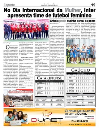 No Dia Internacional da Mulher, Inter
apresenta time de futebol feminino
19Esporte Jornal Correio do Sul
Quinta-Feira, 9 de Março de 2017
Porto Alegre
Porto Alegre
O
Inter apresentou
metade da equipe
defutebolfemini-
nopara2017nestaquarta-feira,
Dia Internacional da Mulher.
Depois de realizar uma peneira
no último domingo para sele-
cionaratletasparaascategorias
sub-13, sub-15, sub-17, sub-20
e adulta, o clube divulgou a
relação de aprovadas na tarde
de terça.
Em evento no museu co-
lorado aberto ao público nesta
quarta, estiveram presentes
as meninas remanescentes do
Canoas/Duda,timecomandado
pela ex-jogadora Duda, que
será a gerente de futebol do
Colorado. O time de Canoas
foi campeão gaúcho em 2016.
Aotodo,são16atletasque
se juntarão às outras 60 – entre
sub-20 e adulta – selecionadas
na peneira para formar o con-
junto principal. Elas partici-
parão de uma nova avaliação
no próximo sábado, às 14h, na
Escola Superior de Educação
O Grêmio desembarcou
em Barinas, Venezuela, na
noite desta terça-feira com
um Renato Gaúcho centra-
do, envolto em uma série
de problemas que terá de
solucionar para a estreia na
Libertadores, nesta quinta-
-feira, às 19h30, contra o Za-
mora. Em meio à ansiedade
inerente à primeira partida
na competição continental, o
comandante depara com um
quebra-cabeça a ser mon-
tado. Será preciso superar
cinco baixas que desman-
charam a espinha dorsal do
time pentacampeão da Copa
do Brasil em 2016 e se rein-
ventar para o duelo com os
venezuelanos.
E tudo graças a uma
terça-feira de notícias amar-
gas aos gremistas ainda no
último treinamento em solo
gaúcho, no CT Luiz Carva-
lho. O Tricolor não só teve
confirmada a ausência de
Maicon, com um desconfor-
to muscular que o tirara do
Gre-Nal 412, como perdeu,
com "surpresa", Pedro Ge-
romel. O zagueiro fraturou
Catarinense
Gaúcho
a costela em disputa pelo
alto com Brenner durante o
empate em 2 a 2 (reveja no
vídeo abaixo). Menos mal
que o tempo de parada foi
estimado em 15 dias pelos
médicos.
O volante e o zagueiro,
dois dos principais pilares
da equipe de Renato, en-
grossam uma lista que tem
Grêmio perde espinha dorsal do penta
ainda outros três campeões
da Copa do Brasil em 2016
como ausências. O primeiro
a integrar esse rol foi Edíl-
son, que realizou artrosco-
pia no joelho direito ainda
na pré-temporada e ainda
sofreu uma lesão muscular
no último teste antes de
uma estreia que ainda não
ocorreu em 2017.
Física (Esef) da Universidade
Federal do Rio Grande do Sul,
para fechar o elenco.
O Inter pretende apresen-
tar a equipe feminina completa
no intervalo do jogo contra o
São Paulo, pela oitava rodada
do Gauchão, no dia 18 de mar-
ço, no Beira-Rio.
Confira a lista de atletas
que se apresentaram nesta
quarta:
Gabriela Karine Becker (Go-
leira)
Luciane Vanzan (Goleira)
Camila Gravina da Silva (La-
teral Direita)
Daiana Saldanha da Silva (La-
teral Direita/Volante)
Maria Gabriela Cardoso Dias
(Lateral Direita)
Letícia Borges Carneiro (Late-
ral Esquerda/Zagueira)
Caroline da Rocha Capistrano
(Zagueira)
Grazziele Capitão Corrêa (Za-
gueira)
KethleenSusandaSilvaEstrai-
ch (Zagueira)
Daniella Zanolla (Volante)
Paloma Alves Castro Nasci-
mento (Volante)
Ana Clara Lima Esteves (Meio
Campo/Lateral Esquerda)
Vanessa Roman Bernardes
(Meio Campo)
Andreana da Silva Chemello
(Atacante)
Fernanda Soares Borba (Ata-
cante)
Juliana Paula de Souza Flores
(Atacante)
Comissão técnica:
Duda (Gerente de Futebol)
Tatiele Silveira (Treinadora)
Suellen Ramos (Preparadora
Física)
Felipe Casa Nova (Preparador
de Goleiras)
Carlos Daniel Barcelos Alves
(Auxiliar Técnico)
 
