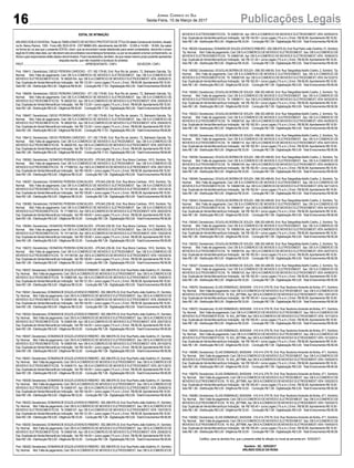 16 Publicações LegaisJornal Correio do Sul
Sexta-Feira, 10 de Março de 2017
EDITAL DE INTIMAÇÃO
ARLINDOEDÍLIODAROSA,TitulardoTABELIONATODENOTASEPROTESTOSDETÍTULOSdestaComarcadeSombrio,situado
naAv. Nereu Ramos, 1300 - Fone (48) 3533-0318 - CEP 88960-000, atendimento das 08:00h - 12:00h e 14:00h - 18:00h, faz saber
na forma da Lei aos que o presente EDITAL virem, que se encontram nesse tabelionato para serem protestados, decorrido o prazo
legalde03(três)diasúteis,pornãoteremsidoencontradosnosendereçosfornecidos,ouporserecusarematomarconhecimento,os
títuloscujosresponsáveisestãoabaixodiscriminados.Ficamesclarecidos,também,dequenessemesmoprazopoderãoapresentar
resposta escrita, que não impedirá a lavratura do protesto.
PROT.....................................................................................APRESENTANTE / CNPJ DEVEDOR / CNPJ
Prot: 156411; Devedor(es): DIEGO PEREIRA CARDOSO - 071.182.179-80, End: Rua Rio de Janeiro, 72, Balneario Gaivota; Tip:
Normal; Mot: Falta de pagamento; Ced: DB S.A COMERCIO DE MOVEIS E ELETRODOMEST; Sac: DB S.A COMERCIO DE
MOVEIS E ELETRODOMESTICOS; Tit: 66025104 ;Apr: DB S.ACOMERCIO DE MOVEIS E ELETRODOMEST; VEN: 20/06/2015;
Esp: Duplicata de Venda Mercantil por Indicação; Val: R$ 112,00 + Juros Legais (1% a.m.); Emol.: R$ 84,68.Apontamento R$ 16,50 -
SeloR$1,85-DistribuiçãoR$0,00-DiligênciaR$50,65- ConduçãoR$17,53-DigitalizaçãoR$0,00- TotalEmolumentosR$84,68.
Prot: 156409; Devedor(es): DIEGO PEREIRA CARDOSO - 071.182.179-80, End: Rua Rio de Janeiro, 72, Balneario Gaivota; Tip:
Normal; Mot: Falta de pagamento; Ced: DB S.A COMERCIO DE MOVEIS E ELETRODOMEST; Sac: DB S.A COMERCIO DE
MOVEIS E ELETRODOMESTICOS; Tit: 66025103 ;Apr: DB S.ACOMERCIO DE MOVEIS E ELETRODOMEST; VEN: 20/05/2015;
Esp: Duplicata de Venda Mercantil por Indicação; Val: R$ 112,00 + Juros Legais (1% a.m.); Emol.: R$ 84,68.Apontamento R$ 16,50 -
SeloR$1,85-DistribuiçãoR$0,00-DiligênciaR$50,65- ConduçãoR$17,53-DigitalizaçãoR$0,00- TotalEmolumentosR$84,68.
Prot: 156407; Devedor(es): DIEGO PEREIRA CARDOSO - 071.182.179-80, End: Rua Rio de Janeiro, 72, Balneario Gaivota; Tip:
Normal; Mot: Falta de pagamento; Ced: DB S.A COMERCIO DE MOVEIS E ELETRODOMEST; Sac: DB S.A COMERCIO DE
MOVEIS E ELETRODOMESTICOS; Tit: 66025102 ;Apr: DB S.ACOMERCIO DE MOVEIS E ELETRODOMEST; VEN: 20/04/2015;
Esp: Duplicata de Venda Mercantil por Indicação; Val: R$ 112,00 + Juros Legais (1% a.m.); Emol.: R$ 84,68.Apontamento R$ 16,50 -
SeloR$1,85-DistribuiçãoR$0,00-DiligênciaR$50,65- ConduçãoR$17,53-DigitalizaçãoR$0,00- TotalEmolumentosR$84,68.
Prot: 156413; Devedor(es): DIEGO PEREIRA CARDOSO - 071.182.179-80, End: Rua Rio de Janeiro, 72, Balneario Gaivota; Tip:
Normal; Mot: Falta de pagamento; Ced: DB S.A COMERCIO DE MOVEIS E ELETRODOMEST; Sac: DB S.A COMERCIO DE
MOVEIS E ELETRODOMESTICOS; Tit: 66025105 ;Apr: DB S.ACOMERCIO DE MOVEIS E ELETRODOMEST; VEN: 20/07/2015;
Esp: Duplicata de Venda Mercantil por Indicação; Val: R$ 112,00 + Juros Legais (1% a.m.); Emol.: R$ 84,68.Apontamento R$ 16,50 -
SeloR$1,85-DistribuiçãoR$0,00-DiligênciaR$50,65- ConduçãoR$17,53-DigitalizaçãoR$0,00- TotalEmolumentosR$84,68.
Prot: 156362; Devedor(es): DIONATAS PEREIRA GONCALVES - 079.943.239-36, End: Rua Breno Cardoso, 1810, Sombrio; Tip:
Normal; Mot: Falta de pagamento; Ced: DB S.A COMERCIO DE MOVEIS E ELETRODOMEST; Sac: DB S.A COMERCIO DE
MOVEISEELETRODOMESTICOS; Tit:171990102;Apr:DBS.ACOMERCIODEMOVEISEELETRODOMEST;VEN:26/01/2016;
Esp:DuplicatadeVendaMercantilporIndicação; Val:R$148,00+JurosLegais(1%a.m.);Emol.:R$56,58.ApontamentoR$16,50-
Selo R$ 1,85 - Distribuição R$ 0,00 - Diligência R$ 33,00 - Condução R$ 7,08 - Digitalização R$ 0,00- Total Emolumentos R$ 56,58.
Prot: 156357; Devedor(es): DIONATAS PEREIRA GONCALVES - 079.943.239-36, End: Rua Breno Cardoso, 1810, Sombrio; Tip:
Normal; Mot: Falta de pagamento; Ced: DB S.A COMERCIO DE MOVEIS E ELETRODOMEST; Sac: DB S.A COMERCIO DE
MOVEISEELETRODOMESTICOS; Tit:151140104;Apr:DBS.ACOMERCIODEMOVEISEELETRODOMEST;VEN:10/01/2016;
Esp:DuplicatadeVendaMercantilporIndicação; Val:R$126,90+JurosLegais(1%a.m.);Emol.:R$56,58.ApontamentoR$16,50-
Selo R$ 1,85 - Distribuição R$ 0,00 - Diligência R$ 33,00 - Condução R$ 7,08 - Digitalização R$ 0,00- Total Emolumentos R$ 56,58.
Prot: 156369; Devedor(es): DIONATAS PEREIRA GONCALVES - 079.943.239-36, End: Rua Breno Cardoso, 1810, Sombrio; Tip:
Normal; Mot: Falta de pagamento; Ced: DB S.A COMERCIO DE MOVEIS E ELETRODOMEST; Sac: DB S.A COMERCIO DE
MOVEISEELETRODOMESTICOS; Tit:171990103;Apr:DBS.ACOMERCIODEMOVEISEELETRODOMEST;VEN:26/02/2016;
Esp:DuplicatadeVendaMercantilporIndicação; Val:R$148,00+JurosLegais(1%a.m.);Emol.:R$56,58.ApontamentoR$16,50-
Selo R$ 1,85 - Distribuição R$ 0,00 - Diligência R$ 33,00 - Condução R$ 7,08 - Digitalização R$ 0,00- Total Emolumentos R$ 56,58.
Prot: 156364; Devedor(es): DIONATAS PEREIRA GONCALVES - 079.943.239-36, End: Rua Breno Cardoso, 1810, Sombrio; Tip:
Normal; Mot: Falta de pagamento; Ced: DB S.A COMERCIO DE MOVEIS E ELETRODOMEST; Sac: DB S.A COMERCIO DE
MOVEISEELETRODOMESTICOS; Tit:151140105;Apr:DBS.ACOMERCIODEMOVEISEELETRODOMEST;VEN:10/02/2016;
Esp:DuplicatadeVendaMercantilporIndicação; Val:R$126,90+JurosLegais(1%a.m.);Emol.:R$56,58.ApontamentoR$16,50-
Selo R$ 1,85 - Distribuição R$ 0,00 - Diligência R$ 33,00 - Condução R$ 7,08 - Digitalização R$ 0,00- Total Emolumentos R$ 56,58.
Prot: 156372; Devedor(es): DIONATAS PEREIRA GONCALVES - 079.943.239-36, End: Rua Breno Cardoso, 1810, Sombrio; Tip:
Normal; Mot: Falta de pagamento; Ced: DB S.A COMERCIO DE MOVEIS E ELETRODOMEST; Sac: DB S.A COMERCIO DE
MOVEISEELETRODOMESTICOS; Tit:151140106;Apr:DBS.ACOMERCIODEMOVEISEELETRODOMEST;VEN:10/03/2016;
Esp:DuplicatadeVendaMercantilporIndicação; Val:R$126,90+JurosLegais(1%a.m.);Emol.:R$56,58.ApontamentoR$16,50-
Selo R$ 1,85 - Distribuição R$ 0,00 - Diligência R$ 33,00 - Condução R$ 7,08 - Digitalização R$ 0,00- Total Emolumentos R$ 56,58.
Prot:156337;Devedor(es):DONARIADESOUZAJOVENCIORIBEIRO-052.398.679-33,End:RuaPedroJoãoGodinho,01,Sombrio;
Tip: Normal; Mot: Falta de pagamento; Ced: DB S.ACOMERCIO DE MOVEIS E ELETRODOMEST; Sac: DB S.ACOMERCIO DE
MOVEIS E ELETRODOMESTICOS; Tit: 53665108 ;Apr: DB S.ACOMERCIO DE MOVEIS E ELETRODOMEST; VEN: 15/08/2015;
Esp:DuplicatadeVendaMercantilporIndicação; Val:R$121,50+JurosLegais(1%a.m.);Emol.:R$56,58.ApontamentoR$16,50-
Selo R$ 1,85 - Distribuição R$ 0,00 - Diligência R$ 33,00 - Condução R$ 7,08 - Digitalização R$ 0,00- Total Emolumentos R$ 56,58.
Prot:156341;Devedor(es):DONARIADESOUZAJOVENCIORIBEIRO-052.398.679-33,End:RuaPedroJoãoGodinho,01,Sombrio;
Tip: Normal; Mot: Falta de pagamento; Ced: DB S.ACOMERCIO DE MOVEIS E ELETRODOMEST; Sac: DB S.ACOMERCIO DE
MOVEIS E ELETRODOMESTICOS; Tit: 63605108 ;Apr: DB S.ACOMERCIO DE MOVEIS E ELETRODOMEST; VEN: 25/09/2015;
Esp:DuplicatadeVendaMercantilporIndicação; Val:R$144,50+JurosLegais(1%a.m.);Emol.:R$56,58.ApontamentoR$16,50-
Selo R$ 1,85 - Distribuição R$ 0,00 - Diligência R$ 33,00 - Condução R$ 7,08 - Digitalização R$ 0,00- Total Emolumentos R$ 56,58.
Prot:156334;Devedor(es):DONARIADESOUZAJOVENCIORIBEIRO-052.398.679-33,End:RuaPedroJoãoGodinho,01,Sombrio;
Tip: Normal; Mot: Falta de pagamento; Ced: DB S.ACOMERCIO DE MOVEIS E ELETRODOMEST; Sac: DB S.ACOMERCIO DE
MOVEIS E ELETRODOMESTICOS; Tit: 63605106 ;Apr: DB S.ACOMERCIO DE MOVEIS E ELETRODOMEST; VEN: 25/07/2015;
Esp:DuplicatadeVendaMercantilporIndicação; Val:R$144,50+JurosLegais(1%a.m.);Emol.:R$56,58.ApontamentoR$16,50-
Selo R$ 1,85 - Distribuição R$ 0,00 - Diligência R$ 33,00 - Condução R$ 7,08 - Digitalização R$ 0,00- Total Emolumentos R$ 56,58.
Prot:156347;Devedor(es):DONARIADESOUZAJOVENCIORIBEIRO-052.398.679-33,End:RuaPedroJoãoGodinho,01,Sombrio;
Tip: Normal; Mot: Falta de pagamento; Ced: DB S.ACOMERCIO DE MOVEIS E ELETRODOMEST; Sac: DB S.ACOMERCIO DE
MOVEIS E ELETRODOMESTICOS; Tit: 63605109 ;Apr: DB S.ACOMERCIO DE MOVEIS E ELETRODOMEST; VEN: 25/10/2015;
Esp:DuplicatadeVendaMercantilporIndicação; Val:R$144,50+JurosLegais(1%a.m.);Emol.:R$56,58.ApontamentoR$16,50-
Selo R$ 1,85 - Distribuição R$ 0,00 - Diligência R$ 33,00 - Condução R$ 7,08 - Digitalização R$ 0,00- Total Emolumentos R$ 56,58.
Prot:156351;Devedor(es):DONARIADESOUZAJOVENCIORIBEIRO-052.398.679-33,End:RuaPedroJoãoGodinho,01,Sombrio;
Tip: Normal; Mot: Falta de pagamento; Ced: DB S.ACOMERCIO DE MOVEIS E ELETRODOMEST; Sac: DB S.ACOMERCIO DE
MOVEIS E ELETRODOMESTICOS; Tit: 63605110 ;Apr: DB S.ACOMERCIO DE MOVEIS E ELETRODOMEST; VEN: 25/11/2015;
Esp:DuplicatadeVendaMercantilporIndicação; Val:R$144,50+JurosLegais(1%a.m.);Emol.:R$56,58.ApontamentoR$16,50-
Selo R$ 1,85 - Distribuição R$ 0,00 - Diligência R$ 33,00 - Condução R$ 7,08 - Digitalização R$ 0,00- Total Emolumentos R$ 56,58.
Prot:156338;Devedor(es):DONARIADESOUZAJOVENCIORIBEIRO-052.398.679-33,End:RuaPedroJoãoGodinho,01,Sombrio;
Tip: Normal; Mot: Falta de pagamento; Ced: DB S.ACOMERCIO DE MOVEIS E ELETRODOMEST; Sac: DB S.ACOMERCIO DE
MOVEIS E ELETRODOMESTICOS; Tit: 63605107 ;Apr: DB S.ACOMERCIO DE MOVEIS E ELETRODOMEST; VEN: 25/08/2015;
Esp:DuplicatadeVendaMercantilporIndicação; Val:R$144,50+JurosLegais(1%a.m.);Emol.:R$56,58.ApontamentoR$16,50-
Selo R$ 1,85 - Distribuição R$ 0,00 - Diligência R$ 33,00 - Condução R$ 7,08 - Digitalização R$ 0,00- Total Emolumentos R$ 56,58.
Prot:156333;Devedor(es):DONARIADESOUZAJOVENCIORIBEIRO-052.398.679-33,End:RuaPedroJoãoGodinho,01,Sombrio;
Tip: Normal; Mot: Falta de pagamento; Ced: DB S.ACOMERCIO DE MOVEIS E ELETRODOMEST; Sac: DB S.ACOMERCIO DE
MOVEIS E ELETRODOMESTICOS; Tit: 53665107 ;Apr: DB S.ACOMERCIO DE MOVEIS E ELETRODOMEST; VEN: 15/07/2015;
Esp:DuplicatadeVendaMercantilporIndicação; Val:R$121,50+JurosLegais(1%a.m.);Emol.:R$56,58.ApontamentoR$16,50-
Selo R$ 1,85 - Distribuição R$ 0,00 - Diligência R$ 33,00 - Condução R$ 7,08 - Digitalização R$ 0,00- Total Emolumentos R$ 56,58.
Prot:156330;Devedor(es):DONARIADESOUZAJOVENCIORIBEIRO-052.398.679-33,End:RuaPedroJoãoGodinho,01,Sombrio;
Tip: Normal; Mot: Falta de pagamento; Ced: DB S.ACOMERCIO DE MOVEIS E ELETRODOMEST; Sac: DB S.ACOMERCIO DE
MOVEIS E ELETRODOMESTICOS; Tit: 63605105 ;Apr: DB S.ACOMERCIO DE MOVEIS E ELETRODOMEST; VEN: 25/06/2015;
Esp:DuplicatadeVendaMercantilporIndicação; Val:R$144,50+JurosLegais(1%a.m.);Emol.:R$56,58.ApontamentoR$16,50-
Selo R$ 1,85 - Distribuição R$ 0,00 - Diligência R$ 33,00 - Condução R$ 7,08 - Digitalização R$ 0,00- Total Emolumentos R$ 56,58.
Prot:156325;Devedor(es):DONARIADESOUZAJOVENCIORIBEIRO-052.398.679-33,End:RuaPedroJoãoGodinho,01,Sombrio;
Tip: Normal; Mot: Falta de pagamento; Ced: DB S.ACOMERCIO DE MOVEIS E ELETRODOMEST; Sac: DB S.ACOMERCIO DE
MOVEIS E ELETRODOMESTICOS; Tit: 63605104 ;Apr: DB S.ACOMERCIO DE MOVEIS E ELETRODOMEST; VEN: 25/05/2015;
Esp: Duplicata de Venda Mercantil por Indicação; Val: R$ 144,50 + Juros Legais (1% a.m.); Emol.: R$ 56,58.Apontamento R$ 16,50 -
Selo R$ 1,85 - Distribuição R$ 0,00 - Diligência R$ 33,00 - Condução R$ 7,08 - Digitalização R$ 0,00- Total Emolumentos R$ 56,58.
Prot:156329;Devedor(es):DONARIADESOUZAJOVENCIORIBEIRO-052.398.679-33,End:RuaPedroJoãoGodinho,01,Sombrio;
Tip: Normal; Mot: Falta de pagamento; Ced: DB S.ACOMERCIO DE MOVEIS E ELETRODOMEST; Sac: DB S.ACOMERCIO DE
MOVEIS E ELETRODOMESTICOS; Tit: 53665106 ;Apr: DB S.ACOMERCIO DE MOVEIS E ELETRODOMEST; VEN: 15/06/2015;
Esp: Duplicata de Venda Mercantil por Indicação; Val: R$ 121,50 + Juros Legais (1% a.m.); Emol.: R$ 56,58.Apontamento R$ 16,50 -
Selo R$ 1,85 - Distribuição R$ 0,00 - Diligência R$ 33,00 - Condução R$ 7,08 - Digitalização R$ 0,00- Total Emolumentos R$ 56,58.
Prot: 156352; Devedor(es): DOUGLAS BORBADE SOUZA- 098.353.489-60, End: Rua TelegrafistaAdolfo Coelho, 2, Sombrio; Tip:
Normal; Mot: Falta de pagamento; Ced: DB S.A COMERCIO DE MOVEIS E ELETRODOMEST; Sac: DB S.A COMERCIO DE
MOVEISEELETRODOMESTICOS; Tit:109080109;Apr:DBS.ACOMERCIODEMOVEISEELETRODOMEST;VEN:04/12/2015;
Esp: Duplicata de Venda Mercantil por Indicação; Val: R$ 182,50 + Juros Legais (1% a.m.); Emol.: R$ 56,58.Apontamento R$ 16,50 -
Selo R$ 1,85 - Distribuição R$ 0,00 - Diligência R$ 33,00 - Condução R$ 7,08 - Digitalização R$ 0,00- Total Emolumentos R$ 56,58.
Prot: 156363; Devedor(es): DOUGLAS BORBADE SOUZA- 098.353.489-60, End: Rua TelegrafistaAdolfo Coelho, 2, Sombrio; Tip:
Normal; Mot: Falta de pagamento; Ced: DB S.A COMERCIO DE MOVEIS E ELETRODOMEST; Sac: DB S.A COMERCIO DE
MOVEIS E ELETRODOMESTICOS; Tit:109080111 ;Apr:DB S.ACOMERCIODE MOVEIS E ELETRODOMEST;VEN:04/02/2016;
Esp: Duplicata de Venda Mercantil por Indicação; Val: R$ 182,50 + Juros Legais (1% a.m.); Emol.: R$ 56,58.Apontamento R$ 16,50 -
Selo R$ 1,85 - Distribuição R$ 0,00 - Diligência R$ 33,00 - Condução R$ 7,08 - Digitalização R$ 0,00- Total Emolumentos R$ 56,58.
Prot: 156323; Devedor(es): DOUGLAS BORBADE SOUZA- 098.353.489-60, End: Rua TelegrafistaAdolfo Coelho, 2, Sombrio; Tip:
Normal; Mot: Falta de pagamento; Ced: DB S.A COMERCIO DE MOVEIS E ELETRODOMEST; Sac: DB S.A COMERCIO DE
MOVEISEELETRODOMESTICOS; Tit:109080102;Apr:DBS.ACOMERCIODEMOVEISEELETRODOMEST;VEN:04/05/2015;
Esp: Duplicata de Venda Mercantil por Indicação; Val: R$ 182,50 + Juros Legais (1% a.m.); Emol.: R$ 56,58.Apontamento R$ 16,50 -
Selo R$ 1,85 - Distribuição R$ 0,00 - Diligência R$ 33,00 - Condução R$ 7,08 - Digitalização R$ 0,00- Total Emolumentos R$ 56,58.
Prot: 156356; Devedor(es): DOUGLAS BORBADE SOUZA- 098.353.489-60, End: Rua TelegrafistaAdolfo Coelho, 2, Sombrio; Tip:
Normal; Mot: Falta de pagamento; Ced: DB S.A COMERCIO DE MOVEIS E ELETRODOMEST; Sac: DB S.A COMERCIO DE
MOVEISEELETRODOMESTICOS; Tit:109080110;Apr:DBS.ACOMERCIODEMOVEISEELETRODOMEST;VEN:04/01/2016;
Esp: Duplicata de Venda Mercantil por Indicação; Val: R$ 182,50 + Juros Legais (1% a.m.); Emol.: R$ 56,58.Apontamento R$ 16,50 -
Selo R$ 1,85 - Distribuição R$ 0,00 - Diligência R$ 33,00 - Condução R$ 7,08 - Digitalização R$ 0,00- Total Emolumentos R$ 56,58.
Prot: 156336; Devedor(es): DOUGLAS BORBADE SOUZA- 098.353.489-60, End: Rua TelegrafistaAdolfo Coelho, 2, Sombrio; Tip:
Normal; Mot: Falta de pagamento; Ced: DB S.A COMERCIO DE MOVEIS E ELETRODOMEST; Sac: DB S.A COMERCIO DE
MOVEISEELETRODOMESTICOS; Tit:109080105;Apr:DBS.ACOMERCIODEMOVEISEELETRODOMEST;VEN:04/08/2015;
Esp: Duplicata de Venda Mercantil por Indicação; Val: R$ 182,50 + Juros Legais (1% a.m.); Emol.: R$ 56,58.Apontamento R$ 16,50 -
Selo R$ 1,85 - Distribuição R$ 0,00 - Diligência R$ 33,00 - Condução R$ 7,08 - Digitalização R$ 0,00- Total Emolumentos R$ 56,58.
Prot: 156348; Devedor(es): DOUGLAS BORBADE SOUZA- 098.353.489-60, End: Rua TelegrafistaAdolfo Coelho, 2, Sombrio; Tip:
Normal; Mot: Falta de pagamento; Ced: DB S.A COMERCIO DE MOVEIS E ELETRODOMEST; Sac: DB S.A COMERCIO DE
MOVEISEELETRODOMESTICOS; Tit:109080108;Apr:DBS.ACOMERCIODEMOVEISEELETRODOMEST;VEN:04/11/2015;
Esp: Duplicata de Venda Mercantil por Indicação; Val: R$ 182,50 + Juros Legais (1% a.m.); Emol.: R$ 56,58.Apontamento R$ 16,50 -
Selo R$ 1,85 - Distribuição R$ 0,00 - Diligência R$ 33,00 - Condução R$ 7,08 - Digitalização R$ 0,00- Total Emolumentos R$ 56,58.
Prot: 156343; Devedor(es): DOUGLAS BORBADE SOUZA- 098.353.489-60, End: Rua TelegrafistaAdolfo Coelho, 2, Sombrio; Tip:
Normal; Mot: Falta de pagamento; Ced: DB S.A COMERCIO DE MOVEIS E ELETRODOMEST; Sac: DB S.A COMERCIO DE
MOVEISEELETRODOMESTICOS; Tit:109080107;Apr:DBS.ACOMERCIODEMOVEISEELETRODOMEST;VEN:04/10/2015;
Esp: Duplicata de Venda Mercantil por Indicação; Val: R$ 182,50 + Juros Legais (1% a.m.); Emol.: R$ 56,58.Apontamento R$ 16,50 -
Selo R$ 1,85 - Distribuição R$ 0,00 - Diligência R$ 33,00 - Condução R$ 7,08 - Digitalização R$ 0,00- Total Emolumentos R$ 56,58.
Prot: 156340; Devedor(es): DOUGLAS BORBADE SOUZA- 098.353.489-60, End: Rua TelegrafistaAdolfo Coelho, 2, Sombrio; Tip:
Normal; Mot: Falta de pagamento; Ced: DB S.A COMERCIO DE MOVEIS E ELETRODOMEST; Sac: DB S.A COMERCIO DE
MOVEISEELETRODOMESTICOS; Tit:109080106;Apr:DBS.ACOMERCIODEMOVEISEELETRODOMEST;VEN:04/09/2015;
Esp: Duplicata de Venda Mercantil por Indicação; Val: R$ 182,50 + Juros Legais (1% a.m.); Emol.: R$ 56,58.Apontamento R$ 16,50 -
Selo R$ 1,85 - Distribuição R$ 0,00 - Diligência R$ 33,00 - Condução R$ 7,08 - Digitalização R$ 0,00- Total Emolumentos R$ 56,58.
Prot: 156332; Devedor(es): DOUGLAS BORBADE SOUZA- 098.353.489-60, End: Rua TelegrafistaAdolfo Coelho, 2, Sombrio; Tip:
Normal; Mot: Falta de pagamento; Ced: DB S.A COMERCIO DE MOVEIS E ELETRODOMEST; Sac: DB S.A COMERCIO DE
MOVEISEELETRODOMESTICOS; Tit:109080104;Apr:DBS.ACOMERCIODEMOVEISEELETRODOMEST;VEN:04/07/2015;
Esp: Duplicata de Venda Mercantil por Indicação; Val: R$ 182,50 + Juros Legais (1% a.m.); Emol.: R$ 56,58.Apontamento R$ 16,50 -
Selo R$ 1,85 - Distribuição R$ 0,00 - Diligência R$ 33,00 - Condução R$ 7,08 - Digitalização R$ 0,00- Total Emolumentos R$ 56,58.
Prot: 156327; Devedor(es): DOUGLAS BORBADE SOUZA- 098.353.489-60, End: Rua TelegrafistaAdolfo Coelho, 2, Sombrio; Tip:
Normal; Mot: Falta de pagamento; Ced: DB S.A COMERCIO DE MOVEIS E ELETRODOMEST; Sac: DB S.A COMERCIO DE
MOVEISEELETRODOMESTICOS; Tit:109080103;Apr:DBS.ACOMERCIODEMOVEISEELETRODOMEST;VEN:04/06/2015;
Esp: Duplicata de Venda Mercantil por Indicação; Val: R$ 182,50 + Juros Legais (1% a.m.); Emol.: R$ 56,58.Apontamento R$ 16,50 -
Selo R$ 1,85 - Distribuição R$ 0,00 - Diligência R$ 33,00 - Condução R$ 7,08 - Digitalização R$ 0,00- Total Emolumentos R$ 56,58.
Prot: 156076; Devedor(es): ELIAS EMMANUEL BASSANI - 010.414.379-78, End: Rua TeodoricoAmandio de Borba, 471, Sombrio;
Tip: Normal; Mot: Falta de pagamento; Ced: DB S.ACOMERCIO DE MOVEIS E ELETRODOMEST; Sac: DB S.ACOMERCIO DE
MOVEISEELETRODOMESTICOS; Tit:SGI_2677684;Apr:DBS.ACOMERCIODEMOVEISEELETRODOMEST;VEN:10/01/2015;
Esp: Duplicata de Venda Mercantil por Indicação; Val: R$ 165,45 + Juros Legais (1% a.m.); Emol.: R$ 56,58.Apontamento R$ 16,50 -
Selo R$ 1,85 - Distribuição R$ 0,00 - Diligência R$ 33,00 - Condução R$ 7,08 - Digitalização R$ 0,00- Total Emolumentos R$ 56,58.
Prot: 156072; Devedor(es): ELIAS EMMANUEL BASSANI - 010.414.379-78, End: Rua TeodoricoAmandio de Borba, 471, Sombrio;
Tip: Normal; Mot: Falta de pagamento; Ced: DB S.ACOMERCIO DE MOVEIS E ELETRODOMEST; Sac: DB S.ACOMERCIO DE
MOVEISEELETRODOMESTICOS; Tit:SGI_2677684;Apr:DBS.ACOMERCIODEMOVEISEELETRODOMEST;VEN:10/11/2014;
Esp: Duplicata de Venda Mercantil por Indicação; Val: R$ 165,45 + Juros Legais (1% a.m.); Emol.: R$ 56,58.Apontamento R$ 16,50 -
Selo R$ 1,85 - Distribuição R$ 0,00 - Diligência R$ 33,00 - Condução R$ 7,08 - Digitalização R$ 0,00- Total Emolumentos R$ 56,58.
Prot: 156074; Devedor(es): ELIAS EMMANUEL BASSANI - 010.414.379-78, End: Rua TeodoricoAmandio de Borba, 471, Sombrio;
Tip: Normal; Mot: Falta de pagamento; Ced: DB S.ACOMERCIO DE MOVEIS E ELETRODOMEST; Sac: DB S.ACOMERCIO DE
MOVEISEELETRODOMESTICOS; Tit:SGI_2677684;Apr:DBS.ACOMERCIODEMOVEISEELETRODOMEST;VEN:10/12/2014;
Esp: Duplicata de Venda Mercantil por Indicação; Val: R$ 165,45 + Juros Legais (1% a.m.); Emol.: R$ 56,58.Apontamento R$ 16,50 -
Selo R$ 1,85 - Distribuição R$ 0,00 - Diligência R$ 33,00 - Condução R$ 7,08 - Digitalização R$ 0,00- Total Emolumentos R$ 56,58.
Prot: 156085; Devedor(es): ELIAS EMMANUEL BASSANI - 010.414.379-78, End: Rua TeodoricoAmandio de Borba, 471, Sombrio;
Tip: Normal; Mot: Falta de pagamento; Ced: DB S.ACOMERCIO DE MOVEIS E ELETRODOMEST; Sac: DB S.ACOMERCIO DE
MOVEISEELETRODOMESTICOS; Tit:SGI_2677685;Apr:DBS.ACOMERCIODEMOVEISEELETRODOMEST;VEN:10/05/2015;
Esp: Duplicata de Venda Mercantil por Indicação; Val: R$ 165,45 + Juros Legais (1% a.m.); Emol.: R$ 56,58.Apontamento R$ 16,50 -
Selo R$ 1,85 - Distribuição R$ 0,00 - Diligência R$ 33,00 - Condução R$ 7,08 - Digitalização R$ 0,00- Total Emolumentos R$ 56,58.
Prot: 156078; Devedor(es): ELIAS EMMANUEL BASSANI - 010.414.379-78, End: Rua TeodoricoAmandio de Borba, 471, Sombrio;
Tip: Normal; Mot: Falta de pagamento; Ced: DB S.ACOMERCIO DE MOVEIS E ELETRODOMEST; Sac: DB S.ACOMERCIO DE
MOVEISEELETRODOMESTICOS; Tit:SGI_2677685;Apr:DBS.ACOMERCIODEMOVEISEELETRODOMEST;VEN:10/02/2015;
Esp: Duplicata de Venda Mercantil por Indicação; Val: R$ 165,45 + Juros Legais (1% a.m.); Emol.: R$ 56,58.Apontamento R$ 16,50 -
Selo R$ 1,85 - Distribuição R$ 0,00 - Diligência R$ 33,00 - Condução R$ 7,08 - Digitalização R$ 0,00- Total Emolumentos R$ 56,58.
Prot: 156080; Devedor(es): ELIAS EMMANUEL BASSANI - 010.414.379-78, End: Rua TeodoricoAmandio de Borba, 471, Sombrio;
Tip: Normal; Mot: Falta de pagamento; Ced: DB S.ACOMERCIO DE MOVEIS E ELETRODOMEST; Sac: DB S.ACOMERCIO DE
MOVEISEELETRODOMESTICOS; Tit:SGI_2677685;Apr:DBS.ACOMERCIODEMOVEISEELETRODOMEST;VEN:10/03/2015;
Esp: Duplicata de Venda Mercantil por Indicação; Val: R$ 165,45 + Juros Legais (1% a.m.); Emol.: R$ 56,58.Apontamento R$ 16,50 -
Selo R$ 1,85 - Distribuição R$ 0,00 - Diligência R$ 33,00 - Condução R$ 7,08 - Digitalização R$ 0,00- Total Emolumentos R$ 56,58.
Prot: 156082; Devedor(es): ELIAS EMMANUEL BASSANI - 010.414.379-78, End: Rua TeodoricoAmandio de Borba, 471, Sombrio;
Tip: Normal; Mot: Falta de pagamento; Ced: DB S.ACOMERCIO DE MOVEIS E ELETRODOMEST; Sac: DB S.ACOMERCIO DE
MOVEISEELETRODOMESTICOS; Tit:SGI_2677685;Apr:DBS.ACOMERCIODEMOVEISEELETRODOMEST;VEN:10/04/2015;
Esp: Duplicata de Venda Mercantil por Indicação; Val: R$ 165,45 + Juros Legais (1% a.m.); Emol.: R$ 56,58.Apontamento R$ 16,50 -
Selo R$ 1,85 - Distribuição R$ 0,00 - Diligência R$ 33,00 - Condução R$ 7,08 - Digitalização R$ 0,00- Total Emolumentos R$ 56,58.
Certifico, para os devidos fins, que o presente edital foi afixado no mural da serventia em: 10/03/2017.
Sombrio - SC, 10/03/2017
ARLINDO EDÍLIO DA ROSA
 