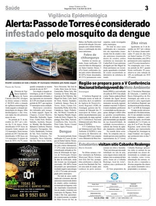 3Saúde Jornal Correio do Sul
Segunda-Feira, 9 de Abril de 2018
A Gerência Regional de
Educação reuniu na tarde de
sexta-feira, dia 6, no auditório
da Agência de Desenvolvi-
mento Regional (ADR) de
Araranguá, gestores das Se-
cretarias de Educação dos 15
municípios da Amesc, para
definir encaminhamentos para
organização da etapa regional
da V Conferência Nacional
Infantojuvenil pelo Meio Am-
biente (CNIJMA).
A V Conferência Nacio-
nal Infantojuvenil pelo Meio
Ambiente (CNIJMA) é uma
iniciativa do Ministério da
Educação (MEC) em conjunto
com o Ministério do MeioAm-
Na última semana o mé-
dico veterinário da Prefeitura
Municipal Morro Grande,
José Enio Dal Toé, acompa-
nhou professores e alunos da
escola Ana Machado Dal Toé,
em uma saída de campo, para
conhecer de perto animais
Vigilância Epidemiológica
Região se prepara para a V Conferência
NacionalInfantojuvenildoMeioAmbiente
EstudantesvisitamsítioCabanhaRealengo
biente (MMA) e será realizada
em junho de 2018. Esta edição
otema‘VamoscuidardoBrasil
Cuidando das Águas’ deverá
serconstruídoapartirdequatro
momentos: na escola, regional,
estadual e nacional. O objetivo
éreunirestudantes,professores
ecomunidadeescolarparapes-
quisar, dialogar e refletir sobre
as questões socioambientais,
a partir da utilização da água
pela humanidade que depende
da sua disponibilidade, da
realidade socioeconômica e
cultural, das formas de capta-
ção, tratamento e distribuição.
Na reunião desta sexta-
-feira, foi composta uma co-
missãoquetemcomomembros
representantes da 21ª Gered,
comuns em sítios e fazendas.
“Esteéumtemaqueestasendo
trabalhado em sala de aula,
como alguns alunos ainda não
tinhamvistoosanimaisdebem
perto, foram até a Cabanha
Realengo, local da visita”,
explicou uma a professora da
escola.
Zé Enio proprietário da
das 15 Secretarias Municipais
de Educação, e também da
Bacia Hidrográfica do Rio
Araranguá, que serão os res-
ponsáveis pela organização
da Conferência Regional, que
aconteceránapróximasemana,
dia 17, na ADR de Araranguá.
Aetapa escolar está acon-
tecendoatéofimdestasemana,
dia 14, nas unidades escolares
municipais, estaduais e parti-
culares da região, envolvendo
estudantes de 11 a 14 anos, ou
seja, do 6º ao 9º ano. Da etapa
Regional, serão eleitos três
trabalhos que representarão
a Regional de Araranguá na
etapa Estadual, em Laguna,
que acontecerá entre os dias 7
a 9 de maio.
Cabanha Realengo apresen-
tou todos os animais da sua
propriedade aos alunos de-
monstrando os cuidados que
são tratados, como vivem,
alimentação dos animais, ro-
tina do sitio e respondeu a
diversas perguntas dos alunos
que saíram encantados com a
propriedade e os animais.
A
Diretoria de Vigi-
lância Epidemio-
lógica de Santa
Catarina (Dive/SC) divulgou
na última semana o boletim
n° 06/2018 sobre a situação
da vigilância entomológica do
Aedes aegypti e a situação epi-
demiológica de dengue, febre
dechikungunya e zika vírus,
com dados dos três primeiros
meses do ano.
No período de 31 de de-
zembro de 2017 até o últi-
mo dia 31 de março, foram
identificados 6.929 focos do
mosquito Aedes aegypti em
132 municípios. Nesse mesmo
período em 2017, haviam sido
identificados 4.208 focos em
116 municípios. O número de
focos de 2018 é 64,7% maior
Araranguá
Morro Grande
Passo de Torres
Alerta:PassodeTorreséconsiderado
infestado pelo mosquito da dengue
G.C.S LTDA - ME CNPJ 17.467.695/0001-19
Comercial:
l48l 3533.0870
comercial@grupocorreiodosul.com.br
ali@grupocorreiodosul.com.br
Diretor Geral
diretor@grupocorreiodosul.com.br
Redação:
Gislaine Fontoura
editor@grupocorreiodosul.com.br
Publicações legais:
tomaz@grupocorreiodosul.com.br
Financeiro
financeiro@grupocorreiodosul.com.br
Diagramação/Arte:
Erivaldo Ferreira (Aldo)
cristian@grupocorreiodosul.com.br
Sul Gráfica
sulgrafica@grupocorreiodosul.com.br
Circulação/Assinatura
l48l 3533.0870
assinaturas@grupocorreiodosul.com.br
Dive/SC considera em todo o Estado, 67 municípios infestados pelo Aedes aegypti
quando comparado ao mesmo
período do ano de 2017.
Em relação à situação en-
tomológica, já são 67 municí-
pios considerados infestados, o
que representa um incremento
de21,8%emrelaçãoaomesmo
período de 2017, que registrou
55 municípios nessa condição.
Municípios considera-
dos infestados pelo mosqui-
to Aedes aegypti: Águas de
Chapecó, Coronel Martins,
Maravilha, Quilombo, Águas
Frias, Cunha Porã, Modelo,
Saltinho, Anchieta, Descan-
so, Mondaí, São Bernardino,
Balneário Camboriú, Dionísio
Cerqueira, Navegantes, São
Carlos, Bandeirante, Formosa
do Sul, Nova Erechim, São
Domingos, Belmonte, Flo-
rianópolis, Nova Itaberaba,
São José, Bom Jesus, Galvão,
Novo Horizonte, São José do
Cedro, Bom Jesus do Oeste,
Guaraciaba, Palma Sola, São
Lourenço do Oeste, Brusque,
Guarujá do Sul, Palmitos, São
Miguel do Oeste, Caibi, Iporã
do Oeste, Paraíso, Saudades,
Camboriú, Ipuaçu, Passo de
Torres, Seara, Campo Erê,
Iraceminha, Penha, SerraAlta,
Catanduvas, Itajaí, Pinhalzi-
nho, Sul Brasil, Caxambu do
Sul, Itapema, Planalto Alegre,
União do Oeste, Chapecó, Ita-
piranga, Porto Belo, Xanxerê,
Cordilheira Alta, Joinville,
Porto União, Xaxim, Coronel
Freitas, Jupiá e Princesa
No mesmo período, foram
notificados 615 casos de den-
gueemSantaCatarina.Desses,
5 (1%) foram confirmados (to-
dos pelo critério laboratorial),
17 (2%) estão inconclusivos
(classificação utilizada no Sis-
tema de Informação de Agra-
vos de Notificação (Sinan)
para os casos que, após 60 dias
da data de notificação, ainda
não tiveram sua investigação
encerrada), 490 (80%) foram
descartados por apresentarem
resultadonegativoparadengue
e 103 (17%) estão sob investi-
gação pelos municípios.
Do total de casos confir-
mados até o momento, dois são
autóctones (transmissão dentro
do estado), ambos residentes
nomunicípiodeItapema,etrês
são importados (transmissão
fora do estado), residentes nos
municípios de Biguaçu, Porto
União e São José, apresentan-
do,respectivamente,osestados
do Mato Grosso do Sul, da
Dengue
Zika vírusBahia e da Paraíba como local
prováveldeinfecção.Emcom-
paração com o último boletim,
houve a confirmação dos dois
casos autóctones.
Também no mesmo pe-
ríodo, foram notificados 129
casos de febre de chikungunya
em Santa Catarina. Desses, 5
(4%) foram confirmados (to-
dos pelo critério laboratorial),
84 (65%) foram descartados,
40 (31%) permanecem como
suspeitos, sendo investigados
pelos municípios.
Do total de cinco casos
confirmados até o momento,
três são importados (trans-
missão fora do estado) e dois
são autóctones (transmissão
dentro do estado), ambos
residentes no município de
Cunha Porã. O caso autóctone
divulgado por São Miguel do
Oeste permanece em investi-
gação, aguardando o resultado
do exame encaminhado ao
laboratório de referência do
estado.
Igualmente, de 31 de de-
zembro de 2017 até o último
dia 31 de março, foram notifi-
cados 35 casos de zika vírus
em Santa Catarina, 27 (77%)
foram descartados, sete (20%)
permanecem como suspeitose
eum(3%)comoinconclusivo.
Na comparação com o mes-
mo período de 2017, quando
foram notificados 39 casos,
observa-se uma redução de
10% na notificação em 2018
(35 casos).
Febre de
chikungunya
 