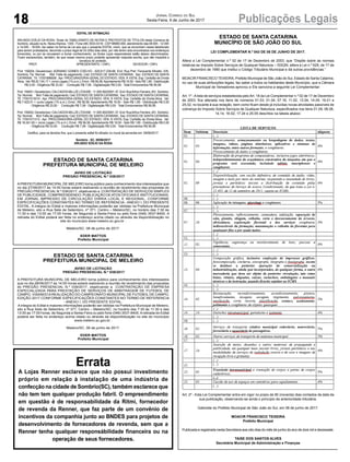 18 Publicações LegaisJornal Correio do Sul
Sexta-Feira, 9 de Junho de 2017
EDITAL DE INTIMAÇÃO
ARLINDO EDÍLIO DA ROSA, Titular do TABELIONATO DE NOTAS E PROTESTOS DE TÍTULOS desta Comarca de
Sombrio, situado naAv. Nereu Ramos, 1300 - Fone (48) 3533-0318 - CEP 88960-000, atendimento das 08:00h - 12:00h
e 14:00h - 18:00h, faz saber na forma da Lei aos que o presente EDITAL virem, que se encontram nesse tabelionato
para serem protestados, decorrido o prazo legal de 03 (três) dias úteis, por não terem sido encontrados nos endereços
fornecidos, ou por se recusarem a tomar conhecimento, os títulos cujos responsáveis estão abaixo discriminados.
Ficam esclarecidos, também, de que nesse mesmo prazo poderão apresentar resposta escrita, que não impedirá a
lavratura do protesto.
PROT. APRESENTANTE / CNPJ DEVEDOR / CNPJ
Prot: 159204; Devedor(es): ADRIANO GOMES COELHO - 625.617.239-68, End: Rua Pref. Fioravante Minatto, S/N,
Sombrio; Tip: Normal; Mot: Falta de pagamento; Ced: ESTADO DE SANTA CATARINA; Sac: ESTADO DE SANTA
CATARINA; Tit: 17001896606 ; Apr: PROCURADORIA-GERAL DO ESTADO; VEN: À VISTA; Esp: Certidão de Dívida
Ativa; Val: R$ 20.134,17 + Juros Legais (1% a.m.); Emol.: R$ 56,58.Apontamento R$ 16,50 - Selo R$ 1,85 - Distribuição
R$ 0,00 - Diligência R$ 33,00 - Condução R$ 7,08 - Digitalização R$ 0,00- Total Emolumentos R$ 56,58.
Prot: 159201; Devedor(es): CALCADOS MILLZE LTDAME - 11.005.902/0001-37, End: RuaArthur Ferreira, 451, Sombrio;
Tip: Normal; Mot: Falta de pagamento; Ced: ESTADO DE SANTACATARINA; Sac: ESTADO DE SANTACATARINA;
Tit: 17001513014 ; Apr: PROCURADORIA-GERAL DO ESTADO; VEN: À VISTA; Esp: Certidão de Dívida Ativa; Val:
R$ 7.425,01 + Juros Legais (1% a.m.); Emol.: R$ 56,58. Apontamento R$ 16,50 - Selo R$ 1,85 - Distribuição R$ 0,00
- Diligência R$ 33,00 - Condução R$ 7,08 - Digitalização R$ 0,00- Total Emolumentos R$ 56,58.
Prot: 159202; Devedor(es): CALCADOS MILLZE LTDAME - 11.005.902/0001-37, End: RuaArthur Ferreira, 451, Sombrio;
Tip: Normal; Mot: Falta de pagamento; Ced: ESTADO DE SANTACATARINA; Sac: ESTADO DE SANTACATARINA;
Tit: 17001511313 ; Apr: PROCURADORIA-GERAL DO ESTADO; VEN: À VISTA; Esp: Certidão de Dívida Ativa; Val:
R$ 18.241,65 + Juros Legais (1% a.m.); Emol.: R$ 56,58. Apontamento R$ 16,50 - Selo R$ 1,85 - Distribuição R$ 0,00
- Diligência R$ 33,00 - Condução R$ 7,08 - Digitalização R$ 0,00- Total Emolumentos R$ 56,58.
Certifico, para os devidos fins, que o presente edital foi afixado no mural da serventia em: 09/06/2017.
Sombrio - SC, 09/06/2017
ARLINDO EDÍLIO DA ROSA
ESTADO DE SANTA CATARINA
PREFEITURA MUNICIPAL DE MELEIRO
AVISO DE LICITAÇÃO
PREGÃO PRESENCIAL N.º 038/2017
APREFEITURAMUNICIPAL DE MELEIRO torna público para conhecimento dos interessados que
no dia 27/06/2017 às 14:00 horas estará realizando a reunião de recebimento das propostas do
PREGÃO PRESENCIAL N.º 038/2017, objetivando a CONTRATAÇÃO DE SERVIÇOS SIMPLES
DE PUBLICIDADE, COMPREENDENDO: PUBLICAÇÃO DEATOS OFICIAIS E INSTITUCIONAIS,
EM JORNAL IMPRESSO DE CIRCULAÇÃO DIÁRIA LOCAL E REGIONAL, CONFORME
ESPECIFICAÇÕES CONSTANTES NO TERMO DE REFERENCIA - ANEXO I, DO PRESENTE
EDITAL. A integra do Edital e maiores informações poderão ser obtidas na Prefeitura Municipal
de Meleiro, sito a Rua Sete de Setembro, nº 371, Centro – Meleiro/SC, no horário das 7:30 às
11:30 e das 13:00 as 17:00 horas, de Segunda a Sexta-Feira ou pelo fone (048) 3537-8400. A
retirada do Edital poderá ser feita no endereço acima citado ou através da disponibilização no
site do município www.meleiro.sc.gov.br .
Meleiro/SC, 08 de junho de 2017.
EDER MATTOS
Prefeito Municipal
ESTADO DE SANTA CATARINA
PREFEITURA MUNICIPAL DE MELEIRO
AVISO DE LICITAÇÃO
PREGÃO PRESENCIAL N.º 039/2017
A PREFEITURA MUNICIPAL DE MELEIRO torna público para conhecimento dos interessados
que no dia 28/06/2017 às 14:00 horas estará realizando a reunião de recebimento das propostas
do PREGÃO PRESENCIAL N.º 039/2017, objetivando a CONTRATAÇÃO DE EMPRESA
ESPECIALIZADA PARA PRESTAÇÃO DE SERVIÇOS DE ARBITRAGEM DE FUTEBOL DE
CAMPO, VISANDO A REALIZAÇÃO DO CAMPEONATO MUNICIPAL DE FUTEBOL DE CAMPO,
EDIÇÃO 2017 CONFORME ESPECIFICAÇÕES CONSTANTES NO TERMO DE REFERENCIA
- ANEXO I, DO PRESENTE EDITAL.
A integra do Edital e maiores informações poderão ser obtidas na Prefeitura Municipal de Meleiro,
sito a Rua Sete de Setembro, nº 371, Centro – Meleiro/SC, no horário das 7:30 às 11:30 e das
13:00 as 17:00 horas, de Segunda a Sexta-Feira ou pelo fone (048) 3537-8400. A retirada do Edital
poderá ser feita no endereço acima citado ou através da disponibilização no site do município
www.meleiro.sc.gov.br .
Meleiro/SC, 08 de junho de 2017.
EDER MATTOS
Prefeito Municipal
Errata
A Lojas Renner esclarece que não possui investimento
próprio em relação à instalação de uma indústria de
confecção na cidade de Sombrio(SC), também esclarece que
não tem tem qualquer produção fabril. O empreendimento
em questão é de responsabilidade da Ritmi, fornecedor
de revenda da Renner, que faz parte de um convênio de
incentivos da companhia junto ao BNDES para projetos de
desenvolvimento de fornecedores de revenda, sem que a
Renner tenha qualquer responsábilidade financeira ou na
operação de seus fornecedores.
ESTADO DE SANTA CATARINA
MUNICÍPIO DE SÃO JOÃO DO SUL
LEI COMPLEMENTAR N.º 043 DE 08 DE JUNHO DE 2017.
Altera a Lei Complementar n.º 02 de 17 de Dezembro de 2003, que “Dispõe sobre as normas
relativas ao Imposto Sobre Serviços de Qualquer Natureza – ISSQN, altera a Lei n.º 629, de 17 de
dezembro de 1990 que institui o Código Tributário Municipal e dá outras providências.”
MOACIR FRANCISCO TEIXEIRA, Prefeito Municipal de São João do Sul, Estado de Santa Catarina,
no uso de suas atribuições legais, faz saber a todos os habitantes deste Município, que a Câmara
Municipal de Vereadores aprovou e Ele sanciona a seguinte Lei Complementar:
Art. 1º -A lista de serviços estabelecida peloArt. 18 da Lei Complementar n.º 02 de 17 de Dezembro
de 2003, fica alterada nos itens de números 01.03, 01.04, 07.16, 11.02, 13.04, 14.05, 16.01 e
25.02, no tocante à sua redação, bem como ficam desde já incluídas novas atividades passíveis de
cobrança do Imposto Sobre Serviços de Qualquer Natureza, especificados nos itens 01.09, 06.06,
14.14, 16.02, 17.24 e 25.05 descritos na tabela abaixo:
Art. 2º - Esta Lei Complementar entra em vigor no prazo de 90 (noventa) dias contados da data da
sua publicação, observando-se ainda o princípio da anterioridade tributária.
Gabinete do Prefeito Municipal de São João do Sul, em 08 de junho de 2017.
MOACIR FRANCISCO TEIXEIRA
Prefeito Municipal
Publicada e registrada nesta Secretaria aos oito dias do mês de junho do ano de dois mil e dezessete.
TAISE DOS SANTOS ALVES
Secretária Municipal de Administração e Finanças
 