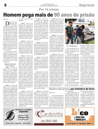 8 SegurançaJornal Correio do Sul
Quinta-Feira, 9 de Agosto de 2018
Maracajá
Sombrio
Quatro são presos por tentativa de furto
Homem pega mais de 90 anos de prisão
Na noite desta terça-feira,
dia 7, um pouco antes da meia-
-noite, a Polícia Militar de
Araranguá e de Maracajá foi
acionada para atender uma
ocorrência de furto tentado em
uma empresa de fumo, locali-
zada às margens da rodovia BR
D
iego das Neves
Oliveira dos San-
tos, de 28 anos, o
criminoso que colocou terror
na cidade de Sombrio, recebeu
uma condenação histórica de
90 anos de prisão, por crimes
derouboeumcrimedeestupro
ocorridos em 2017. Na época
a comunidade de Sombrio
ficou apavorada, tendo grande
preocupação com as ações de
criminalidade de Diego, que
é acusado de diversos assal-
tos e até estupro. Os crimes
julgados no mês passado pelo
PoderJudiciáriodaComarcade
Sombrio aconteceram no ano
de 2017, na maioria das vezes,
com uso de faca.
De acordo com as infor-
mações da Policia Civil de
Sombrio,ocondenadoinicioua
sequênciadecrimes,apartirdo
dia08deagostode2017eapós
a investigação, foi concluído
que ele era autor de 14 crimes
no município.
Crime 1 - No dia 8 de
agosto de 2017, por volta das
22 horas, em uma via pública
de Sombrio, Diego rendeu
duas mulheres, mediante grave
ameaça exercida com emprego
deumafaca,esubtraiudasvíti-
mas dois aparelhos de telefone
celular, além de R$ 80,00, em
espécie, fugindo do local na
posse dos bens subtraídos.
Crime 2 - No dia 10 de
agosto de 2017, por volta das
22 horas, em via pública, nas
imediaçõesdoShoppingOutlet
Japonês, localizado na avenida
Adolfo Tiscoski, Diego e outro
homem não identificado nas
investigações renderam duas
mulheres e um homem, me-
diante grave ameaça, exercida
com emprego de uma faca,
e subtraíram das vítimas três
aparelhos de telefone celular.
Na sequência, Diego e seu
comparsa empreenderam fuga
Por 14 crimes
101, em Maracajá.
Segundo informações da
PM de Araranguá, ocorreu um
disparo de alarme e assim que
acionados, os militares se diri-
giram ao local. A guarnição de
Maracajáfoiaprimeiraachegar
no local e de imediato avistou
dois homens que saíram de um
veículo e correram em direção
aoutro,ondeestavammaisdois
do local na posse dos bens
subtraídos.
Crime 3 - No dia 11 de
agosto de 2017, por volta das
19 horas, em via pública, nas
imediaçõesdacrecheAsies,lo-
calizada na rua Santo Antônio,
Diego rendeu duas mulheres,
mediante grave ameaça exerci-
da com emprego de uma faca,
e subtraiu de uma vítima um
aparelho de telefone celular,
além de R$ 5,00, em espécie.
Crime 4 - No dia 17 de
agosto de 2017, por volta das
18 horas, em via pública, na
rua Doutor Antônio Bottini,
Diego rendeu duas mulheres,
mediante grave ameaça, exer-
cidacomempregodeumafaca,
e subtraiu de uma das vítimas
umaparelhodetelefonecelular.
Crime 5 - No dia 17 de
agosto de 2017, por volta das
21h30min, em via pública, nas
imediações do Colégio CAIC,
situado na rua Telegrafista
Adolfo Coelho, Diego rendeu
uma mulher, mediante grave
ameaça, exercida com empre-
go de uma faca, e subtraiu da
vítima um aparelho de telefone
celular, em ato continuo, o
marginal conduziu a mulher
até um matagal próximo ao
Colégio CAIC e, empunhando
uma faca e sob ameaças de que
também portava uma arma de
fogo, constrangeu a vítima a
ter conjunção carnal com ele,
dizendo que a mataria caso não
aceitasse. O mesmo abusou a
mulher e depois empreendeu
fuga do local, na posse do ce-
lular subtraído
Crime 6 - No dia 15 de
agosto de 2017, por volta das
23h30min, em via pública,
na avenida Papa João XXIII,
Diego, junto de um comparsa
não identificado, rendeu um
homem e mediante grave ame-
aça exercida com emprego de
uma faca, subtraiu da vítima
umaparelhodetelefonecelular,
fugindo do local.
homens, um deles cadeirante.
Os quatro envolvidos fo-
ram presos e encaminhado à
Central de Plantão Policial de
Araranguá, os veículos onde
estavam os marginais foram
removidos para o pátio da per-
missionária de guincho,
APM ainda constatou que
umaportalateraldaempresafoi
arrombada.
Crime 7 – No dia 19
de agosto de 2017, por volta
das 22 horas, em via pública,
na rua Máximo Rodrigues
da Silva, Diego entrou pela
porta do motorista no veículo
de uma mulher, que estava
na direção do automóvel e a
rendeu, mediante grave ame-
aça exercida com emprego
de uma faca, subtraindo da
vítima um aparelho de tele-
fone celular. Na sequência o
criminoso empreendeu fuga
do local a pé.
Crime 8 - No dia 24 de
agostode2017,porvoltadas23
horas,emviapública,naaveni-
daNereuRamos,Diegorendeu
três homens e mediante grave
ameaça exercida com emprego
deumafaca,esubtraiudasvíti-
mas dois aparelhos de telefone
celular, fugindo do local.
Crime 9 - No dia 28 de
agosto de 2017, por volta das
22h30min, em via pública, na
Travessa Manoel Elias Olivei-
ra, Diego rendeu um jovem e
mediante grave ameaça exer-
cida com uma faca, subtraiu da
vítima um aparelho de telefone
celular.
Crime 10 - No dia 28 de
agosto de 2017, por volta das
23 horas, em via pública, nas
imediações da Escola Jovem,
situada na rua Manoel Elias
Oliveira, Diego rendeu duas
jovens,mediantegraveameaça,
exercida com emprego de uma
faca, e subtraiu de uma das ví-
timas um aparelho de telefone
celular, fugindo do local na
posse do bem subtraído.
Crime 11 - No dia 30 de
agosto de 2017, por volta das
6h30min, em via pública, en-
tre as ruas Demétrio Coelho e
Breno Cardoso, Diego rendeu
uma mulher, onde mediante
simulação de porte de arma
de fogo, subtraiu da vítima um
aparelho de telefone celular,
fugindo do local na posse do
bem subtraído
Crime 12 - No dia 1º de
setembro de 2017, por volta
das 12h30min, em via pública,
na rua Jose Pereira dos Santos,
Diego rendeu um homem, me-
diante grave ameaça, exercida
com emprego de uma faca, e
subtraiu da vítima R$ 30,00,
emespécie,fugindodolocalna
posse do numerário subtraído.
Crime 13 - No 1º de se-
tembro de 2017, por volta das
21 horas, na rua Telegrafista
Adolfo Coelho, no Centro,
Diego furtou um veículo GM/
Corsa Wind, que estava esta-
cionado em via pública. No
mesmo dia, aproximadamente
0h30min, a guarnição da Po-
lícia Militar localizou o citado
automóvelabandonadoàsmar-
gens da BR-101, em Sombrio
Crime 14 - No dia 1º de
setembrode2017,porvoltadas
23h30min, em via pública, nas
imediações da Igreja Assem-
bleiadeDeus,situadanaruaAl-
bertoSantos,Diegorendeuuma
mulher,mediantegraveameaça
e violência e subtraiu da vítima
umaparelhodetelefonecelular.
Ainda, segundo as investiga-
ções, quando Diego se aproxi-
mou da vítima, com uma faca
empunhoeanunciouoassalto,
a vítima tentou se desvencilhar
da ação do bandido ele então
puxou pelos cabelos e a jogou
a mulher no chão, lesionando o
joelho da vítima. Na sequência
omarginalembarcounoveícu-
lo GM/Corsa Wind, que havia
furtado naquele mesmo dia, e
empreendeu fuga do local.
Parte da decisão do juiz
Evandro Volmar Rizzo, da
Comarca de Sombrio, em 30
de julho de 2018:
“Diante do exposto, julgo
parcialmente procedente a
denúncia para condenar Diego
das Neves Oliveira dos Santos,
já qualificado, ao cumprimento
dapenade90(noventa)anos,5
(cinco) meses e 21 (vinte e um)
dias de reclusão, em regime
inicialfechado,com158(cento
e cinquenta e oito) dias-multa,
cada qual no valor mínimo
legal, por infração ao art. 157,
caput, do CP (fatos 1 , 2, 3, 4,
5, 6, 7, 8, 9, 10, 11 e 13 ) e art.
213,caput(fato5)c/cart.69do
CP; e absolver das imputações
constantes nos fatos 12 e 14 da
denúncia, com fundamento no
art. 386, VII, do CPP.
No que tange ao disposto
no § 2º do art. 387 do CPP,
incabível a progressão para o
regime mais brando ao acusa-
do porque, ao que se infere da
data de sua prisão e da reinci-
dência, ainda não alcançou o
quantum de 3/5 (três quintos)
da pena imposta (art. 2º, § 2º,
da Lei n. 8.072/90).
Não permito que o acu-
sado recorra em liberdade,
e o recomendo no presídio
onde se encontra, porque per-
sistem os motivos que enseja-
ram até agora a manutenção
de sua prisão (art. 312 do
CPP), conforme abordagem
das fls. 66/68 dos autos n.
0002092-02.2017.8.24.0069,
ainda íntegra, caso em que
“não configura ilegalidade
a remissão, na sentença, aos
motivos do ato que implicara
a prisão preventiva, dada a
ausência de alteração do qua-
dro fático-processual desde a
data da decretação da referida
medida” (STF, Habeas Corpus
n. 101248/CE, Rel. Min. Luiz
Fux)”.
A sentença
Quais foram
os crimes
 