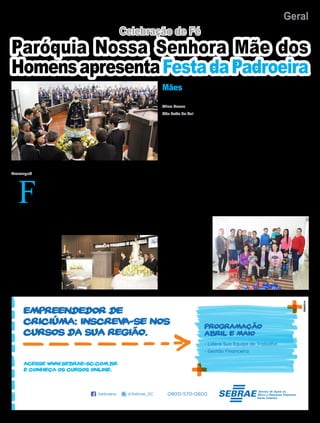 10 GeralJornal Correio do Sul
Terça-Feira, 10 de Abril de 2018
O grupo de interação para
mamães gestantes de São João
do Sul, que foi criado ano
passado é um sucesso. Em
2017, cerca de 15 mães de
recém-nascidos e gestantes,
que tiveram gravidez precoce
se reuniam a cada mês para pa-
lestras e uma conversa descon-
traída no Centro de Referência
e Assistência Social (Cras)do
município.
Segundo Luciane Bit-
tencourt de Souza, psicóloga
do órgão, o grupo foi bem
procurado e as participantes
manifestaram felicidade com
o bate-papo , envolvendo a
maternidade, filhos, planos.
Acompanhe uma conversa
que a reportagem teve com
Luciane:
Há muitos grupos de ges-
tantes em vários municípios.
Por que aqui foi criado um
específico para adolescentes?
Sãotantogestantesquanto
mamães adolescentes. Senti-
mos a necessidade de apoiar
tanto ela quanto a família,
para que ela não pare de es-
tudar, para que os familiares
ajudem com o bebê, para a
prevenção de uma nova gra-
videz, se há apoio familiar, se
o companheiro, quando tem,
F
altandomenos
de um mês
para a festa
da padroeira
do município
de Araranguá, Nossa Senhora
Mãe dos Homens, celebrada
no próximo dia 04 de Maio,
representantes da Paróquia
Nossa Senhora Mãe dos Ho-
mens, liderados pelo Padre
Alírio Leandro, participaram
da sessão desta segunda-feira,
dia 09, na Câmara deVereado-
res de Araranguá.
Uma réplica da imagem
da santa foi posicionada no
plenário e um grupo de fes-
teiros, noveneiros e fiéis lotou
a plateia. A programação da
festa, que leva em torno de
uma semana - sem contar com
novenas e festejos nos bairros
Celebração de Fé
Mãesderecém-nascidosegestantesse
reúnem para bate-papo com pscicóloga
está sendo realmente parceiro.
É isso. Queremos que elas
não abandonem a escola e
acompanhá-las.
CS: Quais as principais
dúvidas delas?
Luciane: As gestantes
buscamsabermaissobreopar-
to, como será o cuidado com
a criança, com certo receio
dessa fase. As mamães já vêm
mais tranquilas e até ajudam
a tirar dúvidas das grávidas.
Esse também é um dos nossos
objetivos, o fortalecimento de
vínculos entre elas. Elas tro-
camexperiências,têmdiálogo.
CS: Como funciona o
grupo?
Luciane: É um encontro
mensal, e a cada encontro
nos meses que a antecede,
neste ano ganha um aditivo,
quando na principal celebra-
ção (realizada no dia 04 de
maio), um decreto que eleva a
paróquia a Santuário será en-
tregue pelo Bispo Dom Jacinto
Flachàcomunidade.“Estamos
felizes e aguardamos ansiosa-
menteporestemomento,queé
considerado muito importante
para toda a paróquia”, disse o
padre Alírio.
vem um profissional diferen-
te, como pediatras, pessoal
da educação, alguém que dê
dicas sobre o pós-parto. São
várias áreas.
CS:Comovocêsavaliam
a participação das mães e
gestantes?
Luciane:Elasestãomuito
empolgadas, motivadas, sem-
pre vêm todas. Tivemos uma
procura grande sem precisar
irmos em busca ativa. Há a
interação entre elas.
CS: E qual a meta da
equipe do CRAS?
Luciane: Pretendemos
que elas se motivem mesmo,
que queiram continuar estu-
dando, falar dos sentimentos
quanto à maternidade.
Os vereadores aproveita-
ram para enaltecer a elevação
a santuário para a própria
economia da cidade. “Além
de ser importante para os fi-
éis, a economia do município
ganhará com a elevação a
santuário, atraindo, inclusive,
mais turistas para a cidade, já
queoTurismoReligiosoéuma
ótima maneira de contribuir
comaarrecadação”,comentou
o vereador, Neno Fontoura.
Aline Bauer
São João do Sul
Araranguá
Paróquia Nossa Senhora Mãe dos
HomensapresentaFestadaPadroeira
Réplica da imagem da santa foi posicionada no plenário, católicos lotaram a platéia
Empreendedor de
Criciúma: inscreva-se nos
cursos da sua região.
- Lidere Sua Equipe de Trabalho
- Gestão Financeira
Programação
abril e maio
Acesse www.sebrae-SC.com.br
e conheça os cursos online.
0800-570-0800/sebraesc @Sebrae_SC
 